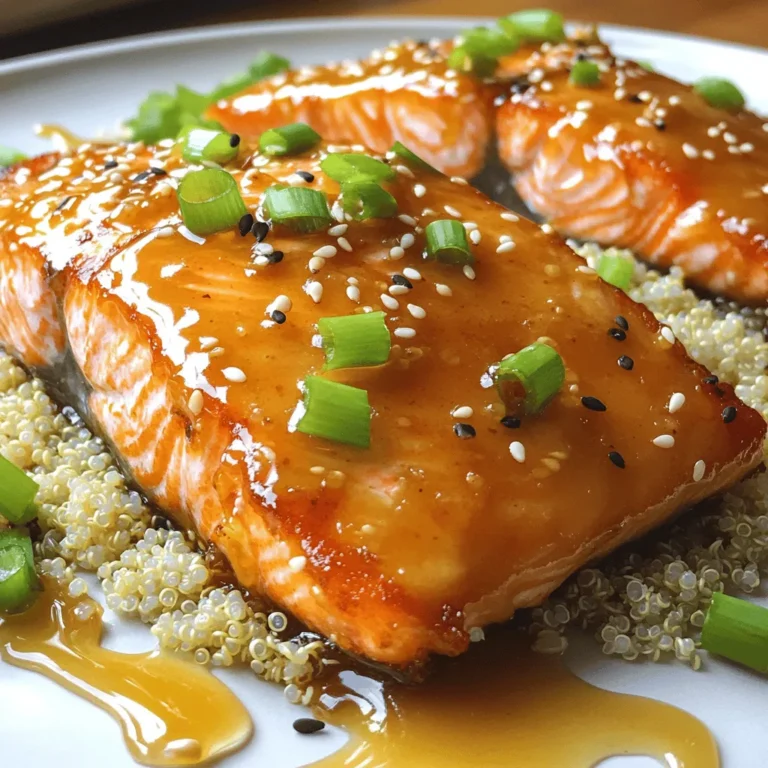 - 4 fresh salmon fillets (about 6 ounces each) - 1/4 cup raw honey - 1/4 cup low-sodium soy sauce - 4 cloves garlic, finely minced - 1 tablespoon fresh ginger, freshly grated - 2 tablespoons extra virgin olive oil - 1 tablespoon toasted sesame oil - 1 teaspoon red pepper flakes (optional) - 2 green onions, finely chopped (for garnish) - 1 tablespoon sesame seeds (for garnish) To make honey garlic glazed salmon, choose fresh salmon fillets. They provide the best taste and texture. Honey gives a sweet touch. The soy sauce adds depth and umami. Fresh garlic and ginger bring warmth and spice. Olive oil helps with cooking and flavor. The sesame oil adds a nutty note. Red pepper flakes are great if you enjoy some heat. - Medium mixing bowl - Resealable plastic bag or shallow dish - Baking sheet - Parchment paper or cooking spray - Small saucepan - Brush for glazing For this recipe, use simple tools. A medium mixing bowl helps mix the marinade. A resealable bag makes marinating easy. The baking sheet is for cooking the salmon. Parchment paper keeps it from sticking. A small saucepan is needed for the glaze. Finally, a brush is great for applying the glaze. Using these ingredients and tools, you will create a dish that shines with flavor. Make sure to follow the full recipe for the best results! To start, gather your marinade ingredients in a medium mixing bowl. You need raw honey, low-sodium soy sauce, minced garlic, grated ginger, olive oil, sesame oil, and red pepper flakes if you like heat. Mix these well until they blend together. Next, take the salmon fillets and place them in a resealable plastic bag or a shallow dish. Pour the marinade over the salmon, ensuring each piece is fully coated. Seal the bag or cover the dish. Let it chill in the fridge for at least 30 minutes. If you have time, let it marinate for up to 2 hours for a richer flavor. Once your salmon has marinated, it’s time to preheat your oven. Set it to 400°F (200°C) to get it hot and ready. While the oven heats, prepare your baking sheet by lining it with parchment paper or lightly spraying it with cooking spray. This will keep the salmon from sticking, making cleanup easier. Now, it's baking time! Take the salmon out of the marinade, but save that liquid for later. Place the salmon fillets skin-side down on the prepared baking sheet. Bake them for about 12-15 minutes. You want the salmon to be opaque and flaky when done. While the salmon bakes, pour the reserved marinade into a small saucepan. Bring it to a boil over medium-high heat, then reduce it to a simmer. Cook for around 5-7 minutes, stirring until it thickens a bit. When the salmon is ready, brush the thickened glaze generously over each fillet. Put the salmon back in the oven for another 2-3 minutes to caramelize the glaze. For the complete process, check the Full Recipe. The right marination time makes a huge difference. I recommend marinating your salmon for at least 30 minutes. For a deeper flavor, you can let it sit for up to 2 hours. Just remember, don’t go beyond that. Over-marinating can make the salmon mushy. To check if your salmon is done, use a fork. The fish should flake easily. Aim for an internal temperature of 145°F (63°C). To keep it moist, don’t overcook it. Baking at 400°F helps maintain juiciness. For sides, fluffy rice or quinoa pairs well with honey garlic glazed salmon. Fresh veggies or a light salad add a nice touch too. To make your dish pop, serve it on a colorful plate. Drizzle extra glaze around the salmon and sprinkle green onions on top for a vibrant look. {{image_4}} You can easily switch up the fish in this recipe. Here are some great options: - Trout: This fish has a rich flavor and cooks quickly. - Tilapia: A mild choice that absorbs the glaze well. - Mahi-Mahi: A firm fish that holds up nicely to baking. If you have dietary needs, consider these swaps: - Honey: Use agave syrup for a vegan option. - Soy Sauce: Try coconut aminos for a soy-free choice. - Sesame Oil: Swap with avocado oil for a lighter taste. To give your honey garlic glazed salmon a unique twist, try adding herbs or spices. Here are some ideas: - Thyme: A pinch of dried thyme adds earthiness. - Cilantro: Fresh cilantro gives a bright flavor boost. - Lemon Zest: This adds a fresh and zesty note. For garnishes, consider these options to make your dish pop: - Chopped nuts: Almonds or walnuts add crunch. - Sliced radishes: They add color and a peppery bite. - Fresh herbs: Basil or parsley enhances the look and taste. For the full recipe, check out the recipe section above. To keep your honey garlic glazed salmon fresh, place it in an airtight container. Make sure to let the salmon cool down before sealing it. This helps prevent moisture build-up. Store it in the fridge. It is best to eat it within three days. The flavors stay great during this time. If you want to keep it longer, consider freezing it. Wrap the salmon tightly in plastic wrap, then place it in a freezer bag. This way, it can last for up to three months. Just remember, the longer you store it, the more flavor it may lose. When you’re ready to enjoy the leftovers, reheating is key. The best way to reheat salmon is in the oven. Preheat it to 275°F (135°C). Place the salmon on a baking sheet and cover it with foil. Heat for about 15 minutes. This keeps the salmon moist and tasty. You can also use the microwave if you're in a hurry. Place the salmon on a microwave-safe plate. Cover it with a damp paper towel. Heat in short bursts of 30 seconds until warm. Just be careful not to overcook it, as it can dry out. For reheating side dishes, use the stove or microwave. If using the stove, warm them in a pan over low heat. Stir often to heat evenly. If using the microwave, cover them, and heat in short intervals. This ensures you enjoy every bite of your meal. To check if salmon is cooked, look for its color and texture. Cooked salmon turns from translucent red or raw to a light pink. The fish should flake easily with a fork. The ideal internal temperature is 145°F (63°C). You can use a food thermometer to ensure accuracy. The fish should feel firm yet moist when done. Yes, you can use frozen salmon! Just be sure to thaw it first. The best way to thaw is in the fridge overnight. If you’re in a hurry, you can place the sealed salmon in cold water for about an hour. After thawing, pat it dry before marinating. This helps the glaze stick better. Honey garlic glazed salmon pairs well with many sides. Here are some tasty options: - Steamed rice or quinoa for a filling base - Roasted vegetables like broccoli or asparagus - A fresh salad with mixed greens and citrus - Mashed potatoes or sweet potatoes for comfort - Noodles tossed in sesame oil for a fun twist These sides balance the sweetness of the glaze and enhance the meal. Enjoy your cooking! In this post, we explored a tasty honey garlic glazed salmon recipe. We covered ingredients, equipment, and step-by-step instructions. I shared tips for marinating and cooking to ensure perfect results. We discussed serving ideas and variations to suit different tastes. Lastly, we looked at how to store and reheat leftovers. Using these tips will help you make delicious salmon every time. Enjoy your cooking journey!