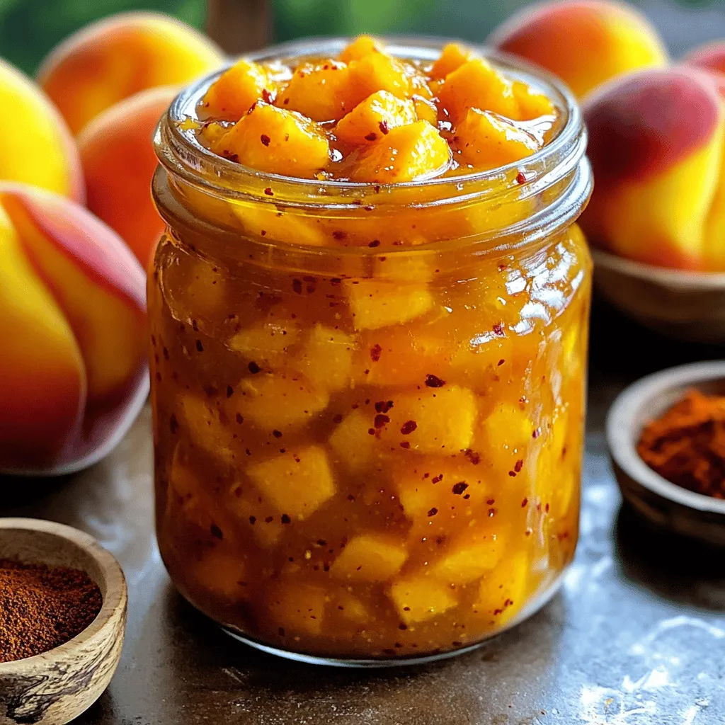 To make Quick Peach Chutney, you need a few key ingredients. Here’s what you’ll need: - 4 ripe peaches, pitted and diced into small cubes - 1 small onion, finely chopped - 1/2 cup brown sugar, packed - 1/4 cup apple cider vinegar - 1 teaspoon fresh ginger, peeled and grated - 1/2 teaspoon ground cinnamon - 1/4 teaspoon ground cloves - 1/4 teaspoon red pepper flakes (adjust according to your preferred level of heat) - Salt, to taste The quality of peaches is vital for this recipe. Use ripe peaches for the best flavor. Look for peaches that feel slightly soft and smell fragrant. They should have a rich, golden color. If they are too hard, they may not break down well when cooked. Overripe peaches can turn mushy, so aim for that sweet spot. You can add more flavor with optional ingredients. Here are some ideas to make your chutney even better: - A splash of orange juice for brightness - A handful of raisins for sweetness - Fresh herbs like cilantro or mint for freshness If you have dietary needs, consider these substitutions: - Use coconut sugar instead of brown sugar for a lower glycemic index. - Swap apple cider vinegar with a milder white vinegar if needed. - Omit the red pepper flakes for a milder chutney. These tweaks let you customize your chutney and make it your own! For the full recipe, check out the detailed instructions above. Start by gathering your ingredients. You will need: - 4 ripe peaches, pitted and diced into small cubes - 1 small onion, finely chopped - 1/2 cup brown sugar, packed - 1/4 cup apple cider vinegar - 1 teaspoon fresh ginger, peeled and grated - 1/2 teaspoon ground cinnamon - 1/4 teaspoon ground cloves - 1/4 teaspoon red pepper flakes - Salt, to taste Chop the peaches into small cubes. This helps them cook evenly. Finely chop the onion, too. Mix the peaches, onion, and brown sugar in a medium saucepan. Let this sit for about 5 minutes. This resting time helps the peaches release their juices, making a tasty base for your chutney. Place the saucepan over medium heat. Add apple cider vinegar, ginger, cinnamon, cloves, and red pepper flakes. Stir well to mix everything. Bring the mixture to a gentle boil. Once it boils, lower the heat and let it simmer uncovered. Stir occasionally for about 15-20 minutes. This allows the chutney to thicken and the peaches to soften. After simmering, taste your chutney. Add salt to balance the flavors. If you want it smooth, use an immersion blender to puree it to your liking. Remove the saucepan from heat and let it cool. Once cooled, transfer the chutney to a clean jar for storage. You can enjoy it warm or cold, and it will thicken more as it cools. This recipe is quick and easy, and you can find the full recipe [here](#). When making chutney, you may face some common issues. One frequent mistake is using unripe peaches. Unripe peaches lack flavor and sweetness. Always pick ripe, fragrant peaches for the best taste. Another error is not allowing the mixture to rest. Resting lets the peaches release juices, creating a rich base. If you skip this step, your chutney may end up dry. Sometimes, people add too much salt. Remember, you can always add more later. Start with a small pinch and taste before adding more. Also, avoid boiling the chutney on high heat. This can burn the sugar and ruin the flavor. Always cook on medium heat for better results. To make your chutney even more delicious, consider adding spices. A pinch of cardamom or nutmeg can boost flavor. Cinnamon and cloves are great, but try mixing in some allspice for a warm twist. If you want to adjust sweetness, add more brown sugar or honey. For a tangy kick, add extra apple cider vinegar. If you like heat, increase the red pepper flakes. Start with a little and taste as you go. You control the flavor! {{image_4}} You can switch out peaches for other fruits. Apples, mangoes, or plums work great. Each fruit brings its own taste and texture. Use ripe, juicy fruits for the best flavor. Fresh seasonal fruit always wins. For example, use apples in the fall and mangoes in summer. This keeps your chutney fresh and exciting. You can change the heat and sweetness easily. For more spice, add extra red pepper flakes. If you like it sweet, add more brown sugar or honey. Try adding spices like cumin or coriander for a unique twist. You can also mix in herbs like cilantro for freshness. These small changes can craft a new flavor profile. For more ideas, check the Full Recipe for suggestions on different flavor combinations. To keep your Quick Peach Chutney fresh, follow these steps: - Use a clean glass jar with a tight lid. - Make sure the chutney cools to room temperature before sealing. - Store it in the fridge. This helps lock in the flavors. Glass jars are great because they do not absorb odors. You can also use airtight plastic containers if you prefer. Just make sure they are food-safe. Quick Peach Chutney lasts about one week in the fridge. After that, the flavors may fade. Always check for any signs of spoilage, like off smells or mold. You can freeze the chutney if you want to keep it longer. Pour it into freezer-safe containers, leaving some space for expansion. It can last up to three months in the freezer. When you want to use it, simply thaw it in the fridge overnight. This way, you can enjoy your chutney whenever you like! Yes, you can make this chutney ahead of time. In fact, it tastes better after sitting for a day or two. The flavors mix and deepen, making the chutney even more delicious. You can store it in the fridge for up to two weeks. Just keep it in an airtight container to prevent it from drying out. Peach chutney is safe for canning if you follow proper methods. You should use a water bath canner for safe preservation. Always make sure to process jars for at least 10 minutes to ensure safety. Check seals before storing them in a cool, dark place. This way, you can enjoy your chutney long after peach season has ended. Peach chutney pairs well with many dishes. You can serve it with grilled chicken or pork for a burst of flavor. It also complements cheese boards, especially with creamy cheeses. Try it on sandwiches or burgers for a sweet and tangy kick. For a simple snack, enjoy it with crackers. The options are endless! Quick Peach Chutney is simple and fun to make. We explored the main ingredients, focusing on ripe peaches and how their quality matters. I shared tips on preparation, cooking steps, and even storage options to keep your chutney fresh. We talked about common mistakes and how to adjust flavors. You can use other fruits or tweak spice levels for personal taste. Remember, chutney makes a great addition to meals and snacks. Enjoy making this easy recipe, and feel free to share your creations!