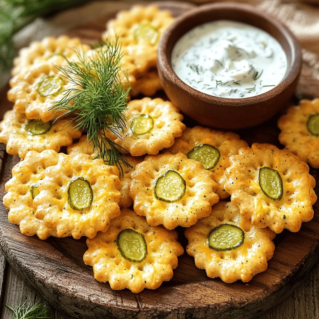 To make Pickle Ranch Snack Crackers, you need the following ingredients: - 1 cup all-purpose flour - 1/2 cup cornmeal - 1 teaspoon baking powder - 1/2 teaspoon baking soda - 1/2 teaspoon salt - 1 tablespoon ranch seasoning mix - 1/4 cup dill pickle juice - 1/4 cup melted butter (cooled slightly) - 1/2 cup shredded cheddar cheese - 1/4 cup dill pickle slices (finely chopped) You can swap some ingredients if needed. For the all-purpose flour, try using whole wheat flour for added fiber. If you prefer a gluten-free option, use a gluten-free flour blend. Instead of cornmeal, you can use fine breadcrumbs for a different texture. If you want to skip the ranch seasoning, use herbs like dill, garlic powder, or onion powder to create your own flavor. Each serving, which is about two crackers, provides: - Calories: 120 - Total Fat: 8g - Saturated Fat: 4g - Cholesterol: 20mg - Sodium: 150mg - Carbohydrates: 10g - Fiber: 1g - Sugar: 1g - Protein: 3g These crackers are tasty and balanced, making them a fun snack for any occasion. You can enjoy them without guilt! 1. Preheat your oven to 350°F (175°C). This is key for baking. 2. Line a baking sheet with parchment paper. This helps with easy cleanup. 3. In a large bowl, mix the flour, cornmeal, baking powder, baking soda, salt, and ranch seasoning. Use a whisk to mix well. 4. Slowly add the dill pickle juice and melted butter. Stir until a dough forms. 5. Fold in the cheddar cheese and chopped dill pickles. Make sure they spread evenly in the dough. 6. Roll the dough into small balls, about the size of a quarter. Place them on the sheet, leaving space between them. 1. Flatten each ball gently with a fork or your fingers. Aim for even thickness. 2. Bake the crackers for 12-15 minutes. Watch closely for a light golden brown color. 1. Once baked, let the crackers cool on the sheet for a few minutes. 2. Transfer them to a wire rack to cool completely. This makes them crispier. 3. For a fun serving idea, arrange them on a colorful platter. Add fresh dill sprigs or serve with ranch dip for a tasty snack. Enjoy your Pickle Ranch Snack Crackers! You can find the full recipe above for more details. To get the right texture for your Pickle Ranch Snack Crackers, focus on mixing. Combine the dry ingredients well to avoid lumps. When adding the wet ingredients, mix just until combined. Overmixing can make your crackers tough. Roll the dough into small balls. Keep them uniform in size to ensure even baking. Flatten them gently for a crispier edge. To boost flavor, consider adding more ranch seasoning. You could also try garlic powder or onion powder. A pinch of cayenne can add a nice kick if you like spice. Adding herbs like dill or parsley can enhance the pickle flavor. For extra richness, sprinkle some grated Parmesan cheese on top before baking. One common mistake is using hot melted butter. It can change the dough's texture. Be careful not to skip the cooling step after baking. Allowing them to cool helps the crackers firm up. Also, don’t crowd the baking sheet. If they are too close, they may stick together. Check them often while baking to avoid burning. For a full recipe, refer to the complete instructions. {{image_4}} You can add fun twists to Pickle Ranch Snack Crackers. Want some heat? Try adding cayenne pepper or crushed red pepper flakes. Just a pinch will do! For a cheesy version, swap in pepper jack cheese instead of cheddar. Mixing in some garlic powder can also boost flavor. These tweaks keep your snack game exciting! If you need a gluten-free option, use gluten-free all-purpose flour. It works well in this recipe. You can also try almond flour for a nutty taste. Make sure your ranch seasoning is gluten-free too. This way, everyone can enjoy these tasty crackers without worry. These crackers shine when paired with dips. Creamy ranch dip is a favorite, but you can also serve them with hummus or guacamole. For a fun party snack, arrange them on a platter with fresh veggies. They also taste great with cheese slices or charcuterie. Each bite will surprise your guests! Explore the [Full Recipe] to start making your own delicious Pickle Ranch Snack Crackers today! Store your Pickle Ranch Snack Crackers in an airtight container. This keeps them fresh and crisp. You can use a glass jar or a plastic container. Make sure they are completely cool before sealing. If you live in a humid area, consider adding a small bag of rice to absorb moisture. When stored properly, these crackers can last up to one week. They taste best in the first few days. After that, they may lose some crunch. If you want to keep them longer, you can freeze them. Just place them in a freezer-safe bag or container. If your crackers lose their crunch, you can reheat them. Preheat your oven to 300°F (150°C). Spread the crackers on a baking sheet in a single layer. Heat them for about 5-7 minutes. Check often to avoid burning. Let them cool before enjoying again. For the full recipe, refer to the earlier section. Pickle Ranch Snack Crackers are tasty, crunchy treats. They mix the flavors of dill pickles and ranch dressing. These snacks are perfect for parties or game nights. They are easy to make at home with simple ingredients. To make Pickle Ranch Snack Crackers at home, follow these steps: 1. Preheat your oven to 350°F (175°C). 2. Line a baking sheet with parchment paper. 3. Mix flour, cornmeal, baking powder, baking soda, salt, and ranch seasoning in a bowl. 4. Add dill pickle juice and cooled melted butter. Stir to form a dough. 5. Fold in cheddar cheese and chopped pickles. 6. Roll the dough into small balls. Flatten each ball on the baking sheet. 7. Bake for 12-15 minutes until golden. 8. Let them cool on a wire rack. For the full recipe, check the details provided above. Pickle Ranch Snack Crackers can be a fun snack. They contain some healthy ingredients like cheese and pickles. However, they also have butter and flour, which add calories. Enjoy them in moderation as part of a balanced diet. You can find Pickle Ranch Snack Crackers at many grocery stores. Look in the snack aisle or near the crackers. Some stores may also sell them online. Check popular websites for easy shopping options. These crackers pair well with many dips and spreads. Serve them with ranch dressing, creamy dip, or hummus. You can also enjoy them with cheese or fresh veggies. They make a great snack for any gathering. This blog post covers everything about Pickle Ranch Snack Crackers. We discussed the key ingredients, including substitutions, and shared helpful nutritional data. You learned precise steps for preparation and baking, along with cooling tips for best results. I shared easy tricks to get the perfect texture and flavor. You now know various tasty variations to try and how to store them properly. Finally, you have answers to common questions about these delicious snacks. Enjoy making and sharing your own Pickle Ranch Snack Crackers!