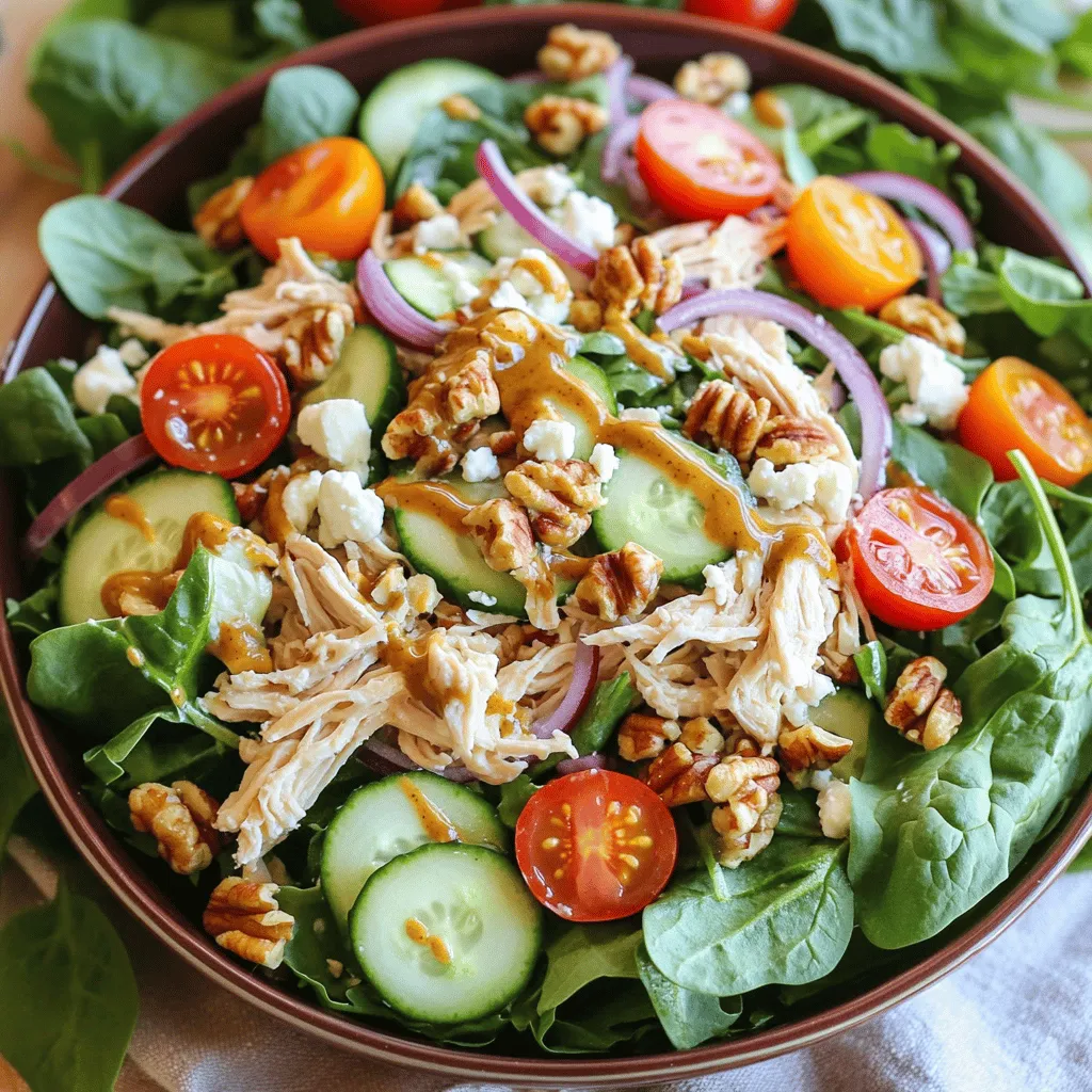 - 2 cups cooked chicken breast, shredded - 4 cups mixed greens (spinach, arugula, romaine) - 1/2 cup cherry tomatoes, halved - 1/4 cup red onion, sliced - 1/2 cucumber, diced - 1/4 cup walnuts, chopped - 1/2 cup honey mustard dressing - Salt and pepper to taste - 1/4 cup feta cheese, crumbled Honey mustard chicken salad is simple yet full of flavor. The main ingredients create a nice balance. The shredded chicken gives a hearty base. Mixed greens add a fresh crunch. Cherry tomatoes bring a burst of sweetness. For extra flavor, red onion adds a bit of zing. Diced cucumber keeps it crisp and cool. Walnuts give a nice crunch and nutty flavor. The honey mustard dressing ties it all together. It adds a sweet and tangy taste. A sprinkle of salt and pepper enhances the flavors. Finally, crumbled feta cheese adds creaminess. You can find the full recipe at the end. Enjoy making this healthy and tasty dish! - Step 1: Shred cooked chicken Start by taking your cooked chicken breast. Use two forks to shred it into bite-sized pieces. This makes it easy to mix later. - Step 2: Combine chicken and mixed greens Next, grab a large mixing bowl. Add the shredded chicken to it. Then, toss in the mixed greens. Make sure the greens coat the chicken lightly. - Step 3: Add tomatoes, onion, cucumber, and walnuts Now, it’s time to enhance your salad. Add halved cherry tomatoes, thinly sliced red onion, diced cucumber, and coarsely chopped walnuts. Gently fold them into the mix so everything combines well. - Step 4: Drizzle and toss with honey mustard dressing Drizzle your honey mustard dressing over the salad. Toss everything lightly again. This step is key for blending those bold flavors. - Step 5: Season with salt and pepper Now, let's add some flavor. Season your salad with salt and pepper. Adjust the amount to your own taste. - Step 6: Sprinkle crumbled feta cheese Finally, finish off by sprinkling crumbled feta cheese on top. This adds a creamy touch that elevates the dish. Enjoy this refreshing salad right away, or chill it for a cooler experience. For the full recipe, check out the Honey Mustard Chicken Salad details. - Alternatives for chicken: If you want a different protein, try turkey or tofu. Both work well in this salad. Shredded rotisserie chicken is also a quick option. - Different greens to use: You can swap mixed greens with kale or spinach. Both add great taste and texture. - Homemade vs. store-bought honey mustard: Store-bought honey mustard is quick and easy. If you have time, homemade is fresher and can be tailored to your taste. Mix honey, Dijon mustard, and a splash of vinegar for a simple recipe. - Adding extra flavor to dressings: You can boost flavor by adding garlic or herbs. Fresh dill or thyme can make your dressing pop. - Presentation tips: Serve your salad in big, colorful bowls. Garnish with extra walnuts and feta for a nice touch. Drizzling more honey mustard on top adds a beautiful finish. - Best pairings with other dishes: This salad pairs well with grilled bread or a light soup. It makes a perfect lunch or dinner option on a warm day. Check out the Full Recipe for more ways to enjoy this fresh dish! {{image_4}} You can make honey mustard chicken salad fit many diets. For gluten-free options, simply use gluten-free chicken. Most fresh veggies and nuts are naturally gluten-free. Check your honey mustard dressing too; choose one that is gluten-free. If you want a vegan version, swap chicken for chickpeas or tofu. You can also use a plant-based honey mustard dressing. This gives you the same sweet and tangy flavor without animal products. To make your salad even more exciting, add fruits. Sliced apples or berries can add a nice touch. Their sweetness balances the tangy dressing. You can also mix in fresh herbs like basil or dill. These herbs boost the flavor and freshness of your dish. Spices also play a key role. A sprinkle of paprika or chili powder adds a nice kick. Experiment with flavors to find what you love best! The season can change what you put in your salad. In summer, fresh tomatoes and cucumbers shine. Use local produce for the best taste and freshness. In winter, consider roasted vegetables like sweet potatoes or Brussels sprouts. They add warmth and heartiness to your meal. Always think about what’s in season. This not only helps your salad taste great but also supports local farmers. The freshest ingredients make the best honey mustard chicken salad. Try different options and see what you enjoy! Find the full recipe for more ideas. To keep your honey mustard chicken salad fresh, store it in the fridge. Use airtight containers for the best results. This helps lock in flavors and keeps your salad from drying out. It can last about three days in the fridge. Make sure to not leave it out for more than two hours. Can you freeze honey mustard chicken salad? I don’t recommend it. The greens can become mushy when thawed. You can freeze the chicken separately if you want. This way, you can keep your chicken for later use. When you freeze chicken, use freezer-safe bags. It will hold its taste and texture better. How to properly reheat chicken? If you have leftover chicken, heat it in the microwave. Use medium power to avoid overcooking. Cover it with a damp paper towel to keep it moist. What is the best way to refresh leftovers? You can add fresh greens and a splash of dressing. This brightens the dish and makes it feel fresh again. Enjoy your meal with these simple tips! Honey mustard chicken salad can last for about 3 to 4 days in the fridge. Make sure to store it in an airtight container. If you notice any changes in smell or color, it's best to throw it away. Always check the ingredients, especially if they include dairy or fresh vegetables. Yes, you can prepare honey mustard chicken salad ahead of time. To do this, chop and mix all your ingredients, except the dressing. Store them in the fridge until you are ready to eat. Just add the honey mustard dressing right before serving. This keeps the salad fresh and crisp. Honey mustard chicken salad is quite healthy. It offers a great mix of protein, fiber, and vitamins. The chicken provides lean protein. The mixed greens and veggies add fiber and nutrients. Walnuts offer healthy fats, while feta cheese adds calcium. Just watch the dressing portions to keep it lighter. For this salad, cooked chicken breast works best. It is lean and easy to shred. You can also use rotisserie chicken for a quick option. If you prefer dark meat, chicken thighs are tender and flavorful. Just make sure to cook the chicken until it reaches 165°F. Making homemade honey mustard dressing is easy. Here’s a simple recipe you can follow: - Combine 1/4 cup honey, 1/4 cup Dijon mustard, and 1/4 cup olive oil. - Add a splash of apple cider vinegar for tang. - Whisk until smooth. Adjust the taste with salt and pepper as needed. You can keep this dressing in the fridge for up to a week. Enjoy it on your honey mustard chicken salad or other dishes. In this blog post, we explored how to create a delicious honey mustard chicken salad. We covered necessary ingredients, step-by-step instructions, and helpful tips. You can easily mix and match ingredients to suit your taste and dietary needs. Remember, storage plays a key role in keeping your salad fresh. This salad is not just tasty; it offers nutritional benefits too. Enjoy experimenting with different flavors and enjoy your fresh creations!