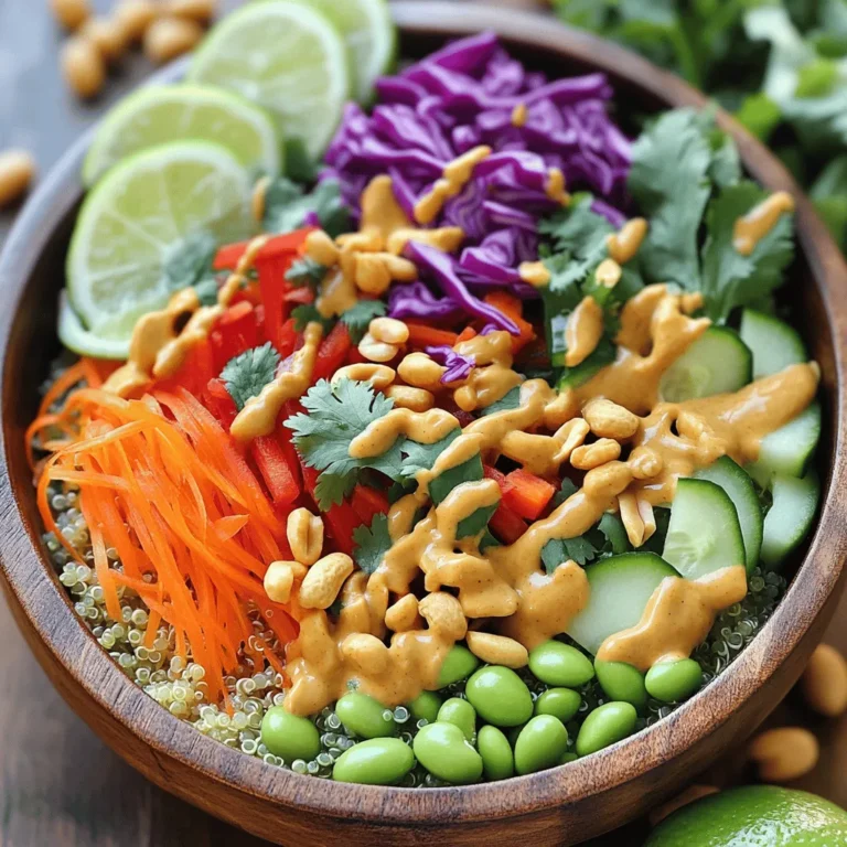 - 1 cup quinoa - 2 cups vegetable broth - 1 cup shredded carrots - 1 cup red cabbage, finely sliced - 1 bell pepper (red or yellow), sliced into thin strips - 1 cucumber, diced into bite-sized pieces - 1 cup shelled edamame - 1/4 cup fresh cilantro, roughly chopped - 1/4 cup roasted peanuts, coarsely chopped (for topping) For the Peanut Sauce: - 1/4 cup creamy peanut butter - 2 tablespoons soy sauce (substitute tamari for gluten-free) - 1 tablespoon maple syrup - 2 tablespoons rice vinegar - 1 teaspoon sesame oil - 1-2 teaspoons sriracha (adjust to taste) - Water as needed for thinning Each serving has about 400 calories. It includes 15 grams of protein, 20 grams of fats, and 45 grams of carbs. The quinoa gives you a great source of protein and fiber. Fresh veggies add vitamins and minerals. Peanut butter provides healthy fats and protein too. This dish is not just tasty but also very good for you! For gluten-free needs, use tamari instead of soy sauce. If you want a vegan option, ensure your peanut butter is 100% plant-based. You can also swap out fresh vegetables based on what is in season. Try adding sweet potatoes in fall or zucchini in summer for variety. To cook quinoa, start with a medium saucepan. Bring 2 cups of vegetable broth to a rolling boil. Once boiling, add 1 cup of rinsed quinoa. Turn the heat down to low and cover the pan. Let it simmer for about 15 minutes. When the liquid is gone, remove it from heat. Use a fork to fluff the quinoa gently. This step gives you fluffy quinoa. For the peanut sauce, grab a small bowl. Mix 1/4 cup of creamy peanut butter, 2 tablespoons of soy sauce, 1 tablespoon of maple syrup, 2 tablespoons of rice vinegar, and 1 teaspoon of sesame oil. Add 1-2 teaspoons of sriracha to control the spice. Whisk everything until it’s smooth. If it feels too thick, add water a little at a time until you like the texture. Wash and chop your fresh vegetables as the quinoa cooks. Keep each type in separate bowls. For the carrots, shred them finely. Slice the red cabbage thin. Cut the bell pepper into thin strips. Dice the cucumber into bite-sized pieces. Arrange everything nicely in bowls. This makes assembly easy and fun. Now you’re ready to create a colorful and tasty Buddha bowl. You can find the full recipe above to guide you through the rest! To make your Thai Peanut Buddha Bowls pop, think about color and shape. Use a large bowl or a flat plate for a nice display. Layer the quinoa at the bottom, then add the veggies around it. This way, everyone sees the bright colors. Use a wooden serving board for a rustic touch. Add lime wedges for a fresh look and taste. Pair your Buddha bowls with a light drink like iced tea or coconut water. These drinks complement the rich peanut sauce. Serve the bowls at a casual dinner or a fun lunch with friends. They work well for meal prep too, making them great for busy days. Prep your ingredients ahead of time to save effort. Chop the veggies and store them in separate containers. Cook quinoa in advance for easy assembly. When you’re ready to eat, just grab a bowl, add the quinoa, veggies, and sauce. Store the bowls in the fridge for up to three days. This makes for quick, healthy meals anytime. For the full recipe, check the earlier section. {{image_4}} You can boost your Thai Peanut Buddha Bowl by adding protein. Grilled chicken, tofu, or shrimp work well. Each adds great taste and texture. Grilled chicken gives a hearty feel. Tofu offers a nice, chewy bite for vegans. Shrimp adds a fresh, ocean flavor. Adding protein helps make your meal more filling and nutritious. Elevate the dish by adding spices or herbs. Fresh cilantro brightens the bowl. Try mint for a refreshing twist. You can also sprinkle sesame seeds on top for extra crunch. Toasted coconut flakes add a sweet touch. These simple additions make the bowl pop with flavor. Change up your vegetables based on what's in season. In spring, add snap peas or asparagus. Summer is perfect for juicy tomatoes or zucchini. In fall, roasted sweet potatoes work great. Experiment with different dressings or sauces too. A mango dressing adds a sweet kick, while a lime vinaigrette offers a zesty twist. Use the Full Recipe as a guide and feel free to mix and match! To keep your Thai Peanut Buddha Bowls fresh, refrigerate them in an airtight container. This method locks in flavors and keeps ingredients crisp. If you store the components separately, they will last longer. The quinoa and sauce can stay good for about five days. Fresh veggies are best used within three days. When reheating quinoa, use a microwave-safe dish. Add a splash of water to keep it moist. Heat in short bursts, stirring in between until warm. For veggies, try reheating them in a skillet over low heat. This way, they won't get mushy. To keep your peanut sauce creamy, warm it gently on the stove. Stir in a bit of water if it thickens too much. You can freeze the quinoa and sauce if you make a big batch. Just let them cool first. Place them in freezer bags, removing as much air as possible. The veggies, however, don’t freeze well. If you freeze quinoa and sauce, thaw them overnight in the fridge before reheating. For the best taste, use within three months. Enjoy your flavorful meal anytime! For the complete cooking process, check out the Full Recipe. Thai Peanut Buddha Bowls are colorful meals filled with tasty ingredients. They feature a base of fluffy quinoa, cooked in vegetable broth. You add fresh veggies like shredded carrots, red cabbage, bell pepper, cucumber, and edamame. Each bowl gets topped with a creamy peanut sauce, which makes it rich and satisfying. The mix of flavors and textures creates a delightful experience. This dish is not just pretty; it's also packed with nutrients. Yes, you can easily prepare Thai Peanut Buddha Bowls ahead of time. Cook the quinoa and store it in the fridge. You can also chop your veggies and keep them in separate containers. The peanut sauce keeps well, too. Just make sure to store everything in airtight containers. This way, you can enjoy a quick meal anytime. Just assemble your bowl when you're ready to eat. Thai Peanut Buddha Bowls can be gluten-free. To make them gluten-free, simply use tamari instead of soy sauce in the peanut sauce. Most of the veggies are naturally gluten-free. Just double-check any packaged ingredients you use. This makes it easy for those avoiding gluten to enjoy this tasty dish. To spice up your Thai Peanut Buddha Bowls, adjust the sriracha in your peanut sauce. Start with one teaspoon, then taste the sauce. If you want more heat, add another teaspoon. You can also add red pepper flakes or sliced fresh chilies to your bowl. This lets you control the spice level to your liking. Enjoy your meal with just the right amount of kick! For the full recipe, check out my detailed guide on making Thai Peanut Buddha Bowls. Thai Peanut Buddha Bowls are a fun, tasty meal packed with fresh ingredients. We broke down the main components—quinoa, vegetables, and peanut sauce—while discussing nutritional benefits. You can switch things up with gluten-free and vegan options. Presentation tips and meal prep advice make this dish easy to enjoy anytime. Now, you can create your own unique Buddha bowl that fits your taste. Have fun experimenting with flavors and ingredients! Enjoy a healthy meal that fuels your day, and share your creations with others.