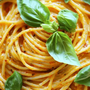 To make this dish, you need a few key items. Here’s what you will need: - 12 oz whole wheat pasta (spaghetti or penne) - 2 large red bell peppers - 1/2 cup raw cashews (soaked in water for 2-4 hours) - 3 cloves garlic, minced - 1 cup vegetable broth - 1 tablespoon olive oil - 1 tablespoon nutritional yeast - 1 teaspoon smoked paprika - Salt and black pepper to taste - Fresh basil leaves for garnish These ingredients create a rich and creamy sauce. The roasted red peppers bring a sweet and smoky flavor. Soaking the cashews helps make the sauce smooth. You can add some fun touches to your pasta. Here are some ideas: - Chopped fresh parsley - Grated vegan cheese - Toasted pine nuts - Red pepper flakes for heat These options can boost flavor and presentation. Choose what fits your taste best. Sometimes, you might not have all the ingredients. Here are some swaps: - Use any pasta type you like, such as gluten-free pasta. - Swap cashews for sunflower seeds or silken tofu for creaminess. - If you have no nutritional yeast, try a bit of vegan parmesan. These substitutions keep your dish tasty. Feel free to get creative and use what you have on hand. The full recipe will guide you through the cooking process. Enjoy crafting this delightful dish! Start by preheating your oven to 425°F (220°C). Place two large red bell peppers on a baking sheet. Roast them for about 25-30 minutes. Make sure to turn them occasionally. The skin should blister and blacken. Once roasted, take them out of the oven. Cover them with foil for around 10 minutes. This will help steam them, making peeling easier. After they cool down, peel off the skins and remove the seeds. Set the roasted peppers aside for later. Next, grab a large pot and fill it with water. Add salt and bring it to a boil. Once boiling, add 12 oz of whole wheat pasta, like spaghetti or penne. Cook it until al dente, following the package instructions. This usually takes about 8-10 minutes. After cooking, drain the pasta but save about 1/2 cup of the pasta water. Set the drained pasta aside, ready for the sauce. In a blender, combine the roasted red peppers, 1/2 cup of soaked cashews, 3 minced garlic cloves, 1 cup of vegetable broth, 1 tablespoon of olive oil, and 1 tablespoon of nutritional yeast. Sprinkle in 1 teaspoon of smoked paprika, along with salt and pepper to taste. Blend this mix on high speed until you reach a smooth and creamy texture. If the sauce looks too thick, slowly add some of the reserved pasta water. Blend until you achieve the right creaminess. Now, pour this creamy sauce into a large skillet over medium heat. Stir frequently and let it simmer for about 5 minutes. This warms the sauce through. Next, add the drained pasta to the skillet. Toss it gently to coat every piece in the creamy sauce. Let it cook together for an extra 2-3 minutes. This helps the flavors blend beautifully. Serve your Vegan Creamy Roasted Red Pepper Pasta hot. Garnish each serving with fresh basil leaves for extra flavor and a pop of color. Enjoy this delightful dish! To make the sauce creamy, soak the cashews. Soaking them for 2-4 hours helps. Blend the soaked cashews with roasted red peppers. Add vegetable broth for a smooth texture. If the sauce is too thick, add some reserved pasta water. This helps blend it well. The key is blending until it's silky and smooth. Use a large pot for boiling the pasta. Make sure to salt the water well. This adds flavor to the pasta. Cook the pasta until it is al dente, which keeps it firm. Drain it but save some pasta water for the sauce. This water can help adjust the sauce's thickness later. One mistake is not soaking the cashews. This can lead to a gritty sauce. Another mistake is overcooking the pasta. Always check it before draining. Using too little salt in the pasta water can make the dish bland. Finally, remember to mix the pasta and sauce well. This ensures every bite is flavorful. For the full recipe, check the earlier section. {{image_4}} You can boost the protein in your Vegan Creamy Roasted Red Pepper Pasta by adding tofu or tempeh. Both of these options work great! For tofu, use firm or extra-firm. Cut it into cubes and sauté it in a pan with a bit of oil until golden. This adds a nice texture. Tempeh is another tasty choice. Just slice it thin and cook it until crispy. Both options soak up flavors well, making your dish even better. To make your pasta more exciting, add herbs and spices. Fresh basil is a must for garnish, but don’t stop there! Try adding oregano or thyme for an herbal touch. You can also sprinkle in red pepper flakes for heat. If you want a smoky flavor, add more smoked paprika. These small changes can really elevate your dish and make it pop with flavor! If you need a gluten-free meal, you have options! Swap the whole wheat pasta for gluten-free pasta, like brown rice or chickpea pasta. These types cook well and taste great. Always check the package for cooking times. This way, you can enjoy the creamy roasted red pepper pasta without any gluten worries. You’ll love these variations because they make the dish your own. For the full recipe, check out the details above! Store any leftover vegan creamy roasted red pepper pasta in an airtight container. Make sure to let the pasta cool to room temperature before sealing it. This keeps it fresh for up to three days in the fridge. You want to avoid moisture buildup, so ensure the container is dry. To reheat, you can use a skillet or microwave. If using a skillet, add a splash of water or vegetable broth to the pan. Heat over medium-low until warm, stirring gently. In the microwave, place the pasta in a bowl. Cover it with a damp paper towel and heat in 30-second intervals, stirring in between. This keeps the pasta moist and creamy. Freezing is a great way to save extra pasta. Place cooled pasta in a freezer-safe container or bag. Remove as much air as possible. You can freeze it for up to three months. To thaw, leave it in the fridge overnight or use the defrost setting on your microwave. Reheat as mentioned before for the best taste and texture. Follow the Full Recipe to enjoy this delicious dish fresh or stored for later! Yes, you can use jarred roasted red peppers. They save time and are convenient. They might have extra flavor from herbs or oils. Just rinse them to reduce excess moisture. Use about 2 cups of jarred peppers in place of fresh ones. This switch makes the recipe quick and easy. Absolutely! Vegan creamy roasted red pepper pasta is great for meal prep. You can cook it in advance and store it in the fridge. It keeps well for about 4-5 days. Just store the pasta and sauce separately to prevent sogginess. When ready to eat, heat the sauce and toss with pasta. It tastes just as good! This pasta dish pairs well with many sides. A simple green salad adds freshness. Garlic bread or crusty rolls are perfect for dipping. You can also serve it with steamed veggies for added nutrition. Try adding a sprinkle of vegan parmesan for extra flavor! For a fun twist, serve with a side of roasted vegetables. For the full recipe, check out the detailed instructions above. This blog post covers how to make Vegan Creamy Roasted Red Pepper Pasta. You learned about key ingredients, simple steps, and handy tips to ensure success. Remember, you can adjust flavors with various spices or protein options. Storing leftovers is easy, and reheating is a breeze. You now have the tools to create a delicious dish that fits your diet. Enjoy your cooking and share this tasty recipe with friends!