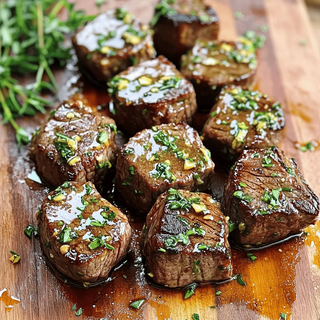 - 1 pound sirloin steak, cut into bite-sized cubes - 4 tablespoons unsalted butter - 4 cloves garlic, minced - Fresh herbs: rosemary and thyme - Salt and pepper for seasoning - Olive oil and soy sauce To make easy garlic butter steak bites, you need fresh and simple ingredients. The star of this dish is the sirloin steak. It’s tender and juicy, perfect for bite-sized pieces. The butter, garlic, and herbs create a rich sauce. You can taste the freshness in every bite. Using unsalted butter allows you to control the salt. Fresh rosemary and thyme add a nice touch of flavor. They give the steak bites a lovely aroma. Don’t forget to season well with salt and pepper. This step is key for great taste. - Fresh parsley, finely chopped Garnishing with parsley adds color and a hint of freshness. It makes your dish look more appealing. Plus, it gives a slight herbal taste that complements the steak. You can also use other herbs if you prefer. Thyme or chives can work well too. For the full recipe, check the details below. Enjoy cooking these steak bites! To start, heat the olive oil in a large skillet. Use medium-high heat until it shimmers slightly. This heat is key for a great sear. High heat helps lock in the juices and gives a nice crust. Next, season the steak cubes well. Use salt and freshly cracked black pepper. Make sure each piece is coated evenly. This step adds flavor and makes your bites tasty. Place the seasoned steak in the hot skillet in a single layer. Avoid overcrowding the pan. Let the steak sear undisturbed for about 2-3 minutes. This develops a rich, brown crust. Flip the cubes carefully using tongs or a spatula. Cook for another 2-3 minutes for medium-rare. Feel free to adjust the time for your desired doneness. Once done, remove the steak and set it aside. In the same skillet, lower the heat to medium. Add the butter and let it melt fully. Once melted, stir in the minced garlic, chopped rosemary, and thyme. Sauté for 1-2 minutes until fragrant. Be careful not to let the garlic burn. Now, return the seared steak bites to the skillet. Pour in the soy sauce and toss everything together. Make sure the steak is well-coated in the rich garlic butter sauce. Cook for another minute to heat through. This step blends the flavors beautifully. For the complete process, check the [Full Recipe]. To get steak bites just right, adjust the cooking time. For rare steak, aim for about 2 minutes per side. Medium-rare needs about 3 minutes per side. For medium, increase the time to 4 minutes. Always check the internal temperature. - Rare: 125°F (51°C) - Medium-rare: 135°F (57°C) - Medium: 145°F (63°C) Using a meat thermometer helps you avoid overcooking. If you want your steak well-done, cook it for about 5 minutes per side. Remember, everyone has different tastes. You can boost flavor with fresh herbs. Try using basil, oregano, or parsley. Each adds a unique twist. Fresh herbs bring bright tastes to the dish. You can also add a splash of vinegar or citrus. A bit of lemon juice or balsamic vinegar adds a nice zing. This lifts the flavors and makes the dish pop. For a different taste, think about garlic butter sauce variations. You can use shallots or different types of onions. Feel free to experiment and find what you like best. Check the [Full Recipe] for more details! {{image_4}} You can switch things up by using chicken or shrimp. They cook quickly, just like steak. For chicken, cut it into bite-sized pieces. Use boneless, skinless thighs or breasts for the best flavor and tenderness. Cook the chicken until golden and fully cooked, about 5-7 minutes. For shrimp, use large, peeled shrimp. They only need about 3-4 minutes to cook. Add them to the skillet after the garlic butter melts. Toss them until they turn pink and opaque. Adjust your cooking times based on the protein you choose. Remember, the key is to not overcook. If you need gluten-free options, swap soy sauce with tamari or coconut aminos. Both options provide savory flavor without gluten. You can also use homemade sauces with gluten-free ingredients. For low-carb adaptations, skip the soy sauce and focus on the garlic butter. Add more herbs for flavor. You can also serve these bites with low-carb veggies like zucchini noodles or cauliflower rice. These changes keep your meal tasty and fit your diet. To store your garlic butter steak bites, follow these steps: - Let the steak bites cool to room temperature. - Place them in an airtight container. - Keep them in the fridge for up to three days. This method helps keep the steak juicy and flavorful. Use glass or plastic containers with tight lids. They help prevent moisture loss and odors from mixing. When it comes to reheating, you want to avoid overcooking the steak. Here’s how to do it right: - Use a microwave on low power for a quick reheat. - Heat in 30-second intervals, checking often. - For better results, use a stovetop. - Heat a non-stick skillet over low heat. - Add a splash of water or broth to steam the bites. - Stir gently until warmed through. This method keeps your steak bites tender and tasty. To check if steak bites are done, look for a nice brown color. They should feel firm but slightly springy when pressed. A meat thermometer can help too. For medium-rare, aim for 130°F to 135°F. For medium, target 140°F to 145°F. If you like them well done, go for 160°F. This way, you can get your perfect level of doneness every time. Yes, you can make these steak bites ahead of time! Cook the steak bites and let them cool. Store them in an airtight container in the fridge for up to three days. For best taste, reheat them in a skillet. This keeps the flavors fresh and the texture intact. Garlic butter steak bites pair well with many sides. Here are some tasty options: - Roasted vegetables - Mashed potatoes - Rice pilaf - A fresh green salad - Garlic bread These sides balance the rich taste of the steak bites and create a full meal experience. Absolutely! This recipe is great for meal prep. You can portion out the steak bites into meal containers. Add your favorite sides for a balanced meal. Just make sure to store them in the fridge. When you are ready to eat, reheat them as needed. Enjoy a quick, tasty meal all week long! This blog post shared a simple, tasty recipe for garlic butter steak bites. We covered the essential ingredients, step-by-step cooking instructions, and tips for perfect doneness. I also discussed variations using different proteins and dietary adjustments, plus how to store leftovers effectively. Cooking steak bites can be fun and satisfying. With the right techniques, you can impress any guest. Enjoy making these delicious bites, and feel free to experiment with flavors and sides!