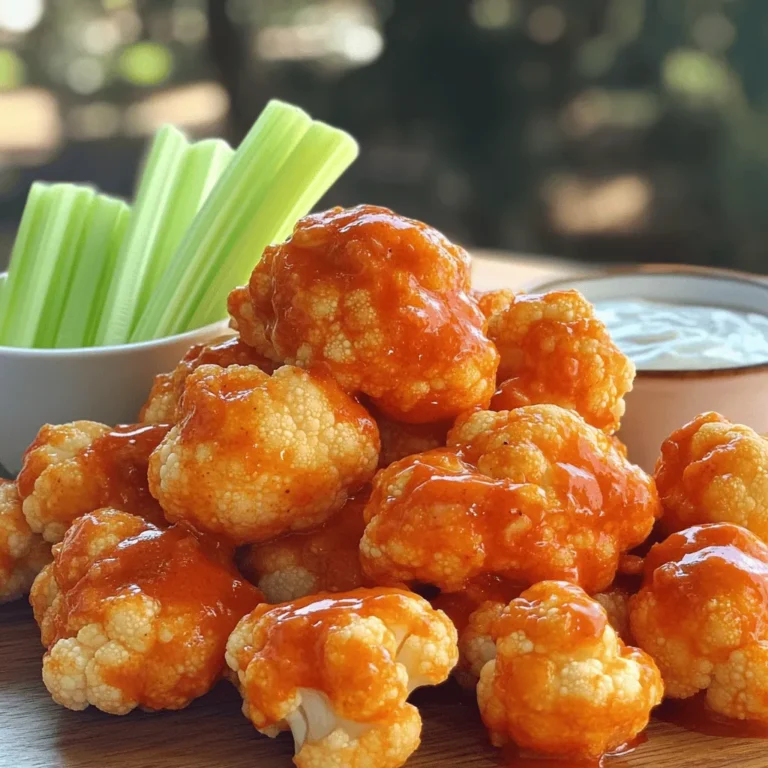 - 1 large head of cauliflower, cut into bite-sized florets - 1 cup all-purpose flour (or gluten-free flour) - 1 cup almond milk (or your choice of non-dairy milk) - 1 teaspoon garlic powder - 1 teaspoon onion powder - 1 teaspoon smoked paprika - 1/2 teaspoon salt - 1/4 teaspoon black pepper - 1 cup hot sauce (such as Frank's RedHot or your preferred brand) - 2 tablespoons unsalted butter (or vegan butter) For these Buffalo cauliflower wings, the main star is the cauliflower. I love using fresh cauliflower florets because they soak up flavor while baking. The batter makes the wings crispy. It uses flour, almond milk, and spices to create a tasty coating. Then comes the buffalo sauce, which is made from hot sauce and butter. This mix gives the wings their signature zing. - Celery sticks - Carrot sticks - Ranch dressing or alternative dips Serving these wings with fresh veggies adds crunch. I often use celery and carrot sticks for contrast. A side of ranch dressing can balance the heat from the buffalo sauce. You can also try other dips based on your taste. These optional ingredients round out the dish and make it a perfect game day snack. 1. Preheat the oven and prepare the baking sheet. Start by setting your oven to 450°F (232°C). This high heat helps the wings get crispy. Line a baking sheet with parchment paper. This prevents sticking and makes clean-up easy. 2. Make the batter by mixing flour, almond milk, and spices. In a large bowl, combine: - 1 cup all-purpose flour - 1 cup almond milk - 1 teaspoon garlic powder - 1 teaspoon onion powder - 1 teaspoon smoked paprika - 1/2 teaspoon salt - 1/4 teaspoon black pepper Whisk until the batter is smooth and lump-free. 1. Coat cauliflower florets and bake. Take your cauliflower head and cut it into bite-sized florets. Dip each floret into the batter. Make sure to coat each piece well. Shake off any extra batter. Place the coated florets in a single layer on the baking sheet. Bake for 20-25 minutes until golden brown and crispy. 2. Prepare the buffalo sauce and toss wings. While the wings bake, melt 2 tablespoons of unsalted butter in a small saucepan over low heat. Once melted, stir in 1 cup of your favorite hot sauce. Mix until smooth. When the wings are done baking, toss them in the buffalo sauce until they are fully coated. 1. Return to oven for crisping and caramelization. After tossing, place the sauced wings back on the baking sheet. Return them to the oven for another 5-10 minutes. This step helps caramelize the sauce and gives extra crispiness. 2. Serve with fresh vegetables and dressing. After baking, let them cool for one minute. Serve your buffalo cauliflower wings with celery sticks, carrot sticks, and ranch dressing for dipping. This makes for a tasty game day snack you can enjoy with friends. For the full recipe, check the detailed instructions earlier! To get that perfect crispiness, even baking is key. Space the cauliflower wings out well on the baking sheet. This lets hot air flow around them. Bake them for about 20 to 25 minutes. Keep an eye on them to avoid burning. Using parchment paper is a game-changer. It helps prevent sticking and makes cleanup easy. Just line your baking sheet before you start. This simple step saves time and effort after cooking. You can boost the flavor of your buffalo cauliflower wings by adding spices to the batter. Try mixing in a bit of cayenne pepper for heat or a pinch of cumin for depth. Don't be afraid to experiment with different hot sauce varieties. Each sauce brings its own unique taste. For a mild flavor, use a sauce like Sriracha. If you want more heat, go for a hotter sauce. You can even mix sauces to create your own signature taste. For the full recipe, check out the steps outlined above. Enjoy your cooking! {{image_4}} You can easily make buffalo cauliflower wings gluten-free. Just swap all-purpose flour for gluten-free flour. This will keep the texture light and crispy. I recommend using almond flour or a gluten-free all-purpose blend. Both options work well in the batter. This way, everyone can enjoy these tasty snacks without worry. Buffalo cauliflower wings are fun to customize. You can make them spicy or mild based on your taste. To add heat, use extra hot sauce or add cayenne pepper to the batter. For a milder option, reduce the hot sauce or use a milder brand. You can also experiment with different sauces or marinades. Try BBQ sauce for a sweet twist or teriyaki sauce for an Asian flair. These changes can give your wings a whole new flavor profile. Each variation brings something new to game day. For the full recipe, check out the original details. Enjoy the fun of mixing flavors! After you enjoy your Buffalo Cauliflower Wings, let them cool down. Place the cooled wings in airtight containers. This helps keep them fresh. You can store them in the fridge for up to three days. If you want to keep them longer, consider freezing them. For freezing, wrap the wings tightly in plastic wrap first. Then, place them in a freezer-safe bag. This way, they can last for up to three months. When it's time to enjoy leftovers, you want them crispy again. The oven is a great choice. Preheat your oven to 350°F (175°C). Spread the wings on a baking sheet. Bake for about 10-15 minutes. This will help revive their crunch. Alternatively, you can use an air fryer. Set it to 350°F (175°C) and heat for about 5-7 minutes. Both methods will bring back the tasty texture of your Buffalo Cauliflower Wings. Buffalo cauliflower wings can last for about 3 to 5 days in the fridge. Store them in an airtight container to keep them fresh. Always check for any off smells or changes in texture before eating. Yes, you can make these wings ahead of time! Prepare the cauliflower and coat it in the batter. Then, bake them as directed. Let them cool, then store them in the fridge. When you’re ready to eat, just reheat them in the oven. This way, they will stay crispy. Buffalo cauliflower wings are generally healthier than traditional chicken wings. They have fewer calories and less fat. Cauliflower is rich in vitamins and minerals. It also has fiber that helps digestion. This makes cauliflower wings a great choice for a tasty and nutritious snack. You now know how to make Buffalo Cauliflower Wings and enjoy them. We covered main and optional ingredients, step-by-step instructions, and tips to perfect your dish. You can try various flavors and textures too. These wings offer a tasty and healthier twist on traditional wings. Remember, storage tips help keep leftovers fresh for later. With a bit of practice, you’ll master this dish. Enjoy experimenting and sharing these delicious bites!