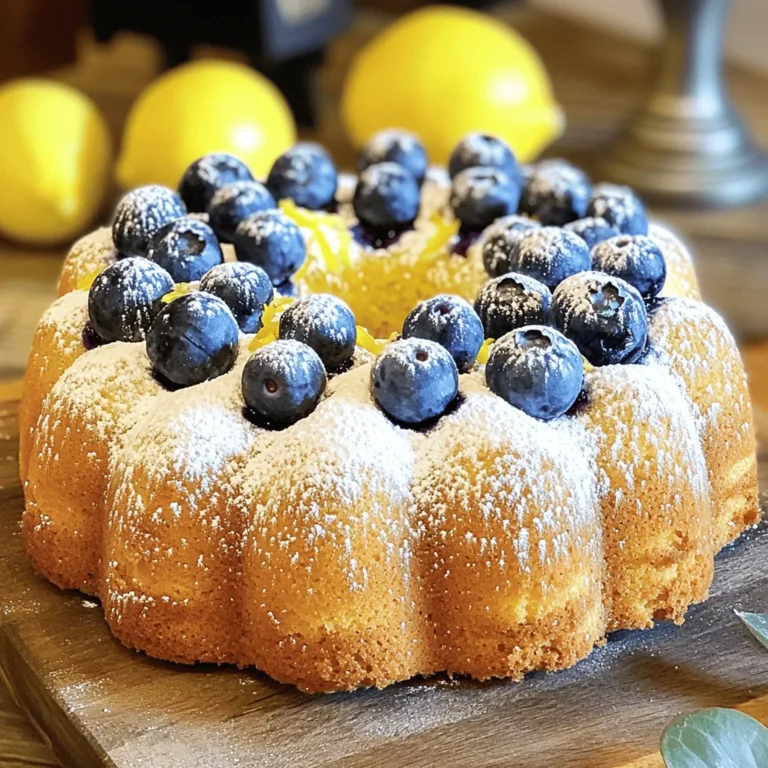 Here is what you need to make a tasty lemon blueberry pound cake: - 1 ½ cups all-purpose flour - 1 teaspoon baking powder - ½ teaspoon baking soda - ½ teaspoon salt - ½ cup unsalted butter, softened - 1 cup granulated sugar - 2 large eggs - 2 teaspoons pure vanilla extract - Zest of 1 medium lemon - 2 tablespoons freshly squeezed lemon juice - ½ cup sour cream - 1 cup fresh blueberries - 2 tablespoons all-purpose flour (for blueberries) - Optional: Powdered sugar for garnishing Each ingredient plays a special role. The flour gives the cake structure. The baking powder and baking soda help it rise. Salt balances the flavors. Butter adds richness, while sugar sweetens the cake. Eggs bind everything together and give it moisture. The lemon zest and juice bring a bright flavor. Sour cream adds more moisture and a slight tang. Fresh blueberries give bursts of sweetness. Coating them in flour helps keep them from sinking. If you want a sweet look, dust with powdered sugar before serving. For the full recipe, follow the steps in this guide to enjoy a slice of lemon blueberry pound cake. Start by preheating your oven to 350°F (175°C). Grease and flour a 9x5 inch loaf pan well. This keeps the cake from sticking. In a medium bowl, whisk together 1 ½ cups of flour, 1 teaspoon baking powder, ½ teaspoon baking soda, and ½ teaspoon salt. Make sure there are no lumps. Set this aside for later. In a large bowl, mix ½ cup softened butter and 1 cup granulated sugar. Use an electric mixer on medium speed. Mix until it is light and fluffy. This should take about 3-4 minutes. Add 2 large eggs to the bowl, one at a time. Mix well after each egg. Then, add 2 teaspoons vanilla extract, zest of 1 lemon, and 2 tablespoons lemon juice. Mix until everything is well combined. Gradually mix the dry ingredients into the wet mixture. Alternate this with ½ cup sour cream. Start and end with the flour mix. Mix gently so you do not overmix. In a small bowl, toss 1 cup of blueberries with 2 tablespoons of flour. This helps them stay suspended in the batter. Carefully fold the blueberries into the batter using a rubber spatula. Pour the batter into the greased loaf pan. Use a spatula to smooth the top so it bakes evenly. Place the loaf pan in the oven. Bake for 55-65 minutes. To check if it’s done, insert a toothpick into the center. It should come out clean. If the top starts to brown too fast, loosely cover it with foil halfway through. Once baked, remove the cake from the oven. Let it cool in the pan for 10 minutes. After that, gently transfer it to a wire rack to cool completely. Before serving, dust the top with powdered sugar. This adds a nice touch and makes it look pretty. For the full recipe, check the details above! To get a soft and fluffy lemon blueberry pound cake, use room temperature ingredients. This includes butter, eggs, and sour cream. When these items are warm, they mix better. This ensures your batter is smooth and creamy. You’ll notice a big difference in the cake’s texture. It will rise nicely and have a tender crumb. Blueberries can sink to the bottom of the cake. To stop this, use the coating with flour method. Take your fresh blueberries and toss them in 2 tablespoons of flour before adding them to the batter. This helps them stay suspended. When you fold them into the batter, do it gently. This way, they won’t break and will stay evenly distributed. To know when your cake is done, use the toothpick test. Insert a toothpick into the center of the cake. If it comes out clean, your cake is ready. If there is batter on the toothpick, it needs more time. Be sure to check after 55 minutes of baking. If the top gets too brown, cover it with foil. This will help it bake evenly without burning. {{image_4}} You can add a crunchy twist by mixing in nuts. I suggest walnuts or pecans for a nice texture. Chop them into small pieces and fold them into the batter with the blueberries. This adds flavor and a delightful crunch to every bite. To make a simple glaze, combine powdered sugar with fresh lemon juice. Mix until smooth. Drizzle this glaze over the cooled cake for an extra burst of lemon flavor. It adds a lovely shine and sweetness that pairs well with the blueberries. You can switch up the berries if you want. Raspberries or blackberries work great in this recipe. They offer a different taste but still complement the lemon well. Just make sure to adjust the sugar slightly if you use tart berries. To keep your lemon blueberry pound cake fresh, use an airtight container. This keeps the cake moist and tasty. Store it at room temperature for best results. Avoid direct sunlight and heat. If you plan to eat it within a few days, this method works well. If you want to save some cake for later, freezing is a great option. First, let the cake cool completely. Next, wrap it tightly in plastic wrap. Then, place it in a freezer-safe bag or container. This helps to avoid freezer burn. You can freeze the pound cake for up to three months. When you’re ready to enjoy it, simply thaw it in the fridge overnight. At room temperature, the pound cake lasts about three days. If you store it in the fridge, it can last up to a week. Just remember, the cake may dry out in the fridge. So, it’s best to enjoy it fresh! For the full recipe, refer to the section above. Yes, you can use frozen blueberries. You do not need to thaw them. Just toss them in flour as the recipe says. This helps keep them from sinking to the bottom. However, if you thaw them, they may get mushy. I suggest using them frozen for better texture. To make this cake dairy-free, use coconut oil instead of butter. You can also swap sour cream for coconut yogurt. These substitutes keep the cake moist and tasty. Just be sure the yogurt is plain, not flavored. Lemon and blueberry pair well with herbs like thyme and mint. You could also try adding a pinch of cinnamon or nutmeg. These flavors add a nice twist. Experimenting can lead to exciting new tastes. Yes, you can! Use mini loaf pans to make smaller cakes. Fill each pan about halfway with batter. Bake for about 25-30 minutes. Check for doneness with a toothpick, just like the larger cake. This blog post covered everything you need for a tasty lemon blueberry pound cake. You learned about the key ingredients, step-by-step instructions, and helpful tips. Don’t forget to try the variations or store leftovers for later. The right techniques can help your cake shine. Enjoy the process and the delicious results. Happy baking!