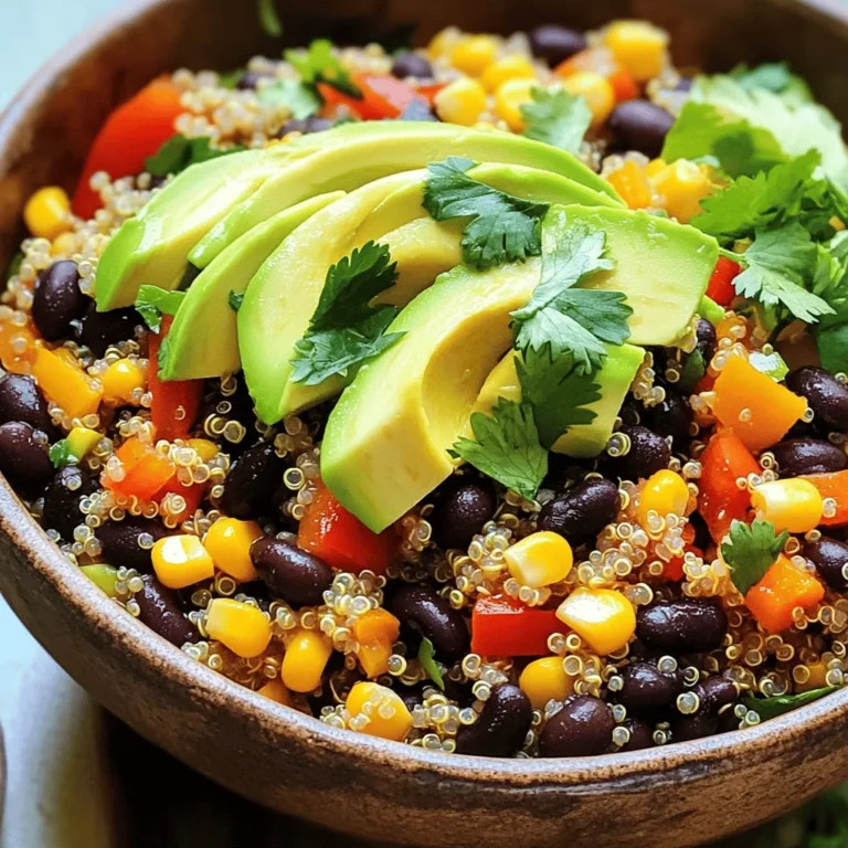 - 1 cup quinoa - 2 cups vegetable broth or water - 1 can (15 oz) black beans - 1 cup corn - 1 red bell pepper - 1 small red onion - 2 cloves garlic - 1 teaspoon ground cumin - 1 teaspoon smoked paprika - Juice of 1 lime - Salt and pepper - 1 ripe avocado - Fresh cilantro To create a tasty Quinoa Black Bean Taco Bowl, you need fresh and vibrant ingredients. Start with quinoa. It is a great grain packed with protein. You’ll also need black beans from a can. They add fiber and flavor. Corn brings sweetness and texture. Next, choose a red bell pepper. Dice it finely for a pop of color and crunch. A small red onion adds a nice bite. Don’t forget garlic; it gives that savory aroma. Spices like ground cumin and smoked paprika give warmth. Lime juice adds brightness, while salt and pepper enhance all the flavors. Finally, you need a ripe avocado. Its creaminess balances the dish. Fresh cilantro is a must for a fresh touch. You can always add optional toppings to make it even better, like diced tomatoes, sliced jalapeños, sour cream, or shredded cheese. These fresh ingredients come together to create a delicious and healthy meal. For the complete recipe, check the Full Recipe. To start, grab a medium-sized saucepan. Pour in 2 cups of vegetable broth or water. Bring it to a boil over medium-high heat. Once the liquid bubbles, stir in 1 cup of rinsed quinoa. Lower the heat to a simmer and cover the pot. Cook for about 15 minutes, or until the quinoa is fluffy and absorbs all the liquid. After cooking, take it off the heat. Let it sit covered for 5 minutes. Finally, fluff the quinoa gently with a fork for the best texture. While the quinoa cooks, heat a drizzle of olive oil in a large skillet over medium heat. Add 1 small chopped red onion and 2 minced garlic cloves. Sauté them for about 2-3 minutes until the onion looks translucent and smells great. Next, stir in 1 diced red bell pepper, 1 cup of corn, and 1 can of rinsed black beans. Sprinkle in 1 teaspoon of ground cumin and 1 teaspoon of smoked paprika. Add salt and pepper to taste. Cook this mix for another 5-7 minutes, stirring often to combine all the flavors. When the quinoa is ready, add it directly to the skillet with the black bean mixture. Squeeze the juice of 1 lime over the top. Stir everything together to blend the flavors. Taste the mixture and adjust the seasoning with more salt, pepper, or lime juice as needed. To serve, spoon the quinoa and black bean mix into bowls. Top each bowl with slices of ripe avocado and a sprinkle of fresh cilantro. You can also add optional toppings like diced tomatoes, sliced jalapeños, a dollop of sour cream, or shredded cheese for extra flavor. Enjoy your Quinoa Black Bean Taco Bowl! For the full recipe, check the recipe section! To make perfect quinoa, start by rinsing it well. This helps remove a bitter coating called saponin. Use a fine-mesh strainer for easy rinsing. Rinse it under cold water for about 2 minutes. This step is key for great flavor. When cooking quinoa, you can change the water ratio for different textures. For fluffy quinoa, use a 2:1 water-to-quinoa ratio. For creamier quinoa, try a 1.5:1 ratio. Adjust the cooking time slightly based on your preference. To make your taco bowl pop, try adding spices or herbs. Fresh cilantro adds brightness. You can also use dried oregano or chili powder. A pinch of cayenne pepper gives a nice kick. For added flavor, consider a simple lime vinaigrette. Mix olive oil, lime juice, and a bit of honey. Drizzle it over your bowl for a fresh taste. You can also use a store-bought taco sauce for a quick enhancement. For a stunning bowl, layer the quinoa mixture neatly. Place the quinoa at the bottom, then add the black bean mix. Top with avocado slices and fresh cilantro. Pair your taco bowl with a light salad or tortilla chips. A refreshing drink like lemonade or iced tea works well, too. This combo makes for a satisfying meal. You can find the full recipe to guide you through the steps easily. {{image_4}} You can easily add meats or tofu to your quinoa black bean taco bowl. For meat, consider grilled chicken, shrimp, or ground turkey. Marinate the meat in lime juice, cumin, and garlic for extra flavor. For a plant-based option, use firm tofu. Cut it into cubes and marinate it the same way. Then, sauté the tofu until golden brown. This adds protein and enhances the dish. To keep the dish vegan, skip any dairy toppings like sour cream and cheese. Instead, use avocado or a cashew cream. For gluten-free preferences, ensure that all ingredients, like the vegetable broth and toppings, are labeled gluten-free. Most beans and veggies are naturally gluten-free, making this bowl a great choice. You can add seasonal vegetables to your taco bowl for a fresh twist. In spring, try asparagus or snap peas. In summer, use zucchini or bell peppers. In fall, roasted sweet potatoes or butternut squash are great. Adjust the recipe for low-carb diets by replacing quinoa with cauliflower rice or zucchini noodles. This keeps the dish light and healthy while still being delicious. Remember, you can find the full recipe to get started on your flavorful creation! Store your Quinoa Black Bean Taco Bowl in an airtight container. This helps keep it fresh. You can refrigerate leftovers for up to 4 days. If you want to enjoy it later, make sure it cools down before sealing. To freeze the bowl, allow it to cool completely. Then, scoop it into freezer-safe bags. Remove as much air as possible before sealing. You can freeze it for up to 3 months. For reheating, take it out of the freezer and thaw it overnight in the fridge. You can also reheat it in the microwave. After storage, add a splash of lime juice to refresh the flavor. You can also mix in a bit of olive oil to improve the texture. If the quinoa seems dry, add a little water while reheating. This keeps your dish tasty and vibrant. Enjoy your delicious creation! To make this taco bowl vegan, swap out any non-vegan toppings. For sour cream, use a dairy-free alternative. You can also replace shredded cheese with vegan cheese. Make sure all ingredients, like vegetable broth, are free from animal products. Yes, you can prepare components ahead of time. Cook the quinoa and black bean mixture. Store them in separate airtight containers in the fridge. This way, you can quickly assemble your taco bowl when ready to eat. If you don’t have quinoa, try brown rice or farro. Both grains work well and add a nice texture. You can also use cauliflower rice for a lower-carb option. Each alternative will give a different flavor and feel. To adjust for fewer servings, simply halve the ingredients. For example, use ½ cup of quinoa and 1 cup of vegetable broth. Keep the same ratio for beans, corn, and spices. This ensures your dish remains flavorful and balanced. For the full recipe, check [Full Recipe]. This blog post covered a tasty quinoa black bean taco bowl. You learned the main ingredients, how to cook them, and tips for storage. Each step makes it easy to create a healthy meal. You can swap ingredients or adjust for your taste. This dish fits various diets and is simple to make ahead. Enjoy creating your own bowl and experimenting with flavors. You now have the knowledge to make this meal your own and share it with others.