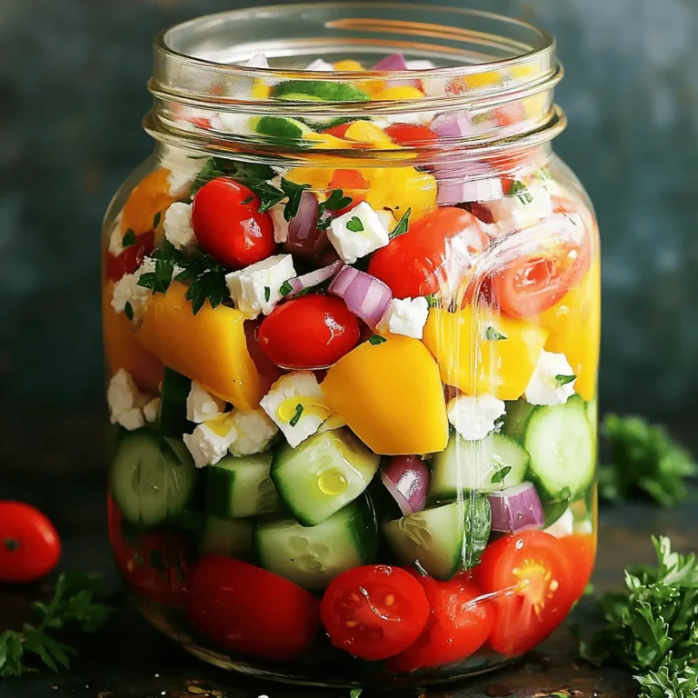 Gather the fresh ingredients to create a vibrant Mason Jar Greek Salad. Each component adds its own unique flavor, making this salad a delight for the senses. - 1 cup cherry tomatoes, halved - 1 cucumber, diced - 1 red or yellow bell pepper, diced - 1/2 red onion, finely chopped - 1 cup Kalamata olives, pitted - 1 cup feta cheese, crumbled - 2 tablespoons fresh parsley, finely chopped - 1/4 cup extra virgin olive oil - 2 tablespoons red wine vinegar (optional) - 1 teaspoon dried oregano - Salt and black pepper to taste These ingredients come together to create a fresh and colorful dish. The cherry tomatoes give sweetness, while the cucumbers add crunch. Bell peppers bring color, and red onions offer a sharp bite. Kalamata olives provide briny richness, and feta cheese adds creaminess. Fresh parsley brightens the mix, and the olive oil and vinegar create a light dressing. Using high-quality ingredients makes a big difference. I recommend using ripe tomatoes and fresh herbs for the best flavor. You can find these ingredients at your local market or grocery store. For the full recipe, check out the detailed instructions to assemble this tasty salad. - Rinse and chop the vegetables. Start with the cherry tomatoes, cutting them in half. Next, dice the cucumber and bell pepper. Finally, finely chop the red onion. - Layer the ingredients in the mason jar. Begin with the cucumber, then add the bell pepper and onion. This order keeps the salad fresh. - Season each layer with salt, pepper, and oregano. This adds flavor and makes each bite tasty. - Pour olive oil and vinegar at the bottom. This keeps the veggies crisp until you're ready to eat. - Add vegetables in the specified order. Start with the cucumber, then bell pepper, onion, and tomatoes. - Top with feta cheese and parsley. This adds creaminess and a fresh finish to your salad. - Secure the lid on the mason jar. Make sure it’s tight to keep everything fresh. - Shake to mix before serving. This helps coat the veggies with the dressing. Enjoy your Mason Jar Greek Salad fresh and flavorful! Check out the Full Recipe for more details. To keep your salad fresh and tasty, layering is key. Start with olive oil at the bottom. This keeps the greens from getting soggy. Next, add the cucumber. It absorbs flavors well. Then, add the bell pepper and onion. These layers add crunch and taste. Follow with the tomatoes and olives. They should sit above the wet ingredients. Finally, top with feta and parsley. This method keeps everything crisp. Use a tight-fitting lid for each jar. This helps keep the salad fresh. It also prevents spills when you shake it. The way you serve the salad matters. You can serve it right in the mason jar. This shows off the beautiful layers. If you choose a bowl, gently toss the salad first. For a fun touch, add a lemon wedge on the side. This adds a pop of color and a burst of flavor. Mason jar salads are perfect for meal prep. You can make them ahead for work lunches. Just grab a jar in the morning, and you're set. This salad is also easy to customize. You can swap out veggies based on your preferences. If you need it vegan, skip the feta. You can add chickpeas for protein instead. This makes it fit any diet and keeps your meals interesting. Check out the Full Recipe for more ideas! {{image_4}} When you make your Mason Jar Greek Salad, feel free to play with the ingredients. There are many fun ways to switch things up! - You can use different vegetables like avocado or carrots. - Try goat cheese instead of feta for a different taste. Mixing in new veggies adds crunch and color. Avocado brings creaminess, while carrots add a sweet bite. Goat cheese gives a tangy twist that pairs well with the salad. - Make homemade vinaigrettes for a fresh taste. - Experiment with herbs like basil, dill, or thyme. Homemade dressings let you control flavors. Mixing up spices can change the whole vibe. A lemon herb dressing brightens the salad, while a balsamic can add depth. - Add seasonal produce to keep it fresh and exciting. - Use winter veggies, like roasted squash, or summer fruits, like peaches. Seasonal ingredients make your salad feel new. In summer, add juicy tomatoes or cucumbers. In winter, consider hearty greens or roasted beets. This keeps your salad vibrant all year. Storing your Mason Jar Greek Salad is easy. Just keep it in the fridge. Make sure the lid is on tight. This helps keep the salad fresh and crisp. I find it stays fresh for up to 4 days. As the days pass, the flavors blend well together, making it even tastier. When taking your salad to work, use a small insulated container. This keeps the salad fresh and cool. You can also pack it in the mason jar itself. Just remember to shake it well before you eat. This ensures the dressing mixes evenly. Enjoy this fresh meal wherever you go! Your mason jar Greek salad is good for about four days in the fridge. Keep it sealed tight. The layers help keep the veggies fresh. Yes, you can use a large jar! Just layer the ingredients as you would in smaller jars. It makes serving easier for a group. You can make many salads in jars! Try a layered taco salad, quinoa salad, or even fruit salad. They all store well and look great too! Absolutely! Adding grilled chicken, chickpeas, or beans boosts the salad's protein. It makes the meal more filling and tasty. To fill your salad up, add grains like quinoa or farro. You can also mix in nuts or seeds for crunch and nutrition. This adds more flavor and keeps you satisfied. This Mason Jar Greek Salad is fresh and easy to make. You will need several colorful ingredients to create a vibrant dish. Here’s what you need: - 1 cup cherry tomatoes, halved - 1 cucumber, diced - 1 red or yellow bell pepper, diced - 1/2 red onion, finely chopped - 1 cup Kalamata olives, pitted - 1 cup feta cheese, crumbled - 2 tablespoons fresh parsley, finely chopped - 1/4 cup extra virgin olive oil - 2 tablespoons red wine vinegar (optional for added tanginess) - 1 teaspoon dried oregano - Salt and black pepper to taste To make this salad, rinse the vegetables well. Chop them according to the size noted above. Then, layer the ingredients in a clean mason jar. Start with olive oil at the bottom. If you like tang, add red wine vinegar next. Next, add the cucumber, followed by the bell pepper and red onion. Then, carefully add the halved cherry tomatoes. Layer the Kalamata olives on top. Finally, sprinkle the crumbled feta cheese and parsley. Season each layer with salt, pepper, and oregano. This will enhance the flavor. Once you finish layering, screw the lid on tightly. When it's time to eat, shake the jar gently to mix everything. You can enjoy it right from the jar or pour it into a bowl. This salad stays fresh in the fridge for up to four days! - Prep Time: 15 minutes - Total Time: 15 minutes - Servings: 4 Making a Mason Jar Greek Salad is simple and fun. We covered all the key steps, from fresh ingredients to easy assembly. You learned how to layer and store it for meals during the week. With tips on variations and best practices, you can customize this salad to fit your taste. Enjoy this healthy dish at home or on the go. It’s all about fresh flavors and easy prep. This salad is perfect for anyone looking for a nutritious meal. Try it out, and you'll love it!