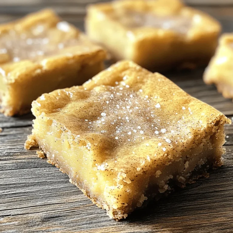 To make Ultra Chewy Snickerdoodle Blondies, you will need simple ingredients. Here’s the list of what you need: - 1 cup unsalted butter, melted - 1 1/2 cups brown sugar, packed firmly - 2 large eggs - 2 teaspoons pure vanilla extract - 2 cups all-purpose flour - 1 teaspoon baking powder - 1/2 teaspoon baking soda - 1/2 teaspoon fine sea salt - 2 teaspoons ground cinnamon - 1/4 cup granulated sugar (for topping) - Flaky sea salt (for final garnish) These ingredients create the rich, chewy texture that makes these blondies a delight. The brown sugar adds a deep flavor, while the cinnamon gives a warm touch. Make sure your butter is melted, as this helps with that chewy texture. You can also play with this recipe by adding mix-ins like chocolate chips or nuts. For exact steps and more details, check out the Full Recipe. 1. Preheat your oven to 350°F (175°C). Prepare a 9x13 inch baking pan. You can grease it or use parchment paper for easy removal. 2. In a large mixing bowl, combine 1 cup of melted butter with 1 1/2 cups of packed brown sugar. Whisk until the mixture looks smooth and glossy. 3. Add 2 large eggs, one at a time, mixing well after each. Stir in 2 teaspoons of pure vanilla extract until everything is well combined. 1. In a separate bowl, whisk together 2 cups of all-purpose flour, 1 teaspoon of baking powder, 1/2 teaspoon of baking soda, 1/2 teaspoon of fine sea salt, and 2 teaspoons of ground cinnamon. Make sure these dry ingredients are evenly mixed. 1. Slowly fold the dry mixture into the wet ingredients. Mix gently until just combined. The batter should be thick, giving it that chewy texture. 2. Pour the batter into your prepared baking pan. Use a spatula to spread it evenly. 3. In a small bowl, mix 1/4 cup of granulated sugar with some cinnamon. Sprinkle this blend over the top of the batter in the pan. 1. Bake for 23-25 minutes. Check for doneness by inserting a toothpick in the center. It should come out with a few moist crumbs. This means they are done but still chewy. 2. After baking, let the blondies cool in the pan for about 15 minutes. This cooling time helps them set and makes cutting easier. For the complete recipe, refer to the Full Recipe. - Avoid overmixing: Stir just until combined to keep the blondies soft and chewy. Overmixing makes them tough. - Use fresh ingredients: Fresh eggs and flour enhance flavor and texture. Check your pantry for old ingredients. - Pairings or toppings: Try serving with vanilla ice cream or a drizzle of caramel. A sprinkle of extra cinnamon also adds great flavor. - Ideal occasions: These blondies are perfect for parties, picnics, or cozy nights at home. They’re a hit at bake sales too. - Dairy-free or vegan alternatives: Use coconut oil instead of butter, and flax eggs instead of regular eggs for a vegan version. - Gluten-free options: Substitute all-purpose flour with gluten-free flour blends. Ensure all other ingredients are gluten-free as well. For the complete recipe, check out the Full Recipe. Enjoy baking these delightful treats! {{image_4}} You can easily change the taste of your blondies. Adding nuts or chocolate chips creates a fun twist. I love using walnuts or pecans for a crunchy bite. You can also mix in dark chocolate or white chocolate chips. This adds richness to each bite. Another way to spice things up is by trying different spices. You can add a pinch of nutmeg or ginger for warmth. If you want a kick, a dash of cayenne pepper gives a nice surprise. Seasonal changes inspire new flavors. In fall, try making pumpkin spice blondies. Just add pumpkin puree and cinnamon to the mix. This gives your blondies a warm, cozy feel. For the holidays, peppermint makes a great choice. Swirl in some crushed candy canes for a festive touch. It adds a nice crunch and a burst of flavor. If you want to compare, traditional snickerdoodles use a different base. They are soft and chewy, with a crispy edge. Blondies have a denser texture and a rich taste. You can also try other blondie recipes. Brown butter blondies have a nutty flavor. Or you can make blondies with different types of chocolate, like butterscotch or peanut butter. Each variation brings its own unique charm. For the full recipe, check out the Ultra Chewy Snickerdoodle Blondies. To keep your ultra chewy snickerdoodle blondies fresh, store them in an airtight container. This prevents them from drying out and helps maintain their chewy texture. Make sure the blondies are completely cool before sealing. You can store them at room temperature or in the fridge. - Airtight containers: These are key for keeping cookies fresh. - Refrigeration vs. room temperature: If you choose the fridge, the blondies stay fresh longer, but they may harden slightly. The shelf life of these blondies is pretty good. At room temperature, they last about 3-4 days. Just make sure to keep them in a cool, dry place. - Shelf life at room temperature: 3-4 days. - Refrigerated storage duration: In the fridge, they can last up to a week. Freezing is a great option if you want to save some blondies for later. Here’s how to do it: 1. Steps for freezing blondies: Cut the blondies into squares. Wrap each piece in plastic wrap. Place them in a freezer bag or container. Label it with the date. 2. Thawing tips for best texture: To thaw, take them out of the freezer a few hours before eating. Leave them at room temperature. This helps them regain that chewy goodness! You can use the toothpick test. Insert a toothpick into the center of the blondies. If it comes out with a few moist crumbs, they are ready. If it comes out clean, they may be overbaked. Aim for that perfect balance of chewy and soft. Yes, you can prep ahead of time. Mix the dry ingredients and store them in a bowl. You can also prepare the wet mixture and store it in the fridge. Just combine them when you are ready to bake. This saves time and makes baking easy! The chewy texture comes from the right mix of ingredients. Using more brown sugar than white sugar helps. Brown sugar adds moisture and chewiness. Also, mixing just until combined keeps the blondies soft. Avoid overmixing to ensure they stay chewy. You can use other sugars, but it will change the blondies. If you use white sugar, the color will be lighter. The texture may also be less chewy. Brown sugar adds moisture, while granulated sugar makes it more cake-like. Choose wisely for your perfect blondie! Blondies and brownies differ in texture and ingredients. Blondies use brown sugar, giving them a caramel flavor. They are chewy and soft. Brownies use cocoa powder, making them rich and fudgy. Both are delicious, but they have their unique tastes and textures! This blog post shared a simple recipe for chewy blondies. You learned about essential ingredients, handy preparation steps, and tips for perfect results. We also explored fun variations and the best ways to store your treats. Remember, the key is not to overmix and use good ingredients. Now, you can confidently bake these blondies for any occasion. Enjoy experimenting with flavors and share your tasty results! Happy baking!