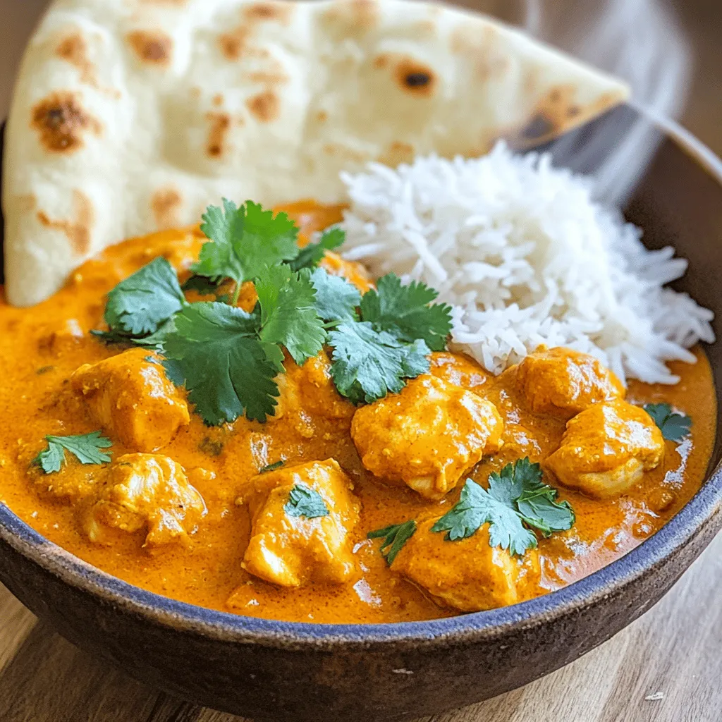 To make Easy Chicken Tikka Masala, gather these essential ingredients: - 500g chicken breast, diced into bite-sized pieces - 1 cup plain yogurt - 2 tablespoons garam masala - 1 tablespoon ground cumin - 1 tablespoon ground coriander - 1 teaspoon turmeric - 1 teaspoon chili powder (adjust for spice level) - 4 cloves of garlic, finely minced - 1 inch fresh ginger, grated - 2 tablespoons olive oil - 1 medium onion, finely chopped - 1 can (400g) diced tomatoes, with juices - 1 cup coconut milk - Salt, to taste - Fresh cilantro (coriander), chopped, for garnish To boost the taste, you can add these optional items: - 1 tablespoon lemon juice for a tangy twist - 1-2 green chili peppers, chopped, for extra heat - 1 teaspoon sugar to balance flavors - Additional spices like cinnamon or cardamom for depth You will need these items to make cooking easier: - A large mixing bowl for marinating chicken - A sharp knife and cutting board for prep - A skillet or frying pan for cooking - A spoon or spatula for stirring - Measuring spoons for accurate ingredient amounts - A serving dish for presentation Gathering these ingredients and utensils sets you up for a flavorful cooking experience. Enjoy the process of making this delightful dish! To start, take a mixing bowl. In it, add 1 cup of plain yogurt. Then, mix in 2 tablespoons of garam masala, 1 tablespoon of ground cumin, and 1 tablespoon of ground coriander. Next, add 1 teaspoon of turmeric and 1 teaspoon of chili powder. You can adjust the chili powder to suit your taste. Finally, add half of the minced garlic and the grated ginger. Stir everything together until it forms a smooth marinade. This mix is key to a flavorful dish. Now, take 500g of diced chicken breast. Add it to the marinade you just made. Make sure every piece is well-coated. This is where the magic happens! Cover the bowl with plastic wrap or a lid. Place it in the refrigerator for at least 1 hour. For the best flavor, let it sit overnight. This allows the spices to soak into the chicken. Heat 2 tablespoons of olive oil in a large skillet over medium heat. Once the oil is hot, add 1 finely chopped onion. Sauté it for about 5 minutes until it turns soft and clear. Next, add the remaining minced garlic and grated ginger. Cook for 1-2 more minutes. This step fills your kitchen with a lovely aroma. Now, add the marinated chicken to the skillet. Reserve any leftover marinade. Cook the chicken for about 7-10 minutes until it browns. Then, pour in the can of diced tomatoes with their juices and the reserved marinade. Stir everything together and bring it to a simmer. Let it cook for 10 more minutes. Lower the heat, and stir in 1 cup of coconut milk. Mix it well. Let it simmer gently for another 10 minutes. You can add water if you want a thinner sauce. Season with salt to taste. When it’s ready, turn off the heat and let it sit for a few minutes. This resting time helps the flavors blend well. For the full recipe, refer to the earlier section. To get the best flavor, marinate your chicken well. Use plain yogurt as your base. Yogurt helps to tenderize the meat and adds a tangy taste. Mix yogurt with spices like garam masala, cumin, and turmeric. This mixture will coat every piece of chicken. Make sure to let it marinate for at least one hour. For the best results, marinate overnight. This gives the spices more time to soak in. Cooking techniques matter a lot. Start by sautéing onions in olive oil. This adds sweetness and depth to your dish. After the onions are soft, add garlic and ginger for more flavor. These ingredients should cook just until fragrant. This step enhances the taste of the whole dish. When adding the marinated chicken, let it brown well. Browning adds a nice texture. Finally, add diced tomatoes and coconut milk, stirring thoroughly to combine. To make your meal complete, serve Chicken Tikka Masala with basmati rice or naan. The rice soaks up the sauce, making every bite delicious. Naan is perfect for scooping up the sauce. For a fresh touch, garnish with chopped cilantro. You can also add lime wedges for extra zing. This adds a bright flavor that balances the spices. For more fun, consider serving a side salad or yogurt raita to cool things down. {{image_4}} You can easily swap chicken for vegetables or tofu. For a vegetarian version, use firm tofu. Cut it into cubes and marinate just like the chicken. You can also use mixed vegetables like bell peppers, zucchini, and cauliflower. These options soak up the spices nicely. Cook them until they're tender. The flavors will still shine through. Not everyone enjoys the same level of heat. If you want less spice, reduce the chili powder. Start with a half teaspoon and taste as you go. For more heat, add extra chili powder or even fresh chopped chilies. Remember, you can always add more, but it’s hard to take it away. If you have dietary needs, you can make changes easily. For a dairy-free version, use almond yogurt instead of plain yogurt. If you're gluten-free, check that all spices and canned goods are gluten-free. Coconut milk is a great dairy substitute, but you can also use vegetable broth for a lighter sauce. You can find the full recipe [here]. To store leftover chicken tikka masala, let it cool down first. Then, place it in an airtight container. This helps keep it fresh. Store it in the fridge for up to four days. If you want to keep it longer, consider freezing it. When reheating chicken tikka masala, use the stove for the best taste. Place it in a pan over low heat. Stir occasionally to warm it evenly. You can add a splash of water or coconut milk if it seems too thick. You can also use a microwave, but be careful not to overheat. To freeze chicken tikka masala, ensure it is fully cooled. Place it in freezer-safe bags or containers. Remove as much air as possible to prevent freezer burn. It can last up to three months in the freezer. When ready to eat, thaw it in the fridge overnight before reheating. Yes, you can make Easy Chicken Tikka Masala ahead of time. Prepare the dish, then cool it down. Store it in a sealed container in the fridge for up to three days. When ready to eat, just reheat on the stove until hot. This helps the flavors meld even more! If you want to swap out coconut milk, try using heavy cream or Greek yogurt. These options add creaminess without losing flavor. You can also use almond milk, but it may change the taste a bit. Just remember to adjust the seasoning to keep it tasty. Easy Chicken Tikka Masala can be made spicy or mild. The chili powder is the main spice. Start with a small amount if you prefer less heat. You can always add more later, but you can’t take it out once it’s in! Adjust it to your taste for the best experience. We explored how to make easy Chicken Tikka Masala, focusing on ingredients, instructions, and tips. You learned about required and optional ingredients that elevate flavor. Understanding marinating and cooking steps ensures juicy chicken. Plus, I shared ways to adapt recipes for different diets and spice levels. In closing, enjoy your meal and feel free to experiment. Happy cooking!