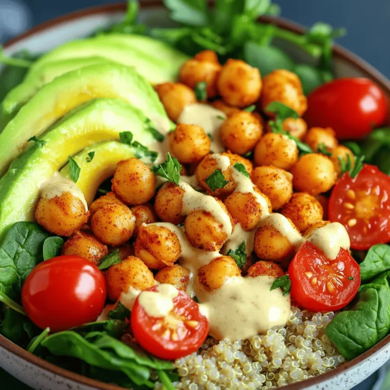 This recipe is packed with fresh and tasty ingredients. Here’s what you need: - 1 can (15 oz) chickpeas, thoroughly rinsed and drained - 2 tablespoons olive oil - 1 teaspoon smoked paprika - 1 teaspoon garlic powder - 1/2 teaspoon ground cumin - Sea salt and freshly cracked pepper to taste - 1 cup quinoa, well rinsed under cold water - 2 cups vegetable broth (or water) - 1 cup cherry tomatoes, halved - 1 ripe avocado, sliced - 1 cup spinach or a blend of mixed greens - 1/4 cup tahini (sesame paste) - 2 tablespoons fresh lemon juice - 2 tablespoons water (for adjusting tahini consistency) - Fresh parsley, chopped (for garnish, optional) These ingredients work together to create a delightful dish. The chickpeas give a great crunch, while the quinoa adds a nice base. You can swap or add some ingredients to fit your taste: - Chickpeas: Use canned white beans for a different flavor. - Olive oil: Avocado oil works well too. - Quinoa: Try brown rice or farro for a different grain. - Spinach: Kale or arugula can add a peppery kick. - Tahini: You can use yogurt or nut butter in its place. - Lemon juice: Lime juice can give a fun twist. Feel free to mix and match. Cooking should be fun! - Chickpeas: They are high in protein and fiber. They can help keep you full. - Olive oil: This healthy fat is good for your heart. - Quinoa: It is a complete protein. This means it has all nine essential amino acids. - Spinach: This leafy green is rich in vitamins A and C. - Tahini: It provides healthy fats and calcium. Each ingredient adds flavor and nutrition to your meal. Enjoying this bowl is not just tasty, but also good for you. For the full recipe, check out the details above. To make crispy chickpeas, start by preheating your oven to 400°F (200°C). Take a can of chickpeas and rinse them well. Drain them completely. In a mixing bowl, add the chickpeas, olive oil, smoked paprika, garlic powder, ground cumin, sea salt, and freshly cracked pepper. Toss the chickpeas gently so every one gets coated. Spread the seasoned chickpeas on a baking sheet lined with parchment paper. Bake for 25-30 minutes. Shake the pan halfway through to help them crisp up evenly. When they turn golden brown, they're ready. While the chickpeas roast, it’s time to cook the quinoa. In a medium saucepan, bring vegetable broth or water to a boil. Once boiling, add 1 cup of rinsed quinoa. Reduce the heat to low, cover the pot, and let it simmer for about 15 minutes. The quinoa is done when all the liquid is gone. After that, take it off the heat and let it sit for another 5 minutes. Fluff the quinoa with a fork for a light texture. For the tahini dressing, grab a small bowl. Whisk together 1/4 cup of tahini, fresh lemon juice, and 2 tablespoons of water. Add a pinch of salt for taste. Keep whisking until the mixture is smooth and creamy. If it’s too thick, add a little more water until you reach your desired consistency. For the full recipe, check out the detailed instructions above. Enjoy creating your Crispy Chickpea Buddha Bowl! To get crispy chickpeas, start with dry ones. Rinse and drain them well. Pat them dry with a towel. This removes extra moisture. Use olive oil and spices to coat them evenly. Spread them out on a baking sheet. Make sure they do not touch. Bake at 400°F for 25-30 minutes. Shake the pan halfway. This helps them crisp up all over. If you want a different style, try frying the chickpeas. Heat oil in a pan. Add the chickpeas and cook until golden. You can also use an air fryer. Set it to 400°F and cook for 15-20 minutes. Both methods create a nice crunch. Each way brings out unique flavors, so feel free to experiment. A beautiful bowl makes the meal more fun. Use deep bowls for layers. Start with quinoa as your base. Add greens next for color. Then, arrange the crispy chickpeas on top. Place halved cherry tomatoes and avocado slices around. Drizzle tahini dressing over everything. Finish with fresh parsley for a pop of green. This will create a dish that looks as good as it tastes. {{image_4}} You can change up the veggies based on the season. In spring, add fresh asparagus or peas. In summer, try bell peppers or zucchini for a sweet crunch. In fall, roasted butternut squash or Brussels sprouts work great. In winter, use hearty kale or root vegetables like carrots and beets. This lets you enjoy fresh flavors all year round. Plus, it makes the bowl more colorful and fun! To make your bowl extra filling, add more protein. Grilled chicken or shrimp are tasty choices. You can also use boiled eggs for a creamy touch. If you want a plant-based option, add lentils, edamame, or tofu. These options keep the meal healthy while giving you energy. It’s a great way to tailor the dish to your needs. Dressings can change the whole vibe of your bowl. Try a spicy sriracha tahini for a kick. A simple lemon vinaigrette brightens the flavors. For a creamy touch, use avocado dressing. You can even do a yogurt-based dressing for a tangy twist. Each dressing brings its own taste, making every meal feel new. Don't hesitate to mix and match until you find your favorite! Check out the Full Recipe for more ideas. To store your Crispy Chickpea Buddha Bowl, first let it cool. Place leftovers in an airtight container. Store the bowl in the fridge for up to three days. Keep the tahini dressing separate to avoid soggy greens. This way, your chickpeas stay crispy when you enjoy them later. Reheating crispy chickpeas can be tricky. To keep them crunchy, use your oven. Preheat it to 350°F (175°C). Spread the chickpeas on a baking sheet. Heat for about 10 minutes, checking often. If you prefer a quicker method, use a microwave, but the texture won’t be as nice. Always follow food safety rules. Store food in the fridge within two hours of cooking. Make sure your fridge stays below 40°F (4°C). When reheating, ensure the food reaches 165°F (74°C) for safe eating. If the chickpeas smell off or look strange, throw them away. Safety first! To make your chickpeas less oily, use less olive oil. Start with one tablespoon instead of two. You can also dry the chickpeas well before mixing them with oil. This helps them crisp up without absorbing too much oil. Another tip is to use a cooking spray instead of pouring oil directly. This way, you control the amount better. Yes, you can easily make the Buddha bowl vegan. The base of quinoa and chickpeas is already plant-based. For the tahini dressing, just ensure that your tahini is pure and contains no animal products. You can replace any non-vegan toppings with vegan-friendly options. For example, swap out honey for maple syrup in dressings if you want a sweet touch. Customizing your Buddha bowl is fun and easy. You can add any veggies you love. Try roasted sweet potatoes, bell peppers, or even kale. For protein, consider adding tofu or tempeh. You can also swap out the tahini dressing for other dressings like hummus or a lemon vinaigrette. Play with flavors by adding nuts or seeds for crunch and flavor. The full recipe gives you a great base, but feel free to get creative! In this post, we explored the crispy chickpea Buddha bowl, from key ingredients to step-by-step prep. You learned how to get that perfect crunch and how to add flavor with tahini dressing. We also covered easy ways to customize your bowl and keep it fresh. Remember, this dish is fun to make! Feel free to swap ingredients and add your favorite proteins. Enjoy creating your own healthy bowls full of flavor and nutrients. You have all the tools now—get cooking!