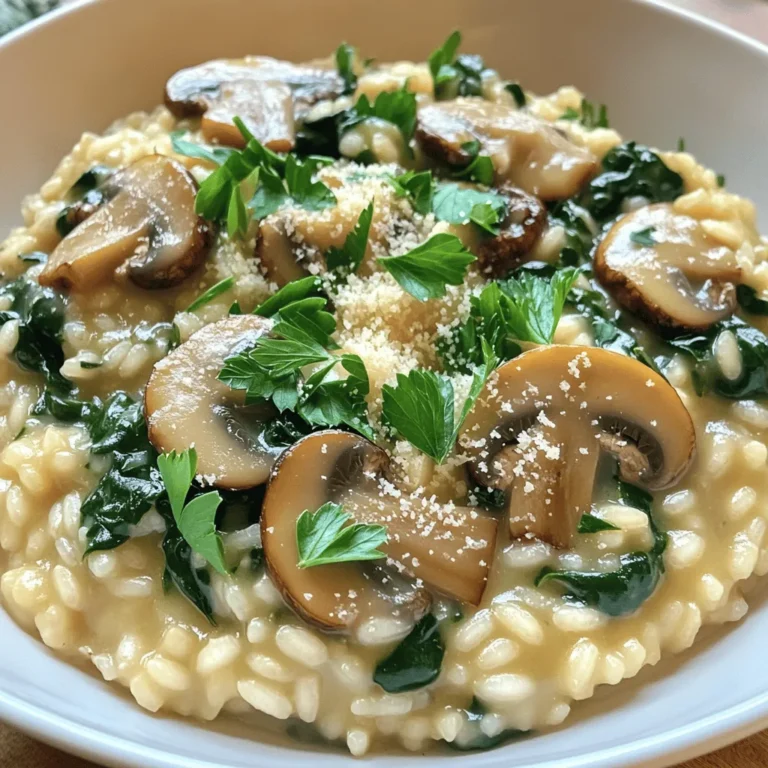 To make a rich and filling creamy mushroom risotto, you need the following ingredients: - Arborio rice - Vegetable broth - Fresh mushrooms (cremini or shiitake) - Chopped onion - Minced garlic - Fresh spinach - Grated Parmesan cheese - Heavy cream - Olive oil - Seasoning (salt and pepper) - Fresh parsley for garnish Each ingredient plays a key role in making the risotto creamy and tasty. Arborio rice is special because it has a high starch content. This starch helps create that creamy texture we love. Fresh mushrooms add depth and earthiness, while the onion and garlic bring flavor. Spinach gives a nice touch of color and nutrients. Grated Parmesan cheese and heavy cream create richness. Olive oil adds a smooth taste and helps sauté the onions and garlic. Finally, seasoning with salt and pepper enhances all the flavors. For a lovely finish, fresh parsley adds brightness and a pop of color. For the full recipe, check the section above! 1. Heating the vegetable broth: Start by pouring 4 cups of vegetable broth into a medium saucepan. Heat it over low heat. Keeping it warm is key. This helps the rice cook evenly. 2. Sautéing the onion and garlic: In a large skillet, add 2 tablespoons of olive oil. Warm it over medium heat. Once hot, toss in 1 finely chopped onion. Cook for 3-5 minutes until the onion looks clear. Then, add 2 cloves of minced garlic. Stir for 1 minute for a rich aroma. 3. Cooking the mushrooms: Next, add 1 cup of sliced mushrooms to your skillet. You can use cremini or shiitake. Cook them for 5-7 minutes until they become soft. Stir them often to mix in the flavors. 1. Toasting the Arborio rice: Now, it's time to add 1 cup of Arborio rice to the skillet. Stir well to coat every grain with oil. Toast the rice for 1-2 minutes. This adds a nice nutty flavor. 2. Gradually adding broth: Begin adding the warm vegetable broth, one ladle at a time. Stir often as the rice absorbs the liquid. Repeat this for about 20 minutes. The rice should turn creamy and tender but still firm inside. 3. Incorporating spinach and cheese: As the rice cooks, fold in 1 cup of chopped spinach, ½ cup of cream, and ½ cup of grated Parmesan cheese. Mix well until the spinach wilts and the cheese melts. This step creates a rich, creamy texture. 1. Tasting and seasoning: Taste your risotto at this point. Add salt and pepper to your liking. This is crucial for flavor. Each bite should be satisfying and delicious. 2. Resting the dish before serving: Once cooked, remove the skillet from heat. Let it rest for a minute. This allows the flavors to blend nicely. For the complete recipe, refer to the earlier mentioned section. Enjoy the rich and filling creamy mushroom risotto! - Maintaining consistent broth temperature: Always keep your broth warm. This helps the rice cook evenly. A consistent temperature means creamy risotto without waiting. - Stirring techniques for creaminess: Stir often, but not too hard. This helps release the starches from the rice. Creaminess comes from the movement of the grains. - Overcooking the rice: Keep an eye on the rice. It should be tender but still firm. If you cook it too long, it turns mushy. - Skipping seasoning adjustments: Taste as you go. Each batch of mushrooms can taste different. Adjust salt and pepper to make it perfect. - Presentation tips for serving: Use shallow bowls for a nice look. Add some fresh parsley and a sprinkle of cheese on top. This makes a simple dish look fancy. - Pairing with wines or salads: A light white wine goes well with risotto. You can also serve it with a fresh salad for a complete meal. Enjoy your creamy mushroom risotto! {{image_4}} You can switch out the rice for other types. Try using jasmine or basmati rice for a different taste. Each type of rice has its own texture and flavor. You can also mix in different veggies. Peas, asparagus, or bell peppers can add color and crunch. Experimenting with these substitutes keeps the dish fresh and exciting. To boost flavor, add fresh herbs like thyme or rosemary. A sprinkle of nutmeg can create warmth in your risotto too. You can also add proteins. Shrimp or chicken can make the dish heartier. Simply cook the protein in the skillet before adding the rice. This way, you infuse the risotto with extra flavor. For a vegan version, swap out the cream and cheese for coconut milk or nutritional yeast. This keeps the dish creamy while adding a rich flavor. You can also make a low-fat risotto. Use low-fat cream and skip the cheese. You’ll still enjoy a tasty meal without the extra calories. Store your creamy mushroom risotto in an airtight container. Make sure it cools down first. This keeps it fresh and tasty. Place it in the fridge. It’s best to eat it within three days for the best flavor. If you want to reheat it, add a splash of broth or water. This helps bring back its creamy texture. You can freeze risotto for later use. First, let it cool completely. Then, scoop it into freezer bags or containers. Try to remove as much air as you can. Label the bags with the date. When you want to eat it, thaw it in the fridge overnight. Reheat in a saucepan on low heat. Add some broth or water to restore creaminess. Stir often to keep it smooth. Creamy mushroom risotto lasts in the fridge for about three days. If you freeze it, it can stay good for up to three months. After that, the taste may fade. Always check for signs of spoilage before eating leftovers. If it smells off or looks strange, it’s best to throw it away. Enjoy your creamy mushroom risotto by storing it properly! The best rice for risotto is Arborio rice. This rice has a high starch content. It makes the risotto creamy and smooth. Other good options include Carnaroli and Vialone Nano. These types also have a rich texture and absorb flavors well. When you use Arborio rice, your creamy mushroom risotto will turn out perfect! You can prepare risotto in advance, but it is best fresh. If you make it early, cool it quickly and store it in the fridge. Keep it in an airtight container for up to two days. When you want to serve it, reheat with a little broth or water. This helps bring back its creamy texture. To reheat risotto, add a splash of broth or water. Place it in a pan over low heat. Stir it gently until warmed through. This keeps the rice creamy and moist. Avoid using a microwave, as it can dry it out. A little patience goes a long way in making your leftovers taste great! Stirring is key when making risotto. It helps release the starch from the rice. This starch gives the risotto its creamy texture. Stirring also prevents the rice from sticking to the pan. It promotes even cooking, so every grain becomes tender and flavorful. So keep stirring for a perfect creamy mushroom risotto! Creamy mushroom risotto pairs well with many dishes. You can serve it with grilled chicken or fish for protein. A fresh salad with lemon vinaigrette adds a nice crunch. For a special touch, try it with garlic bread or roasted vegetables. These sides complement the rich flavors of the risotto beautifully. For the full recipe, be sure to check out the details! This blog post guides you through making creamy mushroom risotto. We covered essential ingredients, preparation, cooking steps, and final touches. I shared tips to avoid common mistakes and offered serving suggestions and variations. You can even adjust the recipe for dietary needs. With these steps, you can create a delicious dish. Enjoy your cooking and feel proud of the meal you make!