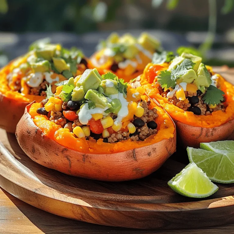 - 4 medium sweet potatoes - 1 lb ground turkey (or beef) - 1 tablespoon olive oil - 1 can (15 oz) black beans, rinsed and drained - 1 cup corn kernels (fresh or frozen) - 1 packet taco seasoning - 1 cup diced tomatoes (fresh or canned) - 1 cup shredded cheddar cheese - 1 avocado, diced - 1/4 cup fresh cilantro, chopped - 1 lime, cut into wedges - Salt and pepper to taste - Sour cream - Jalapeños - Salsa Gathering these ingredients is simple, and it sets the stage for a tasty meal. The sweet potatoes bring a nice sweetness and a lot of nutrients. Ground turkey or beef gives a hearty flavor. The black beans, corn, and tomatoes add texture and nutrition. Taco seasoning brings the classic flavor that everyone loves. The cheese and avocado on top make it all even better. Don't forget the lime for a fresh kick! For a full recipe, check out the [Full Recipe]. - Preheat the oven to 425°F (220°C). - Scrub and poke holes in sweet potatoes. - Bake sweet potatoes for 45-50 minutes. First, I preheat my oven to 425°F (220°C). This step is key to getting those sweet potatoes nice and tender. Next, I scrub each sweet potato under running water. Then, I poke holes in them with a fork. This prevents them from bursting while baking. After that, I place the potatoes on a baking sheet lined with parchment paper. Finally, I bake them for 45-50 minutes until they are soft. - Heat olive oil in a skillet over medium heat. - Cook ground turkey (or beef) until browned. - Stir in taco seasoning, black beans, corn, and tomatoes; simmer for 5-7 minutes. While the potatoes bake, I heat a tablespoon of olive oil in a skillet over medium heat. I add 1 pound of ground turkey or beef. I cook it until it is browned, about 5-7 minutes. Then, I stir in the taco seasoning, a can of rinsed black beans, corn, and diced tomatoes. I let this simmer for another 5-7 minutes. This lets all the flavors mix together nicely. - Slice baked sweet potatoes in half lengthwise. - Scoop filling into each half and top with cheese. - Garnish with avocado and cilantro, serve with lime wedges. Once the sweet potatoes are soft, I carefully take them out of the oven. I slice each potato in half lengthwise, making a boat shape. Then, I scoop the taco filling generously into each half. I sprinkle shredded cheddar cheese on top, letting it melt slightly from the heat. Finally, I garnish with diced avocado and fresh cilantro. I serve them with lime wedges on the side. A squeeze of lime adds a perfect tang to this dish. For the full recipe, check out the details above. - Adjust taco seasoning to taste. You can add more for a bolder flavor. - Incorporate lime juice for extra zing. This brightens the dish and adds freshness. - Use a fork to check for doneness easily. Poke the sweet potatoes to see if they are soft. - Allow cooling before cutting to prevent burns. Sweet potatoes hold heat well, so be careful. - Arrange on a platter for visual appeal. A colorful display makes the meal more inviting. - Drizzle lime juice for an added touch. This adds flavor and makes the dish shine. I love using these tips to make Taco Stuffed Sweet Potatoes even better. If you want to try this recipe, check out the Full Recipe for all the details. {{image_4}} You can switch up the protein in your taco stuffed sweet potatoes. Ground beef or chicken works great. If you want to keep it plant-based, try using lentils or beans. Shredded pork can also give a fun twist to the dish. Each option brings a unique taste and texture. Don't forget to add extra veggies! Diced bell peppers or onions can add flavor and crunch. You can also toss in spinach or kale for more nutrition. Adding these veggies not only boosts the health factor but also brightens the dish's colors. Want to mix things up a bit? Try some Mexican-style toppings like pico de gallo. This fresh salsa adds a burst of flavor. You can also use Greek yogurt instead of sour cream. It gives a creamy texture with less fat, making it a healthier choice. These simple changes can make your meal even more exciting. Store any leftovers in an airtight container. They stay fresh for up to 3 days. To keep the quality high, keep your toppings separate. This will help prevent sogginess and keep flavors bright. For quick reheating, use the microwave. Heat in short bursts to avoid hot spots. If you want a crispy texture, use the oven instead. Preheat it to 350°F and heat for about 10-15 minutes. You can freeze cooked sweet potatoes and the filling separately. This helps maintain their texture. When you're ready to eat, thaw everything in the fridge overnight. Then, reheat as needed for a tasty meal. - Approximately 45-50 minutes at 425°F. Sweet potatoes need time to bake until they are soft. You want them tender, so they are easy to scoop. I usually check them after 45 minutes. If they are not done, I leave them for a few more minutes. You can poke them with a fork to check. - Yes, prepare everything in advance and assemble before serving. Making these stuffed potatoes ahead of time is a great idea. You can bake the sweet potatoes and cook the taco filling. Store them separately in the fridge. When you are ready to eat, just warm them up and stuff the sweet potatoes. It saves time and keeps things simple. - Rich in vitamins A and C, fiber, and antioxidants. Sweet potatoes are a superfood. They are full of vitamins that help your body. Vitamin A is good for your eyes, and vitamin C helps your immune system. The fiber in sweet potatoes also helps with digestion. Plus, they have antioxidants that fight free radicals. - Yes, but sweet potatoes provide a unique flavor and nutrition. You can use regular potatoes if you want. They will work fine. However, sweet potatoes give a nice, sweet taste. They also have more nutrients than regular potatoes. So, I recommend sticking with sweet potatoes for this recipe. - A side salad or additional toppings like guacamole or corn chips. These stuffed potatoes are filling on their own. However, a side salad adds freshness. You can also top them with guacamole for creaminess. Corn chips bring crunch and fun. You can mix and match to create your perfect meal! This blog post shared a tasty recipe for Taco Stuffed Sweet Potatoes. You learned about the key ingredients and easy steps to prepare this dish. I also offered tips to enhance the flavors and variations to keep it exciting. Remember, you can adjust the recipe to suit your taste. Try different proteins or veggies to mix it up. Enjoy this healthy meal any night of the week!
