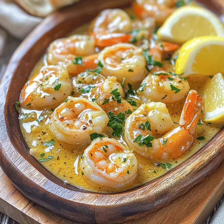 The ingredients for garlic butter shrimp are simple but full of flavor. Here’s what you will need: - 1 pound large shrimp, peeled and deveined - 4 tablespoons unsalted butter - 4 cloves garlic, finely minced - 1 tablespoon fresh lemon juice - 1 teaspoon paprika - 1/4 teaspoon red pepper flakes (optional for a kick) - Salt and freshly ground black pepper to taste - 2 tablespoons fresh parsley, finely chopped - Lemon wedges for serving These ingredients work together to create a dish that is both rich and vibrant. The shrimp should be large, as they will hold up well in the cooking process. Fresh garlic adds a punch of flavor, while lemon juice brings brightness to the dish. The butter is key for that creamy, smooth sauce that wraps around the shrimp. If you like heat, the red pepper flakes add just the right amount of spice. When selecting ingredients, always aim for the freshest options. Fresh shrimp will have a slight ocean smell, and the garlic should be firm and plump. Fresh parsley adds a pop of color and freshness at the end. For the full recipe with step-by-step instructions, check out the full recipe section. First, pat the shrimp dry using a paper towel. This step is key for a nice sear. Next, season the shrimp with salt, black pepper, and paprika. This adds flavor and depth to the dish. Now, melt the butter in a large skillet over medium heat. Once melted, add the minced garlic. Sauté it for about 1-2 minutes until it smells great. Avoid browning the garlic, as it can turn bitter. Raise the heat to medium-high. Add the seasoned shrimp to the skillet in a single layer. Cook for 2-3 minutes on one side. The shrimp should turn pink and opaque. This shows they are almost done. Carefully flip the shrimp over. If you enjoy a little heat, sprinkle red pepper flakes on top. Continue cooking for another 1-2 minutes. The shrimp should be fully cooked and no longer see-through. Once the shrimp are cooked, drizzle fresh lemon juice over them. Toss everything in the skillet to blend the flavors. Fold in the chopped parsley, ensuring it spreads evenly throughout the dish. Remove the skillet from the heat and let it rest for about a minute. Resting helps the flavors to meld beautifully. For the full recipe, check out the details above. Drying shrimp before cooking is key. Wet shrimp won’t sear well. A good sear gives shrimp a lovely flavor and texture. Use a paper towel to pat them dry. To avoid overcooking shrimp, watch the time closely. Cook shrimp for just 2-3 minutes on each side. They should turn pink and opaque. Remove them from heat as soon as they are done. Choosing fresh shrimp is easy if you know what to look for. Look for shrimp that smell like the ocean, not fishy. The shells should be shiny and firm. For butter, use unsalted to control the salt level. Look for high-quality butter for the best taste. Fresh garlic is also a must. Select firm cloves without any sprouting. To add heat, consider optional spices like red pepper flakes. Just a pinch can make a big difference. You can also try cayenne pepper for more kick. Fresh herbs can elevate your dish even more. Try adding fresh basil or thyme for a twist. These herbs bring a new layer of flavor, making your garlic butter shrimp unique. For the full recipe, check out the Garlic Butter Shrimp Delight section. {{image_4}} You can make this dish lighter without losing flavor. Try using olive oil instead of butter. Olive oil adds a nice taste and is heart-healthy. You can also add more vegetables to your shrimp. Bell peppers, zucchini, and spinach work well. They add color and nutrients to your meal. Garlic butter shrimp pairs well with many foods. You can serve it over rice or pasta. The sauce soaks into the grains, making each bite tasty. If you want something lighter, serve it as an appetizer. It works great on its own or with crusty bread for dipping. You can explore global flavors with garlic butter shrimp. For Asian-inspired dishes, add soy sauce and sesame oil. This gives the dish a nice umami flavor. For a Mediterranean twist, try using herbs like oregano or thyme. You can also add cherry tomatoes and olives for extra zest. These twists keep the dish fresh and exciting. For the full recipe, check out the Garlic Butter Shrimp Delight. To store leftover garlic butter shrimp, place it in an airtight container. Cover it tightly to keep the shrimp fresh. You can store it in the fridge for up to three days. When you are ready to eat, reheat it gently. Use a skillet over low heat for the best results. This helps keep the shrimp juicy and tender. You can also microwave it, but do so in short bursts. Stir in between to avoid overcooking. If you want to freeze cooked shrimp, it’s best to do so right after cooking. Place the shrimp in a freezer-safe bag, removing as much air as possible. This helps avoid freezer burn. You can freeze it for up to three months. When you’re ready to eat, thaw the shrimp in the fridge overnight. For quicker thawing, you can place them in cold water. This method keeps the texture nice and firm. By following these steps, you can enjoy garlic butter shrimp even after the first meal! For the full recipe, check out the instructions above. Can I make garlic butter shrimp with frozen shrimp? Yes, you can use frozen shrimp. Just thaw them first. Place them in cold water for 15-20 minutes. Pat them dry before cooking. This helps get a nice sear. How do I know when the shrimp are fully cooked? Shrimp turn pink and opaque when cooked. Use a meat thermometer; shrimp should reach 120°F. Watch for them curling into a C shape, which means they are ready. What are the health benefits of shrimp? Shrimp are low in calories but high in protein. They contain omega-3 fatty acids, which are good for your heart. Shrimp also provide selenium, important for your immune system. How many calories are in garlic butter shrimp? Garlic butter shrimp has about 300 calories per serving. This can vary based on the amount of butter you use. Adjust your ingredients to fit your diet. What can I use instead of red pepper flakes? If you want less heat, try paprika or black pepper. For more heat, use cayenne pepper. Adjust the amount based on your taste. Can I substitute the butter with a vegan option? Yes, use vegan butter or olive oil instead. Both options keep the dish rich and flavorful. You can also try coconut oil for a unique taste. For the complete recipe, refer to the Full Recipe section. This blog post covered how to make delicious garlic butter shrimp. We discussed the key ingredients and provided step-by-step instructions for cooking. I shared helpful tips for perfecting your dish and suggested flavor variations. You can store leftovers properly or try different serving ideas. Incorporating these steps will help you enjoy this dish in many ways. It’s simple to make and sure to impress. Enjoy your cooking journey with garlic butter shrimp!