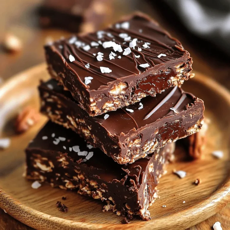 - 2 cups rolled oats - 1 cup almond butter (or alternative nut butter) - 1/2 cup honey or agave syrup - 1/2 cup unsweetened cocoa powder - 1/4 cup dark chocolate chips - 1/4 cup chopped nuts (walnuts, almonds, or pecans) - 1/2 teaspoon pure vanilla extract - A pinch of sea salt These ingredients make a tasty base for our no bake chocolate oat bars. The rolled oats give a nice texture. Almond butter adds healthy fats and flavor. Honey or agave syrup sweetens the mix. Cocoa powder brings that rich chocolate taste. Dark chocolate chips add a melty treat. Chopped nuts give a crunchy bite. Vanilla extract rounds it all out. A pinch of sea salt enhances the sweetness. - Other nut butters (peanut butter, cashew butter) - Dried fruits (raisins, cranberries) - Seeds (chia, flaxseeds) You can mix things up with optional ingredients. Different nut butters can change the flavor. Try adding dried fruits for sweetness. Seeds are a great way to add texture and nutrition. Each addition makes these bars unique. You can create your perfect no bake chocolate oat bar. For the full recipe, check out the details above. 1. In a large mixing bowl, combine the rolled oats, unsweetened cocoa powder, and a pinch of sea salt. Stir until the dry mix is well blended. 2. In a small saucepan, melt the almond butter and honey over low heat. Stir continuously until smooth and mixed well. 3. Remove the saucepan from heat. Stir in the pure vanilla extract. Add the dark chocolate chips and mix gently until they begin to melt into the warm almond butter. 1. Pour the warm almond butter mixture over the oat mixture in the large bowl. Stir until all the oats are coated. If you want, fold in the chopped nuts for added crunch. 2. Line an 8x8-inch baking dish with parchment paper, leaving some overhang. Pour the mixture into the dish. Use a spatula or your hands to press it down firmly. 3. Refrigerate the bars for at least 1-2 hours, or until they feel firm to the touch. Once set, lift the bars out using the parchment paper and cut them into squares or rectangles. For the full experience, check out the Full Recipe to see how you can make these delicious treats! - Even Mixing: Start by mixing the dry ingredients well. This helps blend the oats and cocoa. It prevents clumps and ensures every bite is tasty. - Check Consistency: Before you press the mixture, check its consistency. It should be sticky and hold together well. If it feels too dry, add a tiny bit more almond butter or honey. - Melting Almond Butter: Melt almond butter on low heat. High heat can burn it and change the flavor. Stir it until smooth and creamy. This keeps your bars rich and delicious. - Arranging Bars: Once cut, place the bars neatly on a plate. This makes them look inviting and ready to eat. - Drizzling with Chocolate: Melt some chocolate and drizzle it over the bars. This adds a nice shine and extra chocolate flavor. - Adding Garnishes: Sprinkle a little sea salt or shredded coconut on top. This adds a pop of color and makes the bars more appealing. {{image_4}} You can easily change the recipe to fit your diet. Here are some ideas: - Gluten-free options: Use gluten-free oats. This small change makes the bars safe for those with gluten issues. - Vegan adaptations using maple syrup: Swap honey for maple syrup. This keeps the bars sweet and plant-based. - Nut-free versions using sunbutter: If you avoid nuts, use sunbutter. It gives a nice flavor without nuts. Feel free to play with flavors. Here are some fun options: - Adding spices: Sprinkle in some cinnamon or nutmeg. These spices add warmth and depth to the taste. - Swapping out cocoa for carob powder: If you want a different taste, use carob powder. It offers a sweet, earthy flavor. - Incorporating protein powder for an extra boost: Stir in some protein powder. This makes the bars a great snack after exercise. For a full recipe, check out the detailed instructions. Enjoy your tasty treats! To keep your no bake chocolate oat bars fresh, use airtight jars or bags. These containers help maintain moisture and prevent the bars from drying out. You can store them in the fridge for up to a week. If you want to save them longer, freeze them for up to three months. Just make sure to wrap them well to avoid freezer burn. When you take out a frozen bar, thaw it in the fridge overnight. This method keeps the texture nice and smooth. After thawing, cut the bars with a sharp knife for clean edges. You can serve them as is or warm them slightly in the microwave for a gooey treat. Enjoy your delicious snack! No Bake Chocolate Oat Bars last about one week when stored in the fridge. Keep them in an airtight container to keep them fresh. You can also freeze them for up to three months. Just wrap them well before freezing. Yes, you can easily substitute almond butter with other nut butters. Peanut butter and cashew butter work well too. Just choose your favorite nut butter. This change will still give you tasty bars. If you want to skip honey, agave syrup is a great option. Maple syrup can also replace honey. Both choices will give your bars a sweet taste. Absolutely! These bars are great for kids. They are easy to make and have healthy ingredients. Plus, kids love the chocolate flavor, making them a fun treat. You can tell the bars are set when they feel firm to the touch. After refrigerating for 1-2 hours, check if they hold their shape. If they do, they are ready to enjoy! This blog post shared a simple recipe for No Bake Chocolate Oat Bars. You learned about the key ingredients and how to mix them. I provided tips for perfect bars and ways to customize the recipe. Remember, these bars are easy to store and great for any meal. You can switch ingredients to fit your needs. I hope you enjoy making and sharing these tasty treats!