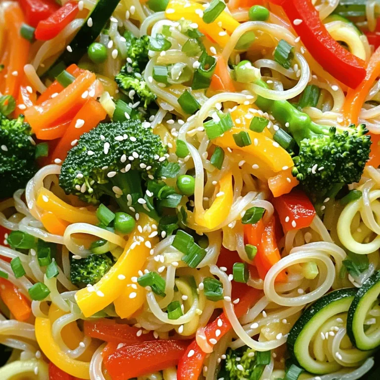 - 250g rice noodles - 1 tablespoon sesame oil - 1 red bell pepper, julienned - 1 yellow bell pepper, julienned - 1 cup broccoli florets - 1 medium carrot, thinly sliced - 1 zucchini, spiralized or julienned - 1 cup snap peas - 3 green onions, finely chopped - 3 cloves garlic, minced - 1 tablespoon fresh ginger, grated - 3 tablespoons soy sauce - 1 tablespoon honey or maple syrup - 1 tablespoon rice vinegar - 1 teaspoon chili flakes (optional) - Sesame seeds for garnish - Lime wedges for garnish This vibrant mix of rice noodles and fresh veggies makes the stir fry so colorful. Each ingredient adds a unique crunch and flavor. You can always play with the veggies based on what you have or what you like. For the sauce, I love using soy sauce and honey. It brings a nice balance of salt and sweetness. If you want to spice it up, just add the chili flakes. This recipe is all about fun and creativity, so feel free to customize! For the complete preparation details, check the Full Recipe. First, cook the rice noodles. Follow the package instructions for timing. I usually boil them until tender. After cooking, drain them well. Place them in a bowl and set aside to cool. This helps keep them from sticking together. Next, heat the sesame oil in a large wok. Turn the heat to medium-high until the oil shimmers. Add the minced garlic and grated ginger. Sauté for about 30 seconds. You want to smell their aroma but avoid burning them. Then, toss in the sliced carrots and both bell peppers. Stir-fry these veggies for 2-3 minutes. Look for bright colors and slight softness. Now, add the broccoli florets and snap peas. Keep stir-frying for another 2-3 minutes. You want them to stay crunchy and colorful. Gently fold in the spiralized or julienned zucchini and the cooked rice noodles. This step mixes everything well. In a small bowl, whisk together the soy sauce, honey, rice vinegar, and chili flakes, if you like heat. Pour this sauce over the noodles and veggies. Carefully toss everything together with tongs or a spatula. Cook for another 1-2 minutes until it’s heated through. Finally, stir in the chopped green onions. Now, scoop the colorful stir fry onto serving plates. Finish with a sprinkle of sesame seeds for a lovely touch. Enjoy your vibrant meal! For the full recipe, check the details above. Stir-frying vegetables is quick and fun. Use high heat to seal in flavors. A wok is best for this. It spreads heat evenly and lets food cook fast. Start with harder veggies like carrots and bell peppers. They need more time to cook. Add softer veggies like zucchini and snap peas later. This keeps them crunchy and bright. To maintain that crunch, stir-fry in small batches. Overcrowding can steam veggies instead of frying them. Keep tossing them to ensure even cooking. If you see steam, raise the heat or use less food in the pan. To boost flavor, try adding fresh lime juice. It adds a zesty kick to the dish. You can also experiment with spices. A sprinkle of cumin or coriander gives it a new twist. For a little heat, add more chili flakes. If you want a sweeter taste, use more honey or maple syrup. A pretty dish makes food more appetizing. Use bright bowls to show off the colorful noodles. Top with sesame seeds for a nice crunch. Add a wedge of lime on the side for a pop of color. Fresh herbs like cilantro or parsley can also brighten the plate. Arranging the veggies in layers can make the dish look even better. For the full recipe, check the section above. {{image_4}} You can mix up this dish by using seasonal veggies. Squash, asparagus, or bell peppers all work well. Try adding some leafy greens like spinach or kale. They will brighten the dish and add nutrients. You can also swap the rice noodles for soba or udon noodles. Soba adds a nutty taste, while udon gives a chewy texture. Want to pack in some protein? Tofu is a great choice. Just cube it and sauté until golden. Chicken adds a nice flavor too. Slice it thin and cook it in the wok first. Shrimp is another fantastic option. Toss in the shrimp just before the noodles. They cook quickly and add a lovely touch. For a vegan twist, use soy sauce or tamari. Both are tasty and keep the dish plant-based. You can replace honey with maple syrup for sweetness. For gluten-free noodles, look for rice noodles or zucchini noodles. They maintain the flavor and texture without gluten. To keep your Rainbow Veggie Noodle Stir Fry fresh, store it in airtight containers. Place it in the fridge right after it cools. This helps to lock in the flavors and keep the veggies crunchy. If you want to save it for longer, you can freeze it. Just make sure to divide it into portions before freezing. This way, you can take out only what you need. When reheating, avoid the microwave if you can. Microwaves can make noodles mushy. Instead, use a pan on low heat. Add a splash of water or a bit of oil to help the noodles steam. Stir gently until warm. This helps to keep the texture intact, making your meal enjoyable again. Your stir fry will stay good in the fridge for about 3 to 4 days. If you freeze it, it can last up to 3 months. After that, the quality may drop. Label your containers with dates so you know when to eat them. Enjoy your colorful and crunchy meal later without worry! Yes, you can use different noodles. Soba noodles add a nutty flavor. Udon noodles are thicker and chewy. You can also try zucchini noodles for a low-carb option. Each noodle brings its own taste and texture. Just make sure to cook them as directed on the package. This way, they mix well with the veggies. To add spice, use chili flakes or fresh chili peppers. You can also add a dash of hot sauce or sriracha. Start with a little and taste as you go. This lets you control the heat level. For a smoky flavor, try adding smoked paprika. Spice makes your stir fry exciting and full of flavor. This stir fry is packed with nutrients. Colorful veggies like peppers and broccoli are high in vitamins. Carrots give you beta-carotene for good vision. Zucchini is low in calories and high in water. Snap peas offer fiber and protein. Together, these ingredients support a healthy diet. Plus, this dish is low in fat and can be made vegan. Eating this stir fry helps you feel full and satisfied. For the full recipe, check out the details above. This stir fry recipe is easy and fun. You learned about the key ingredients, cooking steps, and how to store leftovers. With tips for flavor and presentation, you can impress anyone. Don't shy away from trying variations. Substitute veggies, add protein, or explore vegan options. This dish is flexible and healthy, making it a great choice for any meal. Enjoy your cooking and the delicious results that come with it!