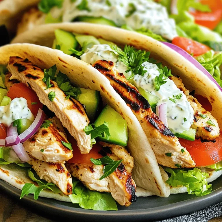 - 1 lb chicken breast, sliced into strips - 2 tablespoons extra-virgin olive oil - 2 teaspoons dried oregano - 1 teaspoon garlic powder - 1 teaspoon smoked paprika - Salt and freshly ground black pepper to taste - 4 large pita breads - 1 cup shredded romaine lettuce - 1 large ripe tomato, diced - 1/2 medium red onion, thinly sliced - 1 cup cucumber, diced - 1/2 cup tzatziki sauce (store-bought or homemade) - Fresh parsley, finely chopped (for garnish) These ingredients create a tasty and fresh wrap. The chicken is the star, tender and juicy after marinating. The olive oil adds healthy fat, while oregano brings that classic Greek flavor. Garlic and smoked paprika give depth and warmth to each bite. You can mix in extras for fun twists. Consider adding: - Feta cheese for a salty touch - Bell peppers for a crunchy bite - Olives for a briny flavor - Avocado for creaminess These add-ins can make your gyro unique. You can customize it to fit your taste. Each ingredient brings health benefits. Chicken is high in protein, perfect for muscle repair. Olive oil is rich in good fats that support heart health. Fresh veggies like lettuce and cucumber offer fiber and hydration. Tomatoes add vitamins and antioxidants that fight disease. With these ingredients, you enjoy a meal that is not only delicious but good for you too. For the complete recipe, check out the Full Recipe. To start, I mix the chicken strips with olive oil, oregano, garlic powder, smoked paprika, salt, and pepper. This blend adds great flavor to the chicken. I make sure to coat the chicken well. After mixing, I cover the bowl with plastic wrap. I let it sit in the fridge for at least 30 minutes. For the best taste, I recommend marinating for up to 2 hours. Next, I heat my grill or skillet over medium-high heat. Once it's hot, I add the marinated chicken strips. I avoid overcrowding the pan to ensure even cooking. I let them cook for about 6-8 minutes. I flip them occasionally until they turn golden brown. I check that the internal temperature reaches 165°F. After cooking, I take the chicken off the heat and let it rest for a few minutes to keep it juicy. While the chicken rests, I prepare the pita bread. I warm it on the grill or in the microwave. If I use the microwave, I heat it for about 15-20 seconds. This helps the pita become soft and easy to wrap. Next, I chop the veggies. I dice the tomato and cucumber, and slice the red onion thinly. I also shred the romaine lettuce. These fresh toppings will add crunch and flavor to my wraps. Once everything is ready, I can start assembling the wraps. For the full recipe, check the details above! To get the best flavor in your chicken, use fresh ingredients. Start with quality chicken breast. Marinate it with olive oil, oregano, garlic powder, and smoked paprika. Each of these adds a unique taste. Let the chicken marinate for at least 30 minutes. For deeper flavor, marinate it for up to 2 hours. This gives the spices time to soak in. When cooking, use a hot grill or skillet. This helps to seal in the juices. Tzatziki sauce is key for your wraps. If you make it at home, use plain yogurt as the base. Add diced cucumber, minced garlic, lemon juice, and salt. Mix well for a refreshing taste. Chill the sauce for a bit to let the flavors blend. You can also buy tzatziki sauce if you're short on time. Make sure to taste it before you serve. Adjust the seasoning as needed to suit your taste. Wrapping your gyro properly is crucial. Start with a warm pita. This makes it pliable and easy to fold. Place a generous amount of tzatziki sauce in the center. Layer your veggies and chicken on top. When wrapping, tuck in the edges. This keeps all the tasty filling secure. Hold the wrap tightly as you eat. This way, you won't lose any delicious bites. Try this method for a neat and enjoyable meal. For more details, check out the Full Recipe. {{image_4}} If you want a meat-free meal, try using grilled vegetables or falafel. You can use zucchini, bell peppers, or eggplant. These veggies add a nice char and flavor. Place them in the marinade, just like you would with chicken. Cook them until they are soft and golden. This choice keeps the wrap tasty and satisfying. While tzatziki is classic, you can explore other sauces. Try hummus for a creamy texture. A spicy feta dip can add a kick. You might also enjoy adding a yogurt-based dressing or tahini sauce. Each sauce gives a new twist to your gyro wrap. Play around to find your favorite combination. Feel free to change up the veggies in your gyro wrap. Add roasted red peppers or olives for more flavor. Try shredded carrots or sliced radishes for some crunch. You can also use fresh herbs like dill or mint. Each addition gives your wrap a unique taste and makes it fun to create. After your meal, store any leftover gyro wraps in the fridge. Place them in an airtight container. This keeps them fresh for about 2-3 days. If you want to keep them longer, separate the chicken and veggies from the pita. This prevents sogginess. When reheating, use a skillet for the chicken. Heat it over medium heat for about 5 minutes, stirring gently. This helps keep the chicken juicy. For the pita, warm it in a microwave for 15-20 seconds. You can also use a skillet, heating it for about 1 minute per side. If you want to prepare ahead, you can freeze the chicken. Place cooked chicken strips in a freezer bag. Remove as much air as possible. They can last up to 3 months in the freezer. When ready to eat, thaw them in the fridge overnight before reheating. Avoid freezing the pita and fresh veggies; they taste best fresh. For more details, check the Full Recipe. Yes, you can use pre-cooked chicken. It saves time and effort. Just heat it before adding it to the wraps. You can also add your favorite spices to boost the flavor. This option is great for busy days or quick meals. Serve Greek Chicken Gyro Wraps warm. They taste best right after you make them. You can add extra tzatziki sauce on the side for dipping. Pair with a fresh salad or roasted veggies for a complete meal. It’s all about enjoying the flavors together. You can find ready-made Greek Chicken Gyro Wraps at many grocery stores. Look in the deli or prepared food section. Some restaurants also sell them for takeout. Check local Mediterranean or Greek eateries too. If you want a quick fix, this is a great option. For the full experience, try making them fresh at home using the [Full Recipe]. Greek chicken gyro wraps are full of flavor and easy to make. We covered key ingredients, from chicken to tzatziki. I shared marinating and cooking steps to help you nail it. You also learned tips for great wraps and tasty variations. Plus, I included storage info to keep your meal fresh. These wraps can fit any taste, and they are great for meal prep. Enjoy making your own gyro wraps, and feel free to get creative!