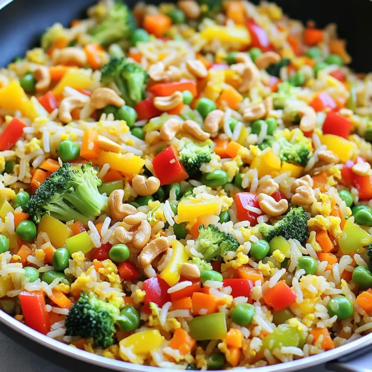 To make a tasty veggie packed fried rice, gather these key ingredients: - 2 cups cooked jasmine rice (day-old rice works best for texture) - 1 cup mixed bell peppers (red, yellow, and green), diced - 1 cup carrots, grated or finely diced - 1 cup frozen peas - 1 cup broccoli florets, chopped into small bite-sized pieces - 3 green onions, finely chopped - 2 cloves garlic, minced - 2 tablespoons soy sauce - 1 tablespoon sesame oil - 2 tablespoons vegetable oil - 1 teaspoon fresh ginger, grated - Salt and pepper to taste Adding a few optional ingredients can elevate your fried rice: - 1/4 cup cashews or almonds, chopped for a delightful crunch These ingredients give your dish extra flavor and texture. Feel free to mix and match based on what you have! Choosing fresh vegetables makes all the difference. Here’s how to pick the best: - Look for Bright Colors: Fresh veggies should be vibrant and colorful. This means they are ripe and full of flavor. - Check for Firmness: Vegetables like bell peppers and broccoli should feel firm and not squishy. - Avoid Brown Spots: Look for any blemishes or dark spots. These can indicate spoilage. - Smell the Produce: Fresh veggies have a pleasant, earthy smell. If they smell off, don’t buy them. Using fresh ingredients not only improves taste but also boosts nutrition. Enjoy the journey of selecting the best veggies for your meal! For the full recipe, check out Rainbow Veggie Packed Fried Rice. Before you start cooking, gather all your ingredients. This makes the process smooth. You need: - 2 cups cooked jasmine rice - 1 cup mixed bell peppers, diced - 1 cup carrots, grated or finely diced - 1 cup frozen peas - 1 cup broccoli florets - 3 green onions, chopped - 2 cloves garlic, minced - 2 tablespoons soy sauce - 1 tablespoon sesame oil - 2 tablespoons vegetable oil - 1 teaspoon fresh ginger, grated - Salt and pepper to taste - Optional: 1/4 cup chopped cashews or almonds Make sure your rice is day-old for the best texture. The cold rice keeps it from getting mushy. Heat vegetable oil in a large skillet or wok over medium-high heat. Wait until it shimmers, then add minced garlic and grated ginger. Stir for about 30 seconds. This brings out their great aroma. Now, add the diced bell peppers and carrots. Stir them for 2-3 minutes. You want them to soften and brighten up. Next, add the chopped broccoli. Stir-fry for another 2-3 minutes. The broccoli should be bright green and tender-crisp. Make sure to keep stirring. This helps cook the veggies evenly and keeps them vibrant. Once your veggies are cooked, push them to one side of the skillet. Pour sesame oil on the empty side. Add the cooked rice next to the oil. Use a spatula to break up any clumps. Now, mix the rice with the veggies. Stir well so they combine evenly. Drizzle soy sauce over the rice mixture. Stir thoroughly to coat everything. Finally, fold in the frozen peas and chopped green onions. Cook for about 2 minutes until they are warmed through. Season with salt and pepper to taste. If you like crunch, sprinkle in the chopped cashews or almonds before serving. Serve hot for a tasty and healthy meal, or as a side to your main dish. Check out the Full Recipe for more details! To get great rice, use day-old jasmine rice. Freshly cooked rice can be too sticky. Spread the fresh rice on a tray to cool. This helps it dry out a bit. Store it in the fridge overnight for the best texture. When you stir-fry, the grains stay separate, making a better meal. You can boost the taste with simple spices. Try adding a pinch of red pepper flakes for heat. A sprinkle of ground black pepper adds depth. If you like, mix in a dash of oyster sauce for a richer flavor. Experiment with these spices to find your favorite blend. One common mistake is overcooking the veggies. Keep them bright and slightly crisp. Another mistake is not using enough oil. Oil helps cook the rice evenly and adds flavor. Finally, don’t forget to season well. Taste as you cook and adjust salt and pepper as needed. For the complete experience, check out the Full Recipe to enjoy this colorful dish! {{image_4}} You can change the veggies in your fried rice. Use what you have on hand. Here are some great ideas: - Zucchini: Diced or grated, adds moisture and flavor. - Mushrooms: Chopped white or shiitake mushrooms bring umami. - Snap peas: Sweet and crisp, they add a nice bite. - Corn: Fresh or frozen, it adds sweetness and color. Mix and match your favorites to keep things exciting! If you want to make your fried rice more filling, add protein. Here are some tasty options: - Eggs: Scrambled eggs blend well and add richness. - Tofu: Firm tofu, cubed and sautéed, offers a nice texture. - Chicken or shrimp: Cooked and diced, these add a savory touch. - Edamame: A great plant-based protein that packs a punch. Choose one or mix several for a meal that satisfies! Making this dish vegan and gluten-free is easy! Here’s how: - Use tamari: It’s a gluten-free soy sauce option. - Skip any eggs or meat: Stick with just veggies and rice. - Add avocado: For creaminess and healthy fats, top with sliced avocado. These swaps keep the flavor high and the diet friendly. Enjoy your healthy, veggie-packed meal! To keep your veggie packed fried rice fresh, place it in an airtight container. Make sure it's cool before sealing to avoid moisture buildup. Store it in the fridge. It should last for about 3 to 4 days. When reheating, use a skillet for the best results. Add a splash of water to help steam the rice. This keeps it moist and fluffy. Heat on medium until hot, stirring often. You can also use a microwave. Just cover it with a damp paper towel to trap steam. Heat in short bursts, checking often. If you want to freeze your fried rice, use a freezer-safe container. Divide it into portions for easy meals later. Freeze it flat for quicker thawing. It can last up to 3 months in the freezer. To thaw, move it to the fridge overnight. Reheat in a skillet or microwave as mentioned above. Enjoy your veggie packed fried rice even after a few weeks! The best type of rice for fried rice is jasmine rice. This rice has a light, fragrant quality. It cooks fluffy and separates easily. Day-old rice works best because it is drier. Fresh rice can be sticky, making it hard to fry. If you use fresh rice, spread it out to cool before frying. This helps it dry out a bit. Yes, you can make Veggie Packed Fried Rice ahead of time! This dish tastes great as leftovers. Just follow the recipe and store it in an airtight container. It will stay fresh in the fridge for about three days. When you’re ready to eat, reheat it in a pan. Add a splash of water or soy sauce to keep it moist. To make this dish spicy, add some chopped chili peppers. You can also use hot sauce or chili paste. Mixing in a teaspoon of sriracha gives a nice kick. For a smoky flavor, try adding some smoked paprika. Adjust the spice based on your taste. Enjoy the heat! Veggie-packed fried rice is a tasty and flexible dish. We discussed essential and optional ingredients to boost flavor and texture. I shared the best ways to pick fresh veggies and tried-and-true cooking steps. You learned helpful tips for perfect rice and common cooking mistakes to avoid. Plus, we explored variations to suit your taste and storage tips for leftovers. In the end, this dish is fun to make and easy to customize. Enjoy your veggie fried rice adventure!