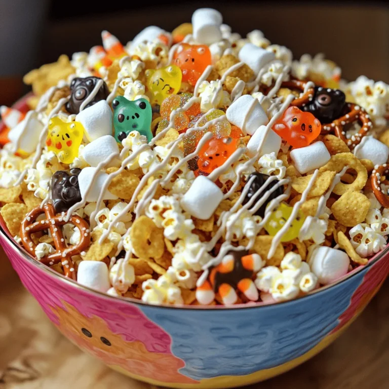 To make Monster Munch Snack Mix, you need these fun ingredients: - 2 cups freshly popped popcorn - 1 cup mini pretzels, any shape - 1 cup corn chips, preferably sturdy ones - 1 cup gummy monsters (or your favorite gummy candies) - 1/2 cup chocolate candies (such as M&Ms or similar treats) - 1/2 cup candy corn for that festive flair - 1/4 cup roasted sunflower seeds, unsalted for a crunch - 1/4 cup mini marshmallows, soft and fluffy - 1/4 cup white chocolate, melted until smooth - 1 teaspoon edible glitter for an enchanting finish (optional) Each serving of this snack mix has a mix of fun and flavor. Here’s a rough idea of what you get: - Calories: 180 - Total Fat: 7g - Saturated Fat: 3g - Carbohydrates: 28g - Sugars: 10g - Protein: 3g These numbers can change based on brand and specific ingredients used. If you're missing an ingredient, don’t worry! Here are some easy swaps: - Popcorn: Use rice cakes for a different crunch. - Pretzels: Try cheese crackers for a cheesy kick. - Corn chips: Use tortilla chips if you like. - Gummy monsters: Swap for any gummy candies. - Chocolate candies: Use dark chocolate for a richer taste. - Candy corn: Use seasonal candies like pumpkin-shaped ones in fall. - Sunflower seeds: Swap for pumpkin seeds for a nutty flavor. - Mini marshmallows: Use regular marshmallows, cut into smaller pieces. - White chocolate: Use milk chocolate if you prefer. - Edible glitter: Skip it if you want a simpler look. Feel free to mix and match to make this treat your own! For the full recipe, check out the detailed steps above. First, gather all your ingredients. You need popcorn, pretzels, corn chips, gummy monsters, chocolate candies, candy corn, sunflower seeds, and mini marshmallows. Make sure you have a large mixing bowl ready. This helps to mix all the fun snacks well. 1. In your large mixing bowl, add: - 2 cups freshly popped popcorn - 1 cup mini pretzels, any shape - 1 cup corn chips, preferably sturdy ones - 1 cup gummy monsters (or your favorite gummy candies) - 1/2 cup chocolate candies (like M&Ms) - 1/2 cup candy corn for that festive flair - 1/4 cup roasted sunflower seeds, unsalted - 1/4 cup mini marshmallows, soft and fluffy 2. Use a spatula or wooden spoon to gently fold the mix. Make sure everything is evenly distributed. This way, each bite is full of flavor. 3. Now, melt your white chocolate until smooth. Use a spoon to drizzle it over the snack mix. Create a zig-zag pattern for a fun look. 4. If you want a little sparkle, sprinkle edible glitter over the mix. This adds a magical touch. 5. Let your snack mix sit at room temperature for 10-15 minutes. This helps the white chocolate firm up. 6. After the chocolate sets, gently toss the mix again. This breaks apart any clumps and brings back those delightful textures. - Make sure the chocolate is not too hot. This keeps the mix from melting. - Use a spoon for small drizzles or a squeeze bottle for more control. - Practice your zig-zag pattern on parchment paper first, if you want! Now you have a fun and tasty Monster Munch Snack Mix ready to enjoy! For the full recipe, check above to make sure you didn’t miss anything. When making Monster Munch Snack Mix, mix gently. You want each piece to stay whole. Start by adding the popcorn to a big bowl. Then, add the mini pretzels, corn chips, gummy monsters, and chocolate candies. Toss in the candy corn, sunflower seeds, and mini marshmallows. Use a spatula to fold everything together. This keeps the mix light and fun. Make sure all the treats get coated with the melted white chocolate. This helps bind them together and adds flavor. If you have leftover snack mix, store it in an airtight container. This keeps it fresh and crispy. You can also use zip-top bags for easy storage. Just make sure to squeeze out all the air before sealing. Keep the container in a cool, dry place. This will help the mix stay crunchy for days. If you see any clumps, shake the container gently to break them apart. Serving is just as fun as making the mix! Use colorful bowls or themed Halloween containers for a festive look. You can also add little monster figurines around the bowls. This creates a fun and spooky vibe. For a touch of flair, sprinkle some extra edible glitter on top before serving. It adds a magical feel. Enjoy sharing your Monster Munch Snack Mix at parties or family gatherings! {{image_4}} You can make Monster Munch Snack Mix even more fun for kids. Add in some colorful candy-coated chocolates. You can also toss in mini gummy bears or unicorn marshmallows. Want a fruity twist? Try adding dried fruit like raisins or banana chips. Kids love a surprise, so mix in some pop rocks for an exciting crunch! This gives a fun texture and taste that kids will enjoy. If you want a healthier version, swap the candy out for nuts and seeds. Use roasted almonds or cashews for crunch. You can also try adding dried fruits like apricots or cranberries. Instead of corn chips, use whole grain crackers. Use air-popped popcorn without butter. For a sweet touch, consider drizzling honey or maple syrup instead of chocolate. This way, you keep the fun but make it healthier. Make the Monster Munch Snack Mix fit for any season. For Halloween, use pumpkin spice candies and orange M&Ms. At Christmas, add red and green candies, along with peppermint bits. For summer, use tropical-themed gummies and coconut flakes. In fall, mix in candy corn and caramel-flavored treats. Each season brings new flavors that keep the mix exciting and fresh for all ages. You can find Monster Munch Snack Mix online at various stores. Websites like Amazon, Walmart, and Target often have the best prices. You can easily compare prices and get discounts on bulk orders. Look for deals and free shipping options to save even more. If you want it fast, check your local grocery stores. Chains like Kroger, Safeway, and Aldi usually stock the key ingredients. Specialty shops might have unique gummy candies or special popcorn. Always call ahead to check if they have what you need. When you compare Monster Munch Snack Mix to other brands, it stands out. Most mixes are salty or sweet, but this one has both! The fun shapes and colors make it more appealing. Other brands often lack the fun factor that this mix brings. Monster Munch is a great choice for parties or movie nights. Yes, you can make Monster Munch Snack Mix ahead of time. This mix stays fresh for a few days. Store it in an airtight container. This will keep it crunchy and tasty. Making it early can save you time before a party or event. Just mix up the snacks and let the flavors blend. Monster Munch Snack Mix lasts about 5 to 7 days when stored properly. Keep it in a cool, dry place. After a week, the mix may lose its crunch. If you notice any strange smells or textures, it’s best to toss it. Always check the mix before serving. Fresh is best! For parties, get creative with your Monster Munch Snack Mix! Here are some fun ideas: - Themed Bowls: Use colorful bowls that match your party theme. - Mini Bags: Fill small bags for guests to take home. - Layered Display: Create layers in a clear jar to show off the colors. - Spooky Treats: Add plastic monster toys for a fun touch. - Game Time: Use it as a snack during board games or movie nights. These ideas will make your snack mix a hit! If you want to see how to make this treat, check out the Full Recipe. Monster Munch Snack Mix offers a fun blend of flavors and textures. You learned about its key ingredients, how to prepare it, and some handy tips to make it better. Don't forget the cool variations you can try and where to buy it. Remember, you can personalize this mix for any occasion. Experiment with your own twist! Enjoy making and sharing this tasty treat with friends and family.