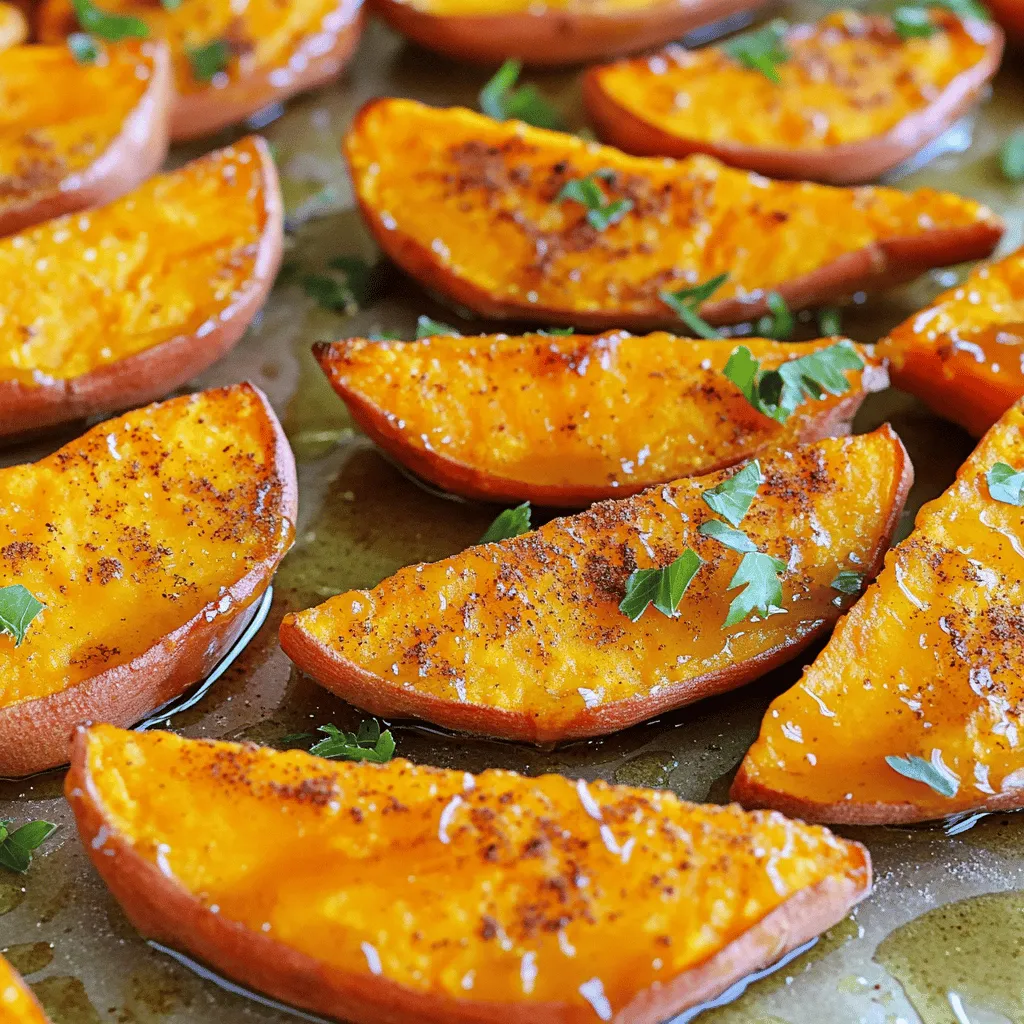 - 3 medium sweet potatoes, thoroughly scrubbed and cut into wedges - 3 tablespoons extra virgin olive oil - 2 tablespoons pure maple syrup - 1 teaspoon ground cinnamon - ½ teaspoon smoked paprika - ½ teaspoon garlic powder - Sea salt and freshly ground black pepper, to taste - Fresh parsley, finely chopped, for garnish (optional) Sweet potatoes are the star of this dish. They bring a great natural sweetness and creamy texture. The olive oil adds richness and helps the wedges become crisp. Maple syrup enhances the sweetness and adds a lovely glaze. Ground cinnamon and smoked paprika give warmth and depth. Garlic powder brings savory notes, while sea salt and black pepper balance the flavors. Optionally, you can add chopped parsley for color and freshness. You can find the full recipe above to see how these ingredients come together to create crispy and flavorful roasted sweet potato wedges. Enjoy the process of cooking and the tasty results! First, preheat your oven to 425°F (220°C). This heat will help make the wedges crispy. While the oven warms up, line a baking sheet with parchment paper. This stops the wedges from sticking and makes cleanup easy. Next, take 3 medium sweet potatoes. Scrub them well under cold water. This removes dirt and any chemicals. Now, cut each sweet potato into wedges. Aim for even sizes so they cook at the same rate. In a large bowl, add your sweet potato wedges. Pour in 3 tablespoons of extra virgin olive oil. Toss gently to coat each wedge well. The oil gives the sweet potatoes a lovely flavor and helps them crisp up. Now it’s time to add some flavor! Drizzle 2 tablespoons of pure maple syrup over the wedges. Then, sprinkle 1 teaspoon of ground cinnamon, ½ teaspoon of smoked paprika, and ½ teaspoon of garlic powder. Don’t forget to add sea salt and freshly ground black pepper to taste. Mix everything thoroughly until every wedge is covered in that tasty seasoning blend. Take your seasoned wedges and spread them out on the prepared baking sheet. Make sure they are in a single layer. If they are too close together, they won't crisp up nicely. Put the baking sheet in your preheated oven. Roast the wedges for 25 to 30 minutes. Halfway through, flip them over to ensure even cooking. You want them to be tender inside and have a nice crisp outside. Once done, take them out of the oven and let them cool for a few minutes. If you like, sprinkle some finely chopped parsley on top for a fresh look. Now, you're ready to enjoy your savory maple cinnamon roasted sweet potato wedges! For the full recipe, check the earlier section. To get that ideal crispiness, space is key. Lay your wedges out in a single layer on the baking sheet. If they touch, they will steam instead of roast. I recommend using a parchment-lined sheet for easy cleanup and even cooking. Set your oven to 425°F (220°C) for the best results. This high heat helps to caramelize the sugars in the sweet potatoes, making them sweet and crispy. You can boost the flavor by adding spices or herbs. Try cumin, chili powder, or rosemary for a twist. If you want to marinate, mix olive oil with garlic and herbs. Let the wedges soak for at least 30 minutes before roasting. This extra step can deepen the flavor and make them even more tasty. Wedge thickness affects cooking time. Thin wedges cook in about 20 minutes, while thicker ones need longer, around 30 to 35 minutes. Keep an eye on them! Look for golden edges and a soft center to tell when they are done. Flipping them halfway through cooking helps achieve even browning and crispness. Enjoy the delightful texture and taste of perfectly roasted sweet potato wedges! {{image_4}} You can make cheesy roasted sweet potato wedges by adding cheese. Try cheddar, parmesan, or feta for great flavor. Sprinkle the cheese on top of the wedges before roasting. This will make them creamy and rich. To adjust cooking time, add cheese in the last five minutes of roasting. This way, the cheese melts but does not burn. Keep an eye on it to get that perfect melt! If you want heat, try adding spices. Chili powder, cayenne pepper, or smoked paprika work well. Mix these into your oil and seasoning blend before tossing the sweet potatoes. For dipping sauces, I recommend ranch or spicy aioli. These sauces balance the heat and add creaminess. You can also try a cool yogurt sauce for a tasty contrast. For herb-infused wedges, add fresh herbs to your mix. Rosemary, thyme, or sage can elevate the flavor. Chop them finely and blend them with your oil and seasonings. Garnish with extra herbs after roasting. This adds color and flair to your dish. You can also sprinkle lemon zest for a bright finish. These variations keep the roasted sweet potato wedges fun and exciting! Remember, these tips are great additions to the Full Recipe. To keep your roasted sweet potato wedges fresh, refrigerate them quickly. Place them in an airtight container. This helps to lock in moisture and flavor. Use a container that is not too large, so the wedges fit snugly. This prevents them from becoming mushy. When it's time to enjoy your leftovers, reheating them properly is key. The best method is to use an oven. Preheat your oven to 400°F (200°C). Spread the wedges on a baking sheet. Heat them for about 10 to 15 minutes. This method keeps them crispy. You can also use an air fryer for a quick option, cooking for about 5 to 7 minutes. If you want to save some for later, freezing is a great choice. First, let the wedges cool completely. Then, spread them on a baking sheet in a single layer. Freeze them for about an hour until firm. After that, transfer them to a freezer-safe bag or container. Remove as much air as possible. When you're ready to eat, thaw the wedges in the fridge overnight before reheating. Yes, you can use other types of potatoes. If you want a different taste, try regular potatoes, like russets or Yukon golds. They will still give you a nice texture and flavor. You may need to adjust cooking time since these potatoes can cook faster than sweet potatoes. Look for a few signs to know when the wedges are done. The edges should be golden brown and crispy. You can also poke a wedge with a fork. If it feels soft inside, it is ready. Don’t forget to flip them halfway through cooking for even browning. These wedges are very versatile! Serve them with dips like ranch or garlic aioli. They pair well with grilled chicken or fish. You can even use them as a side for a fresh salad. Offer a drizzle of extra maple syrup for added sweetness. Yes, this recipe is great for meal prep! You can make the wedges ahead of time and store them in the fridge. Keep them in an airtight container for up to three days. To reheat, simply pop them in the oven at 350°F (175°C) for about 10 minutes for a crispy finish. This post explored how to make delightful roasted sweet potato wedges. We discussed ingredients, preparation steps, and tips for perfect crispiness. You can customize your wedges with cheese, spices, or fresh herbs. Remember to store leftovers properly, and I shared reheating tips to keep them crispy. These wedges work well alongside many meals and are great for meal prep. Enjoy experimenting with flavors and serving options. You now have the tools to make these tasty snacks a hit!