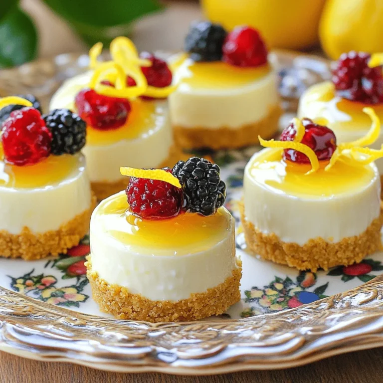 To make these no-bake lemon cheesecake bites, gather the following ingredients: - 1 cup graham cracker crumbs - 1/4 cup unsalted butter, melted - 2 tablespoons granulated sugar - 8 oz cream cheese, softened to room temperature - 1/2 cup powdered sugar - 1/4 cup plain Greek yogurt - 2 tablespoons freshly squeezed lemon juice - Zest from 1 lemon - 1/2 teaspoon pure vanilla extract - Fresh berries (such as strawberries, blueberries, or raspberries) for garnish (optional) These ingredients create a creamy and zesty treat. The graham cracker crumbs form a delightful crust, while cream cheese adds richness. Greek yogurt gives a light tang, balancing the sweetness. Fresh lemon juice and zest provide a bright flavor that makes these bites so refreshing. The optional berries add color and a burst of fruitiness, making each bite even more tempting. For the complete recipe, check out the [Full Recipe]. - Start by combining the graham cracker crumbs, melted butter, and granulated sugar in a bowl. - Mix until it feels like damp sand and holds together. - Press this mixture firmly into the bottom of mini muffin tins or silicone molds. - Chill the crust in the fridge for about 10 minutes to set. - In a clean bowl, beat the softened cream cheese with powdered sugar until smooth. - Add in plain Greek yogurt, freshly squeezed lemon juice, lemon zest, and vanilla extract. - Mix these ingredients until you have a creamy and fluffy filling. - Spoon the lemon cheesecake filling into each crust. - Use a spatula to smooth the tops for an even look. - Return the molds to the fridge and chill for at least 2 hours, or until firm. You can find the Full Recipe for precise measurements and tips! Softened cream cheese is key for smooth cheesecake bites. If it’s too cold, it will clump. Let your cream cheese sit out for 30 minutes before mixing. Chilling helps the bites set and firm up. I recommend at least 2 hours in the fridge. This makes them easy to pop out and enjoy. Want a bolder lemon taste? Add extra lemon zest to the filling. This little trick brightens the flavor. You can also swap plain Greek yogurt for flavored yogurt. Lemon or vanilla yogurt adds a fun twist, making these bites even more delicious. Garnishing makes your cheesecake bites stand out. Fresh berries on top add color and taste. Drizzling honey brings out sweetness and shine. You can sprinkle extra lemon zest for a pop of brightness. Use a decorative platter to showcase your treats for friends and family. {{image_4}} You can easily change the flavor of your no-bake lemon cheesecake bites. Here are two fun ideas: - Berry cheesecake bites: Swap the lemon juice for mixed berry puree. Use strawberries, blueberries, or raspberries. This adds a sweet and fruity twist. The berry flavor pairs well with the creamy filling. - Chocolate lemon cheesecake bites: Mix in cocoa powder with the cream cheese. This gives a rich chocolate flavor. You still get the bright lemon taste, but with a chocolatey touch. Making these bites fit different diets is simple. Here’s how: - Gluten-free alternatives for crust: Use gluten-free graham cracker crumbs. You can also blend nuts or oats to make a crust. Just mix them with melted butter and sugar. - Substituting dairy for vegan options: Use vegan cream cheese instead of regular cream cheese. You can also replace yogurt with coconut yogurt. These swaps keep the bites creamy and delicious. Feel free to experiment with these variations. You can create a cheesecake treat that fits your taste and dietary needs. Enjoy! To keep your No-Bake Lemon Cheesecake Bites fresh, refrigeration is key. Store them in an airtight container. This helps to lock in moisture and keeps them from drying out. If you want to freeze them, place the bites in a single layer on a baking sheet. Once frozen, transfer them to a freezer-safe container or bag. Make sure to label it with the date. They are easy to grab for a quick treat later! How long do they last in the fridge? These cheesecake bites can last up to 5 days when stored properly in the refrigerator. After that, they may lose their taste and texture. Always check for freshness. Signs of spoilage to watch for include an off smell, discoloration, or an unusual texture. If you notice any of these signs, it’s best to toss them out. For the full recipe, check out the recipe section. No-Bake Lemon Cheesecake Bites need at least 2 hours to chill. This time lets them firm up. If you want them extra cold, you can chill them longer. Just ensure they are firm to the touch before serving. This helps create that perfect bite! Yes, you can use different cheeses! Cream cheese gives the best flavor and texture. However, you might try mascarpone for a richer taste. Cottage cheese can work too, but blend it well to avoid lumps. Each cheese adds a unique twist to these bites. If you don't have graham crackers, try crushed cookies or oat flour. Digestive biscuits work great too! For a gluten-free option, use gluten-free cookies or almond flour. These swaps can change the flavor, but they still make a good crust. Absolutely! These cheesecake bites are great to make a day ahead. Just chill them overnight. This allows the flavors to meld nicely. Be sure to cover them well to keep them fresh. They will taste even better the next day! To make these bites vegan, substitute cream cheese with a vegan cream cheese. For the crust, use coconut oil instead of butter. Replace Greek yogurt with a plant-based yogurt. You can also use maple syrup instead of powdered sugar. These changes keep the flavor while making it vegan-friendly. For the full recipe, check out the [Full Recipe]. You now have the steps to make delicious No-Bake Lemon Cheesecake Bites. We covered all ingredients, from graham cracker crumbs to fresh berries. I shared helpful tips for perfect texture and exciting flavor ideas. Variations let you adapt these bites for any taste or diet. Remember to store them properly for the best quality. Enjoy creating these treats, and don't hesitate to get creative!