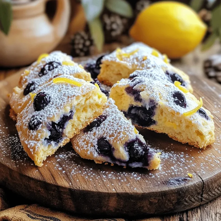 - 2 cups all-purpose flour - 1/4 cup granulated sugar - 1 tablespoon baking powder - 1/2 teaspoon salt - 1/2 cup unsalted butter, cold and cut into small cubes - Zest of 1 large lemon - 1/2 cup fresh blueberries (or frozen blueberries, thawed and drained) - 1/2 cup heavy cream - 1 large egg, at room temperature - 1 teaspoon pure vanilla extract - 1 tablespoon freshly squeezed lemon juice The ingredients are simple but full of flavor. I love using fresh blueberries for their burst of sweetness. If you can't find fresh ones, frozen work well too. Just make sure to thaw and drain them first. The zest of lemon adds a bright touch that pairs perfectly with the blueberries. It’s key to use cold butter. This helps create flaky layers in the scones. The heavy cream gives richness, while the egg adds structure. - You can use whole milk or buttermilk instead of heavy cream. - For a different sweetness, try brown sugar or honey. - Feel free to swap blueberries for other fruits like raspberries or cranberries. These variations let you play with flavors. It’s fun to experiment and find your favorite twist! If you want a vegan option, replace the egg with a flaxseed mixture. Just combine one tablespoon of flaxseed meal with three tablespoons of water, and let it sit for a few minutes until it thickens. You can find the full recipe for these delightful scones in the section above. 1. Preheat your oven to 400°F (200°C). Line a baking sheet with parchment paper. 2. In a large bowl, mix 2 cups of all-purpose flour, 1/4 cup of granulated sugar, 1 tablespoon of baking powder, and 1/2 teaspoon of salt. Stir well with a whisk. 3. Add 1/2 cup of cold, cubed unsalted butter to the flour mix. Use your fingers or a pastry cutter. Work it until it looks like coarse crumbs, with some larger pieces remaining. 1. Gently fold in the zest of 1 large lemon and 1/2 cup of fresh blueberries. Be careful not to crush them. 2. In a separate bowl, whisk together 1/2 cup of heavy cream, 1 large egg, 1 teaspoon of pure vanilla extract, and 1 tablespoon of freshly squeezed lemon juice. Mix until smooth. 3. Pour the wet mix into the dry mix. Stir with a spatula until just combined. The dough should be slightly sticky. 1. Transfer the dough to a floured surface. Knead it lightly about 3 to 4 times until it comes together. Form it into a circle about 1-inch thick. 2. Cut the dough into 8 wedges, like slicing a pizza. Place them on the lined baking sheet, leaving space between each scone. 3. Bake for 15-20 minutes. Check for a golden brown top and use a toothpick to see if it comes out clean. 4. Let the scones cool on the baking sheet for 5 minutes. Then, move them to a wire rack to cool completely. For the complete recipe, check the Full Recipe section. To make great scones, start with cold butter. Cold butter helps create flaky layers. Cut it into small cubes before mixing. This keeps the butter pieces intact. When you mix, use a gentle touch. Overmixing can lead to tough scones. Mix just until combined; it’s okay if the dough is slightly sticky. To make your scones stand out, add spices or herbs. A pinch of cinnamon can bring warmth. Fresh basil or thyme can add a unique twist. For a glaze, mix powdered sugar with lemon juice. This adds a sweet and tangy finish. Serve your scones warm for the best taste. Serve your scones on a beautiful plate. Add a dusting of powdered sugar for flair. Pair them with clotted cream or butter for a rich experience. You can even add fresh berries on the side for color. A simple yet elegant display makes your scones shine. To get the full recipe, check out the Lemon Blueberry Dream Scones. {{image_4}} You can change the flavor of your scones easily. Try using other fruits like raspberries or cranberries. These fruits add a new twist to the classic recipe. You can also switch to citrus fruits. Instead of lemon, use orange or lime zest for a fresh taste. Each fruit brings its own unique flavor. Don't be afraid to experiment! If you need gluten-free scones, simply swap the all-purpose flour for a gluten-free blend. Many brands make great options that work well in baking. For a vegan version, replace the butter with coconut oil or a vegan butter. Use a plant-based milk instead of heavy cream. You can also use a flax egg to replace the regular egg. These changes can still yield tasty scones. Make your scones fun for special occasions! Add festive spices like cinnamon or nutmeg for fall events. For holidays, try adding a cranberry glaze. You can shape your scones into hearts for Valentine's Day or stars for the Fourth of July. These special touches make your treats stand out. You can find the full recipe to try these variations at home! To keep your scones fresh, store them in an airtight container. You can place parchment paper between layers to avoid sticking. This helps maintain their texture. If you have a lot, use a resealable bag. Make sure to squeeze out excess air. Your Lemon Blueberry Scones will stay tasty for up to three days at room temperature. When reheating scones, the goal is to keep them soft. You can use an oven or a microwave. For the oven, preheat it to 350°F (175°C). Wrap each scone in foil to keep them moist. Heat for about 10 minutes. If using the microwave, place a scone on a plate. Cover it with a damp paper towel. Microwave it for about 15-20 seconds. For longer storage, freezing is a great option. Wrap each scone tightly in plastic wrap. Then, place them in a freezer-safe bag. They can last up to three months. When you are ready to eat them, thaw in the fridge overnight. Then, reheat as mentioned above. Enjoy the fresh taste again! For the complete recipe, check out the [Full Recipe]. Can I make these Lemon Blueberry Scones ahead of time? Yes, you can prepare the dough and chill it. Wrap it in plastic wrap and store in the fridge overnight. Bake when you are ready. What is the best way to freeze scones? To freeze scones, bake them first. Let them cool, then place in an airtight bag. They stay fresh for about three months. How do I know when my scones are done baking? Scones are done when they turn golden brown. You can also insert a toothpick into the center. If it comes out clean, they are ready. Can I use frozen blueberries? Yes, frozen blueberries work well. Just make sure to thaw and drain them first. This helps avoid extra moisture in your scone dough. What should I do if my dough is too sticky? If your dough is sticky, add a bit more flour. Sprinkle a little at a time while mixing gently. You want it to be a soft dough, not too wet. Can I add more lemon zest for a stronger flavor? Absolutely! Adding more lemon zest gives a bright and fresh taste. Just be mindful not to overpower the blueberries. What other flavors pair well with lemon and blueberry? Lemon and blueberry go well with herbs like thyme or basil. You can also try adding a hint of almond extract for a unique twist. In this post, we explored how to make perfect Lemon Blueberry Scones. We covered ingredients, step-by-step instructions, essential tips, variations, and storage methods. With simple techniques, you can create delicious scones that impress everyone. Remember, using cold butter is key for the right texture. Experiment with flavors and enjoy your tasty treats. Now, go bake some scones and share them with friends and family!