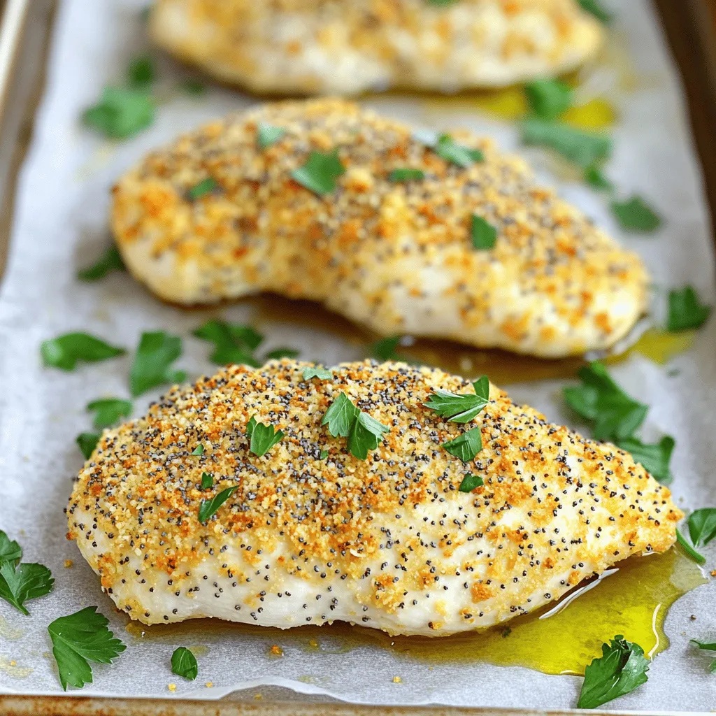 - 4 boneless, skinless chicken breasts - 1 cup plain Greek yogurt - 1 tablespoon Dijon mustard - 1 tablespoon fresh lemon juice - 2 cups panko bread crumbs - 2 tablespoons Everything Bagel seasoning - 1 teaspoon garlic powder - 1 teaspoon onion powder - Salt and freshly ground black pepper, to taste - Fresh parsley, finely chopped (for garnish) Using fresh, high-quality ingredients makes a big difference. Start with chicken breasts that are plump and juicy. The Greek yogurt helps keep the chicken moist during cooking. It also adds a nice tang. Dijon mustard gives it a slight kick, while lemon juice brightens the flavors. For the crunchy coating, panko bread crumbs work best. They give a light and crispy texture. Everything Bagel seasoning adds a savory touch. It includes sesame seeds, poppy seeds, garlic, and onion. This mix makes the chicken pop with flavor. Don’t forget the garlic powder and onion powder! They enhance the taste. Always season with salt and pepper to fit your taste. Finally, fresh parsley adds a nice color and flavor. It’s perfect for garnishing your dish. This mix of main ingredients and seasonings gives you a delightful and satisfying meal. For the complete details, check out the Full Recipe. First, preheat your oven to 400°F (200°C). This step gets the oven ready for the chicken. Next, prepare a baking sheet by lining it with parchment paper. This helps the chicken not stick and makes cleanup easy. Now, let's mix the marinade. In a large bowl, combine the plain Greek yogurt, Dijon mustard, fresh lemon juice, and a good pinch of salt and pepper. Stir until the mix is smooth and creamy. This marinade will keep the chicken moist and tasty. Next, take each chicken breast and coat it well with the yogurt mixture. Make sure every part is covered. This will help the breading stick nicely. Now, we’ll make the breading. In another bowl, mix the panko bread crumbs, Everything Bagel seasoning, garlic powder, and onion powder. Stir until everything is mixed well. This mix gives a great crunch and flavor to the chicken. Take each yogurt-coated chicken breast and dredge it in the panko mixture. Press down firmly so that the crumbs stick well. This creates a thick, crunchy crust that will bake up golden and crispy. Place the breaded chicken breasts on your prepared baking sheet. For an extra crispy finish, drizzle a little olive oil over the tops. This adds flavor and helps the chicken brown nicely. Now, bake the chicken in your preheated oven for 25-30 minutes. You want the chicken to reach an internal temperature of 165°F (75°C). This ensures the chicken is cooked through. The outside should be golden-brown and crispy. After baking, carefully take the chicken out of the oven. Let it rest for about 5 minutes. Resting helps the juices stay inside the chicken, making it juicy and tender. Just before serving, sprinkle some freshly chopped parsley over the chicken. This adds a nice pop of color and flavor. For the full recipe, check the link to ensure you don't miss any step! To make your Baked Everything Bagel Chicken stand out, the breading needs to stick well. First, coat the chicken fully with the yogurt mix. This helps the panko crumbs cling to the chicken. Press the crumbs onto the chicken firmly. This ensures a thick, tasty crust. For an extra crispy finish, drizzle a bit of oil on top before baking. This small step adds a nice crunch to the coating. A light layer of oil makes a big difference in texture. Checking the chicken for doneness is key. Use a meat thermometer to ensure it reaches 165°F (75°C). This guarantees your chicken is safe to eat and stays juicy. If you want a crispier finish, you can adjust the oven temp. Try increasing it to 425°F (220°C) for the last few minutes. This gives your chicken that golden-brown color we all love. Pair your chicken with fresh veggies or a fun dip. Carrot sticks and celery add a crunch. A yogurt dip or ranch dressing complements the flavors well. For a beautiful presentation, serve the chicken on a large platter. Garnish with parsley for a pop of color. This makes your meal look as good as it tastes. You can find the Full Recipe to guide you through each step. {{image_4}} You can change the taste of your Baked Everything Bagel Chicken by using different seasonings. Flavored panko bread crumbs add a new twist. Try using lemon, herb, or spicy panko for fun flavors. You can also mix in spices like paprika or cayenne to kick it up a notch. A little heat can make the dish exciting! If you want to switch things up, use different cuts of chicken. Chicken thighs or tenders work great too. They stay juicy and add more flavor. Just remember to adjust your cooking time. Thighs may need a few extra minutes, while tenders usually cook faster. Always check the internal temperature to be safe. Need to follow a special diet? No problem! You can use gluten-free breadcrumbs to make this dish safe for those with gluten sensitivities. If you want a dairy-free option, swap the Greek yogurt for a plant-based yogurt. These simple changes help everyone enjoy this tasty meal without worry. For best results, cool your baked chicken to room temperature. Then, wrap each piece in plastic wrap or place it in an airtight container. This keeps the chicken fresh. Store it in the fridge for up to three days. Make sure to label the container with the date to track freshness. To freeze your baked chicken, let it cool completely first. Place the chicken in a freezer-safe bag or container. Squeeze out any air to prevent freezer burn. It can stay frozen for up to three months. When you're ready to eat, thaw it in the fridge overnight. Reheat in the oven or microwave until hot. You can prepare Baked Everything Bagel Chicken in advance for quick meals. Cook a batch on the weekend and store it in the fridge. Pair it with veggies, rice, or salads for easy lunches. Try adding roasted broccoli or sweet potatoes as side dishes. These options keep your meals balanced and tasty. For more ideas, check the Full Recipe. To keep your chicken juicy, marinate it well. Use plain Greek yogurt for moisture. The acid in yogurt helps tenderize the meat. Add Dijon mustard and lemon juice to enhance flavor. Coat the chicken fully in the marinade. Bake it at 400°F for 25-30 minutes. Check the internal temperature; it should reach 165°F. Let it rest for five minutes after baking. This step helps juices stay inside. Yes, you can swap Greek yogurt for other types. Regular yogurt works, but it may be thinner. You could also use dairy-free yogurt if needed. Just ensure it has a similar consistency for coating. This keeps the breading intact and adds flavor. Always choose plain yogurt to avoid unwanted sweetness. You can prepare this dish in advance. Marinate the chicken and coat it with panko crumbs. Store it in the fridge for up to a day. When ready to cook, just bake it as directed. If cooking ahead, let it cool first. Store leftovers in the fridge for three days. This dish pairs well with many sides. Try roasted vegetables for color and nutrition. Mashed potatoes add creaminess. A side salad brings freshness. You could also serve it with rice for a filling meal. Consider a yogurt-based dip for extra flavor. You can find the Full Recipe for Baked Everything Bagel Chicken with all the details. It includes precise measurements and step-by-step instructions to ensure your success. This blog post shared a simple way to make Baked Everything Bagel Chicken. You learned about the key ingredients, like chicken and Greek yogurt, and how to prepare and bake them. I also gave tips for perfecting your breading and options for different diets. Remember, with small tweaks, you can customize the dish to your taste. Enjoy this easy recipe, and wow your family or friends next time you cook!