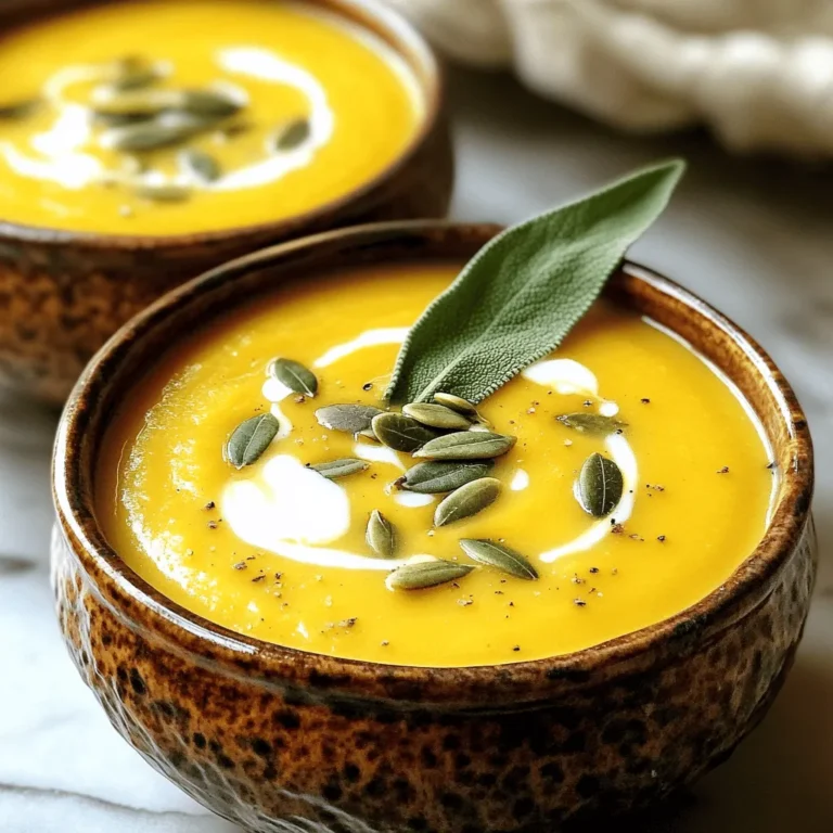 To make a rich and creamy squash soup, gather these simple ingredients: - 1 medium butternut squash, peeled and diced into 1-inch cubes - 1 small onion, finely chopped - 2 cloves garlic, minced - 4 cups vegetable broth (low-sodium recommended) - 1 can (14 oz) coconut milk (full-fat for creaminess) - 1 teaspoon fresh sage, finely chopped (or ½ teaspoon dried sage) - 2 tablespoons extra virgin olive oil - Salt and freshly ground black pepper to taste - Pumpkin seeds for garnish (optional, toasted for extra flavor) You can easily swap some ingredients for others based on what you have. Here are some ideas: - Butternut squash: Use pumpkin or acorn squash instead. Both work well. - Vegetable broth: Chicken broth can be a good substitute if you are not vegetarian. - Coconut milk: Heavy cream or cashew cream may replace coconut milk for a different taste. - Fresh sage: Thyme or rosemary can add a nice twist to your soup. Garnishes can elevate your soup and make it look fancy. Try these options: - Toasted pumpkin seeds: They add crunch and a nice nutty flavor. - Swirl of coconut milk: Add a swirl on top for a beautiful look. - Fresh herbs: A sprig of sage or cilantro can freshen up the dish. - Croutons: For a bit of texture, sprinkle homemade or store-bought croutons on top. These simple touches will give your soup a lovely finish. For the full recipe, check out the complete instructions and enjoy this cozy dish! To make this simple squash soup, follow these steps: 1. Heat 2 tablespoons of olive oil in a large pot over medium heat. Let it shimmer. 2. Add a small, chopped onion. Cook for about 5 minutes until soft. Stir often. 3. Toss in 2 minced garlic cloves and 1 teaspoon of fresh sage. Cook for 1 minute. 4. Next, add 1 medium butternut squash cut into cubes. Pour in 4 cups of vegetable broth. 5. Bring this mix to a boil, then lower the heat. Let it simmer for 15-20 minutes. 6. Use an immersion blender to blend the soup until smooth. If using a regular blender, do this in batches. 7. Stir in 1 can of coconut milk. Let it simmer for 5 more minutes to mix the flavors. 8. Season with salt and pepper to taste. If you want a thinner soup, add more broth. - Prep Time: 10 minutes - Cook Time: 25 minutes - Total Time: 35 minutes - Temperature: Keep the heat on medium for sautéing, then low for simmering. Using an immersion blender is easy and cuts down on dishes. You blend right in the pot. Just be careful not to splash hot soup. If you use a regular blender, work in small batches. Let the soup cool a bit before blending. This helps avoid a hot mess. Always return the blended soup to the pot to keep it warm. Start by choosing a firm, fresh squash. Look for smooth skin without dark spots. Use a sharp knife for safety and ease. Cut the squash in half, scoop out the seeds, and peel it. Use a sturdy cutting board to prevent slips. Dice the squash into small cubes, about one inch each. This size helps the squash cook evenly. To achieve a creamy texture, use full-fat coconut milk. It adds richness without dairy. Blend the soup until it's completely smooth. An immersion blender is great for this. If you use a regular blender, do it in small batches. This method avoids spills and ensures a silky finish. Taste your soup before serving. Adjust the seasoning with salt and pepper as needed. Cook your soup on medium heat until it simmers. This temperature allows the flavors to combine well. If your soup is too thick, add a little vegetable broth. If it’s too thin, let it simmer longer to reduce. Always check the texture before serving. You want it to be smooth and comforting, perfect for a chilly day. {{image_4}} You can easily change the flavor of your squash soup. Try adding spices like nutmeg or cinnamon. These warm flavors bring a nice twist. You can also mix in some chopped apples for sweetness. If you want a kick, add a pinch of cayenne pepper. For a fresh taste, stir in some lemon juice right before serving. Making this soup vegan is simple. Just use vegetable broth and coconut milk, which are both plant-based. For a gluten-free version, ensure your broth is gluten-free. Most vegetable broths are safe, but check the label. Using fresh herbs instead of dried can add a burst of flavor while keeping it gluten-free. Garnishing can elevate your soup's look and taste. Try drizzling a little extra coconut milk on top for creaminess. Toasted pumpkin seeds add a nice crunch and flavor. You might also consider fresh herbs like cilantro or parsley for color and freshness. A sprinkle of chili flakes can add a pop of color and a hint of heat. Enjoy your creative touch! To keep your Simple Squash Soup fresh, store it in an airtight container. Let the soup cool to room temperature before sealing it. Place it in the fridge for up to five days. If you want to keep it longer, consider freezing. For long-term storage, you can freeze the soup. Use freezer-safe containers or bags. Leave some space at the top for expansion. Your soup can last up to three months in the freezer. To thaw, move it to the fridge overnight before reheating. When you want to enjoy your soup again, gently reheat it on the stove. Heat it over low to medium heat, stirring often. If the soup seems thick, add a splash of vegetable broth or coconut milk. This helps revive its creamy texture and rich flavor. Enjoy your bowl of warmth! Butternut squash shines in soup. It has a sweet flavor and creamy texture. You can also use acorn or kabocha squash. Both offer a nice taste too. Each type adds its own unique flavor. I love butternut for its smoothness and sweetness. Yes, you can make this soup ahead. It tastes even better the next day! Store it in an airtight container. Keep it in the fridge for up to three days. If you want to save it longer, freeze it. Just thaw it overnight before reheating. You can change the thickness with ease. For a thicker soup, blend it longer. If it’s too thick, add more vegetable broth. Stir it in slowly until you reach the right texture. I often add broth little by little to get it just right. You learned how to make a tasty Simple Squash Soup. We covered ingredients, steps, and tips. I shared ways to store and reheat your soup, too. You can try different flavors and make it vegan or gluten-free. In conclusion, making squash soup is easy and fun. With these tips, you can create a dish that warms your soul. Enjoy experimenting and sharing your delicious results!