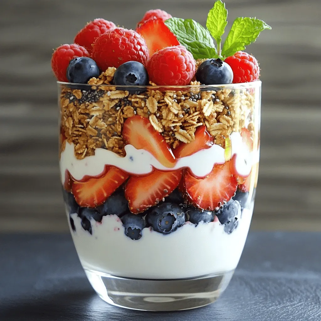 - 2 cups plain Greek yogurt - 1 cup low-sugar granola - 2 cups assorted mixed berries (strawberries, blueberries, raspberries) - 2 tablespoons honey or maple syrup - 1 tablespoon chia seeds - 1 teaspoon pure vanilla extract To make Healthy Greek Yogurt Parfaits, you will need a few key ingredients. First, Greek yogurt is your base. It is thick and creamy, packed with protein. Next, granola adds crunch and flavor. Choose low-sugar granola for a healthier option. Mixed berries bring color and freshness. You can use strawberries, blueberries, and raspberries. Feel free to mix and match! If you want extra sweetness, consider honey or maple syrup. Chia seeds add nutrition and texture. Pure vanilla extract enhances the flavor of the yogurt. For the full recipe, you can check the details above. First, take a medium mixing bowl. Add 2 cups of plain Greek yogurt. Then, pour in 1 teaspoon of pure vanilla extract. This gives the yogurt a lovely flavor. If you like it sweet, add 2 tablespoons of honey or maple syrup. Mix everything well until it is smooth and creamy. Next, rinse your berries under cold water. Use 2 cups of assorted mixed berries, like strawberries, blueberries, and raspberries. If you use large strawberries, slice them into smaller pieces. This makes them easier to layer and eat. Now, grab a clear serving glass or bowl. Start by adding a layer of your yogurt mixture at the bottom. Next, sprinkle in a layer of 1 cup of low-sugar granola. This adds a nice crunch. Then, add a layer of mixed berries for color. Continue layering the yogurt, granola, and berries until you reach the top. End with a scoop of yogurt. You can sprinkle some granola on top for extra texture. If you want, add 1 tablespoon of chia seeds on the very top. For a fun touch, garnish with fresh mint leaves. Serve your parfaits right away. This keeps the granola crunchy. If you need to make them ahead of time, you can refrigerate them for up to an hour. But remember, the granola may get soft. For the full recipe, check the details above. To achieve a smooth yogurt consistency, I recommend using full-fat Greek yogurt. It has a creamier texture that enhances the parfait. Mix the yogurt with pure vanilla extract. This adds flavor and helps blend the yogurt. If you want to sweeten it, add honey or maple syrup. Start with a little and taste. This way, you can find the right balance for your palate. Serving your parfaits in clear glassware makes a big difference. It allows the beautiful layers to shine through. You can use mason jars or small cups for a fun touch. For toppings, think beyond granola and berries. Try adding a sprinkle of nuts for crunch. Coconut flakes also add a nice twist. You can even use a dollop of nut butter for extra flavor. These small changes can make your parfaits look and taste gourmet. For more details, check the Full Recipe. {{image_4}} You can make a vegan version of Greek yogurt parfaits. Use plant-based yogurt instead of Greek yogurt. Look for brands that use almond, coconut, or soy. These will give you a creamy base. For sweeteners, try agave syrup or maple syrup. Both add a nice touch of sweetness without dairy. You can also use fresh fruit puree for extra flavor. Toppings can be just as fun. Use nuts, seeds, or vegan granola. You can mix in dark chocolate chips or dried fruits too. Each choice makes the parfait unique. If you need gluten-free parfaits, choose gluten-free granola. Many brands offer this now, so check the labels. You want to make sure it says gluten-free to avoid any issues. For the yogurt, Greek yogurt is naturally gluten-free. The mixed berries are also great since they are gluten-free. You can add nuts, chia seeds, or coconut flakes for extra crunch and health benefits. These gluten-free options keep your parfait tasty and safe for all diets. Enjoy exploring different flavors and textures! You can make Greek yogurt parfaits ahead of time. If you plan to serve them later, layer the yogurt, granola, and mixed berries. However, add the granola just before serving. This keeps it crunchy. If you want to refrigerate the parfaits, do so for up to one hour. This short time helps maintain the texture. To store leftovers, place them in an airtight container. This will keep the parfait fresh. You can store them in the fridge for up to two days. After that, the quality may drop. The granola will soften, but the yogurt and berries will still taste good. Enjoy every bite! Greek yogurt is a fantastic food choice. It is high in protein, which helps build muscle and keeps you full longer. It also has probiotics, which are good for your gut. These tiny bacteria help with digestion and boost your immune system. Eating Greek yogurt can reduce hunger and improve your overall health. Yes, you can use frozen berries! They are a great option if fresh berries are not available. If you use frozen berries, let them thaw slightly before adding them to your parfait. This way, they will mix well with the yogurt. Just remember, frozen berries may release some juice. This can make your parfait a bit wetter, but it still tastes great! Greek yogurt parfaits are best when eaten fresh. If you store them in the fridge, they will last about one day. The granola may become soft over time. To keep them fresh, layer the yogurt and berries, but store the granola separately. Add it just before you eat. This keeps everything crunchy and tasty! Absolutely! You can use many different fruits. Bananas, peaches, and mangoes work well. You might also try apples or kiwi for a fun twist. Mix and match fruits to find your favorite flavor! Each fruit adds its own taste and nutrients, making your parfait even better. Feel free to get creative! For the full recipe, check out the [Full Recipe]. We explored how to create delicious yogurt parfaits with Greek yogurt, granola, and berries. I shared tips to enhance flavor and texture, along with variations for different diets. You can easily prepare these parfaits ahead of time and store them for later. Remember, yogurt parfaits are not just tasty; they’re also healthy and versatile. Enjoy experimenting with flavors, and don’t hesitate to make them your own! Happy layering!
