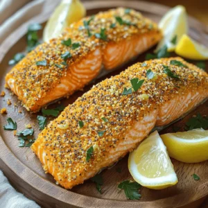 - 4 salmon fillets (approximately 6 oz each) - 2 tablespoons Dijon mustard - 1 cup panko breadcrumbs - 2 tablespoons everything bagel seasoning - 2 tablespoons fresh parsley, finely chopped - 1 tablespoon olive oil - Salt and pepper, to taste - Lemon wedges, for serving To make Everything Bagel Crusted Salmon, gather these fresh ingredients. You need salmon fillets for the main protein. Dijon mustard gives a tangy kick that helps the crust stick. Panko breadcrumbs add a nice crunch. The everything bagel seasoning brings a mix of flavors. You can use fresh parsley to brighten the dish. Olive oil adds richness and helps the Dijon mix well. Don't forget to season with salt and pepper. Finally, lemon wedges serve as a zesty garnish that enhances the salmon's taste. This recipe is simple and fun. You will love how it turns out. For the full recipe, check out the steps to prepare this dish perfectly. - Preheat the oven to 400°F (200°C). - Pat salmon fillets dry with paper towels and season both sides with salt and pepper. This helps the crust stick and gives you a nice texture. - Combine 2 tablespoons of Dijon mustard and 1 tablespoon of olive oil in a bowl. - Whisk until smooth. This mix adds flavor and helps the crust stick to the fish. - Brush the mustard mixture onto the salmon fillets. Use a pastry brush for even coverage. - In another bowl, mix 1 cup of panko breadcrumbs, 2 tablespoons of everything bagel seasoning, and 2 tablespoons of fresh parsley. Press this mixture firmly onto the mustard-coated side of the salmon. This creates a tasty crust. - Arrange the salmon on a prepared baking sheet lined with parchment paper. - Bake for 12-15 minutes until the salmon flakes easily with a fork. The crust should turn a golden brown. This method keeps the fish moist inside while giving you a crunchy top. Enjoy your Everything Bagel Crusted Salmon with a squeeze of fresh lemon for extra zest! For the full recipe, check out the link provided. To get the best crust, start by drying your salmon well. This helps the coating stick. Use paper towels to soak up any extra moisture. This small step makes a big difference. After drying, season your fillets with salt and pepper. Then, brush on the Dijon mustard mix. The mustard acts like glue for the crust. Cooking time can change based on how thick your fillets are. Thicker pieces may need a few extra minutes. Keep an eye on them as they bake. To check for doneness, gently flake the salmon with a fork. It should come apart easily. If it does, it’s ready to eat! For a great presentation, serve your salmon on a large platter. Add fresh lemon wedges for a pop of color. Squeeze some lemon juice over the salmon before eating. You can also sprinkle extra parsley around the dish. This adds a nice touch and makes it look fancy. Check out the Full Recipe for more details! {{image_4}} You can switch up the flavor by using other bagel seasonings. Try a garlic or onion blend for a twist. You can also mix in herbs like dill or rosemary for extra taste. If you want a different texture, use crushed crackers or cornmeal instead of panko. Each option gives a new feel to the crust. If you want to try a different fish, trout or cod works well. Both have a mild flavor and cook nicely. For a vegetarian choice, eggplant or tofu can be great substitutes. Just slice the eggplant thick and press the crust on. Tofu can be marinated first to add more flavor. Pair your salmon with simple sides like roasted veggies or rice. A fresh salad can also brighten the meal. For dipping, a lemon dill sauce or yogurt sauce works well. These add a nice creaminess that complements the salmon. You can also serve it with a tangy salsa for a fun twist. After you enjoy your everything bagel crusted salmon, let it cool down. Place the salmon in a shallow container. This helps it cool evenly. Use airtight containers to keep the salmon fresh. Glass or BPA-free plastic works best. Make sure to store it in the fridge. Leftover salmon stays good for up to three days. To reheat salmon, the oven is your best friend. Preheat it to 275°F (135°C). Place the salmon on a baking dish. Cover it with foil to keep moisture in. Heat for about 15 minutes. This keeps the texture nice and soft. Avoid using the microwave; it can dry out the fish. Yes, you can freeze cooked everything bagel crusted salmon! First, let it cool completely. Wrap each piece tightly in plastic wrap. Then, place them in a freezer bag. This prevents freezer burn. You can freeze the salmon for up to three months. When ready to eat, thaw it in the fridge overnight. Reheat as mentioned above for the best results. Everything bagel seasoning is a mix of spices. It usually has garlic, onion, sesame seeds, poppy seeds, and salt. This blend gives a savory taste. You can use it on more than just bagels. It works great on salmon too! Yes, you can use frozen salmon! Just make sure to thaw it first. Place the salmon in the fridge overnight or run it under cold water. This helps keep the fish fresh. After thawing, pat it dry. This step is key for a crispy crust. Yes, you can make it gluten-free. Use gluten-free panko breadcrumbs instead of regular ones. Also, choose gluten-free Dijon mustard. These swaps will ensure everyone can enjoy this dish. You can tell salmon is done when it flakes easily with a fork. The color should change from bright pink to a more opaque shade. Another way is to check the internal temperature. It should reach 145°F (63°C) for safe eating. In this post, we explored how to make delicious everything bagel crusted salmon. We covered the key ingredients, step-by-step instructions, and helpful tips for the best results. Remember to dry your salmon first to get a nice crust. Don't hesitate to try different fish or seasoning options for variety. This dish pairs well with fresh sides and adds flavor to your meals. Enjoy experimenting, and happy cooking!