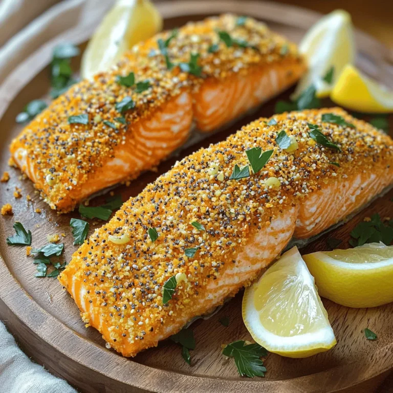 - 4 salmon fillets (approximately 6 oz each) - 2 tablespoons Dijon mustard - 1 cup panko breadcrumbs - 2 tablespoons everything bagel seasoning - 2 tablespoons fresh parsley, finely chopped - 1 tablespoon olive oil - Salt and pepper, to taste - Lemon wedges, for serving To make Everything Bagel Crusted Salmon, gather these fresh ingredients. You need salmon fillets for the main protein. Dijon mustard gives a tangy kick that helps the crust stick. Panko breadcrumbs add a nice crunch. The everything bagel seasoning brings a mix of flavors. You can use fresh parsley to brighten the dish. Olive oil adds richness and helps the Dijon mix well. Don't forget to season with salt and pepper. Finally, lemon wedges serve as a zesty garnish that enhances the salmon's taste. This recipe is simple and fun. You will love how it turns out. For the full recipe, check out the steps to prepare this dish perfectly. - Preheat the oven to 400°F (200°C). - Pat salmon fillets dry with paper towels and season both sides with salt and pepper. This helps the crust stick and gives you a nice texture. - Combine 2 tablespoons of Dijon mustard and 1 tablespoon of olive oil in a bowl. - Whisk until smooth. This mix adds flavor and helps the crust stick to the fish. - Brush the mustard mixture onto the salmon fillets. Use a pastry brush for even coverage. - In another bowl, mix 1 cup of panko breadcrumbs, 2 tablespoons of everything bagel seasoning, and 2 tablespoons of fresh parsley. Press this mixture firmly onto the mustard-coated side of the salmon. This creates a tasty crust. - Arrange the salmon on a prepared baking sheet lined with parchment paper. - Bake for 12-15 minutes until the salmon flakes easily with a fork. The crust should turn a golden brown. This method keeps the fish moist inside while giving you a crunchy top. Enjoy your Everything Bagel Crusted Salmon with a squeeze of fresh lemon for extra zest! For the full recipe, check out the link provided. To get the best crust, start by drying your salmon well. This helps the coating stick. Use paper towels to soak up any extra moisture. This small step makes a big difference. After drying, season your fillets with salt and pepper. Then, brush on the Dijon mustard mix. The mustard acts like glue for the crust. Cooking time can change based on how thick your fillets are. Thicker pieces may need a few extra minutes. Keep an eye on them as they bake. To check for doneness, gently flake the salmon with a fork. It should come apart easily. If it does, it’s ready to eat! For a great presentation, serve your salmon on a large platter. Add fresh lemon wedges for a pop of color. Squeeze some lemon juice over the salmon before eating. You can also sprinkle extra parsley around the dish. This adds a nice touch and makes it look fancy. Check out the Full Recipe for more details! {{image_4}} You can switch up the flavor by using other bagel seasonings. Try a garlic or onion blend for a twist. You can also mix in herbs like dill or rosemary for extra taste. If you want a different texture, use crushed crackers or cornmeal instead of panko. Each option gives a new feel to the crust. If you want to try a different fish, trout or cod works well. Both have a mild flavor and cook nicely. For a vegetarian choice, eggplant or tofu can be great substitutes. Just slice the eggplant thick and press the crust on. Tofu can be marinated first to add more flavor. Pair your salmon with simple sides like roasted veggies or rice. A fresh salad can also brighten the meal. For dipping, a lemon dill sauce or yogurt sauce works well. These add a nice creaminess that complements the salmon. You can also serve it with a tangy salsa for a fun twist. After you enjoy your everything bagel crusted salmon, let it cool down. Place the salmon in a shallow container. This helps it cool evenly. Use airtight containers to keep the salmon fresh. Glass or BPA-free plastic works best. Make sure to store it in the fridge. Leftover salmon stays good for up to three days. To reheat salmon, the oven is your best friend. Preheat it to 275°F (135°C). Place the salmon on a baking dish. Cover it with foil to keep moisture in. Heat for about 15 minutes. This keeps the texture nice and soft. Avoid using the microwave; it can dry out the fish. Yes, you can freeze cooked everything bagel crusted salmon! First, let it cool completely. Wrap each piece tightly in plastic wrap. Then, place them in a freezer bag. This prevents freezer burn. You can freeze the salmon for up to three months. When ready to eat, thaw it in the fridge overnight. Reheat as mentioned above for the best results. Everything bagel seasoning is a mix of spices. It usually has garlic, onion, sesame seeds, poppy seeds, and salt. This blend gives a savory taste. You can use it on more than just bagels. It works great on salmon too! Yes, you can use frozen salmon! Just make sure to thaw it first. Place the salmon in the fridge overnight or run it under cold water. This helps keep the fish fresh. After thawing, pat it dry. This step is key for a crispy crust. Yes, you can make it gluten-free. Use gluten-free panko breadcrumbs instead of regular ones. Also, choose gluten-free Dijon mustard. These swaps will ensure everyone can enjoy this dish. You can tell salmon is done when it flakes easily with a fork. The color should change from bright pink to a more opaque shade. Another way is to check the internal temperature. It should reach 145°F (63°C) for safe eating. In this post, we explored how to make delicious everything bagel crusted salmon. We covered the key ingredients, step-by-step instructions, and helpful tips for the best results. Remember to dry your salmon first to get a nice crust. Don't hesitate to try different fish or seasoning options for variety. This dish pairs well with fresh sides and adds flavor to your meals. Enjoy experimenting, and happy cooking!