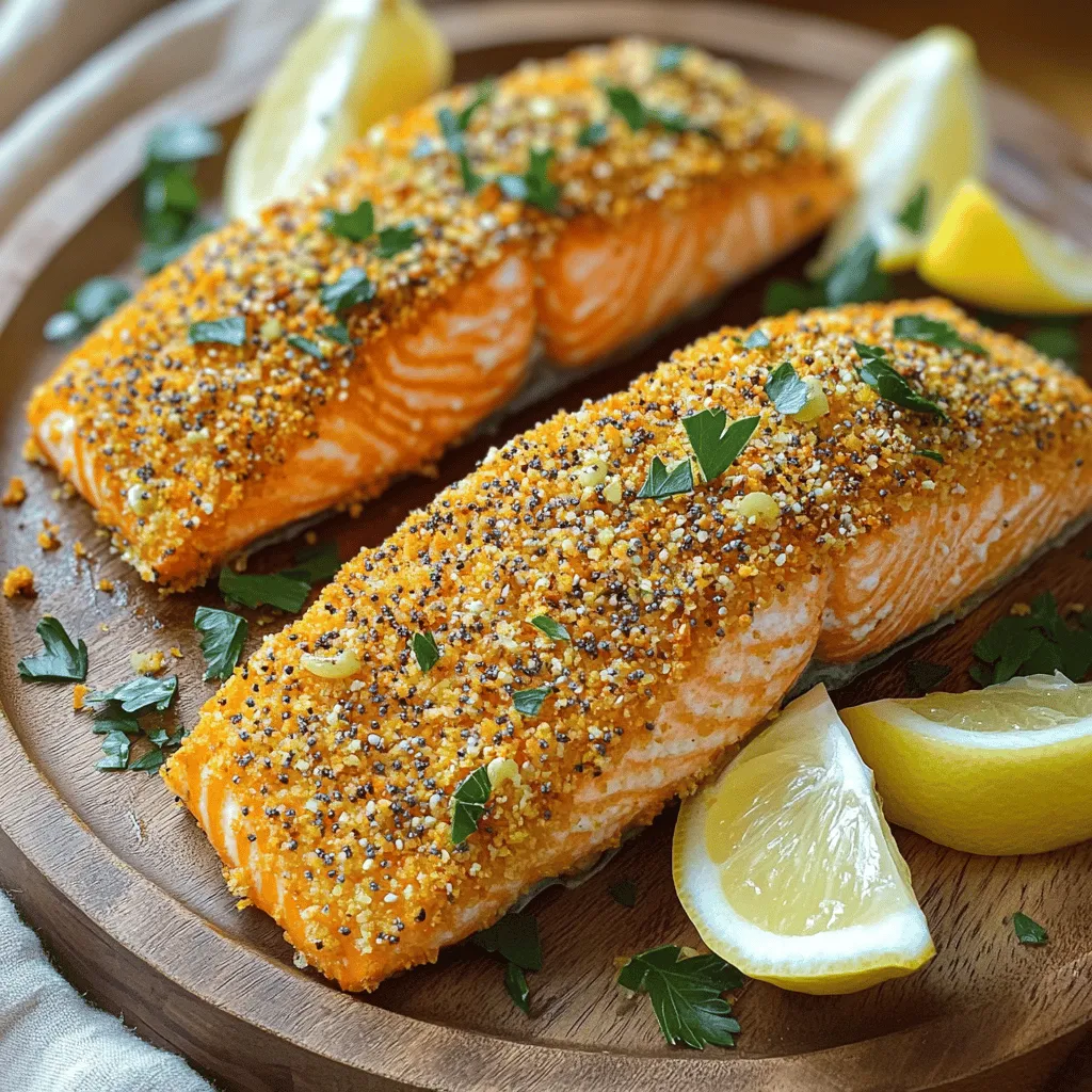 - 4 salmon fillets (approximately 6 oz each) - 2 tablespoons Dijon mustard - 1 cup panko breadcrumbs - 2 tablespoons everything bagel seasoning - 2 tablespoons fresh parsley, finely chopped - 1 tablespoon olive oil - Salt and pepper, to taste - Lemon wedges, for serving To make Everything Bagel Crusted Salmon, gather these fresh ingredients. You need salmon fillets for the main protein. Dijon mustard gives a tangy kick that helps the crust stick. Panko breadcrumbs add a nice crunch. The everything bagel seasoning brings a mix of flavors. You can use fresh parsley to brighten the dish. Olive oil adds richness and helps the Dijon mix well. Don't forget to season with salt and pepper. Finally, lemon wedges serve as a zesty garnish that enhances the salmon's taste. This recipe is simple and fun. You will love how it turns out. For the full recipe, check out the steps to prepare this dish perfectly. - Preheat the oven to 400°F (200°C). - Pat salmon fillets dry with paper towels and season both sides with salt and pepper. This helps the crust stick and gives you a nice texture. - Combine 2 tablespoons of Dijon mustard and 1 tablespoon of olive oil in a bowl. - Whisk until smooth. This mix adds flavor and helps the crust stick to the fish. - Brush the mustard mixture onto the salmon fillets. Use a pastry brush for even coverage. - In another bowl, mix 1 cup of panko breadcrumbs, 2 tablespoons of everything bagel seasoning, and 2 tablespoons of fresh parsley. Press this mixture firmly onto the mustard-coated side of the salmon. This creates a tasty crust. - Arrange the salmon on a prepared baking sheet lined with parchment paper. - Bake for 12-15 minutes until the salmon flakes easily with a fork. The crust should turn a golden brown. This method keeps the fish moist inside while giving you a crunchy top. Enjoy your Everything Bagel Crusted Salmon with a squeeze of fresh lemon for extra zest! For the full recipe, check out the link provided. To get the best crust, start by drying your salmon well. This helps the coating stick. Use paper towels to soak up any extra moisture. This small step makes a big difference. After drying, season your fillets with salt and pepper. Then, brush on the Dijon mustard mix. The mustard acts like glue for the crust. Cooking time can change based on how thick your fillets are. Thicker pieces may need a few extra minutes. Keep an eye on them as they bake. To check for doneness, gently flake the salmon with a fork. It should come apart easily. If it does, it’s ready to eat! For a great presentation, serve your salmon on a large platter. Add fresh lemon wedges for a pop of color. Squeeze some lemon juice over the salmon before eating. You can also sprinkle extra parsley around the dish. This adds a nice touch and makes it look fancy. Check out the Full Recipe for more details! {{image_4}} You can switch up the flavor by using other bagel seasonings. Try a garlic or onion blend for a twist. You can also mix in herbs like dill or rosemary for extra taste. If you want a different texture, use crushed crackers or cornmeal instead of panko. Each option gives a new feel to the crust. If you want to try a different fish, trout or cod works well. Both have a mild flavor and cook nicely. For a vegetarian choice, eggplant or tofu can be great substitutes. Just slice the eggplant thick and press the crust on. Tofu can be marinated first to add more flavor. Pair your salmon with simple sides like roasted veggies or rice. A fresh salad can also brighten the meal. For dipping, a lemon dill sauce or yogurt sauce works well. These add a nice creaminess that complements the salmon. You can also serve it with a tangy salsa for a fun twist. After you enjoy your everything bagel crusted salmon, let it cool down. Place the salmon in a shallow container. This helps it cool evenly. Use airtight containers to keep the salmon fresh. Glass or BPA-free plastic works best. Make sure to store it in the fridge. Leftover salmon stays good for up to three days. To reheat salmon, the oven is your best friend. Preheat it to 275°F (135°C). Place the salmon on a baking dish. Cover it with foil to keep moisture in. Heat for about 15 minutes. This keeps the texture nice and soft. Avoid using the microwave; it can dry out the fish. Yes, you can freeze cooked everything bagel crusted salmon! First, let it cool completely. Wrap each piece tightly in plastic wrap. Then, place them in a freezer bag. This prevents freezer burn. You can freeze the salmon for up to three months. When ready to eat, thaw it in the fridge overnight. Reheat as mentioned above for the best results. Everything bagel seasoning is a mix of spices. It usually has garlic, onion, sesame seeds, poppy seeds, and salt. This blend gives a savory taste. You can use it on more than just bagels. It works great on salmon too! Yes, you can use frozen salmon! Just make sure to thaw it first. Place the salmon in the fridge overnight or run it under cold water. This helps keep the fish fresh. After thawing, pat it dry. This step is key for a crispy crust. Yes, you can make it gluten-free. Use gluten-free panko breadcrumbs instead of regular ones. Also, choose gluten-free Dijon mustard. These swaps will ensure everyone can enjoy this dish. You can tell salmon is done when it flakes easily with a fork. The color should change from bright pink to a more opaque shade. Another way is to check the internal temperature. It should reach 145°F (63°C) for safe eating. In this post, we explored how to make delicious everything bagel crusted salmon. We covered the key ingredients, step-by-step instructions, and helpful tips for the best results. Remember to dry your salmon first to get a nice crust. Don't hesitate to try different fish or seasoning options for variety. This dish pairs well with fresh sides and adds flavor to your meals. Enjoy experimenting, and happy cooking!
