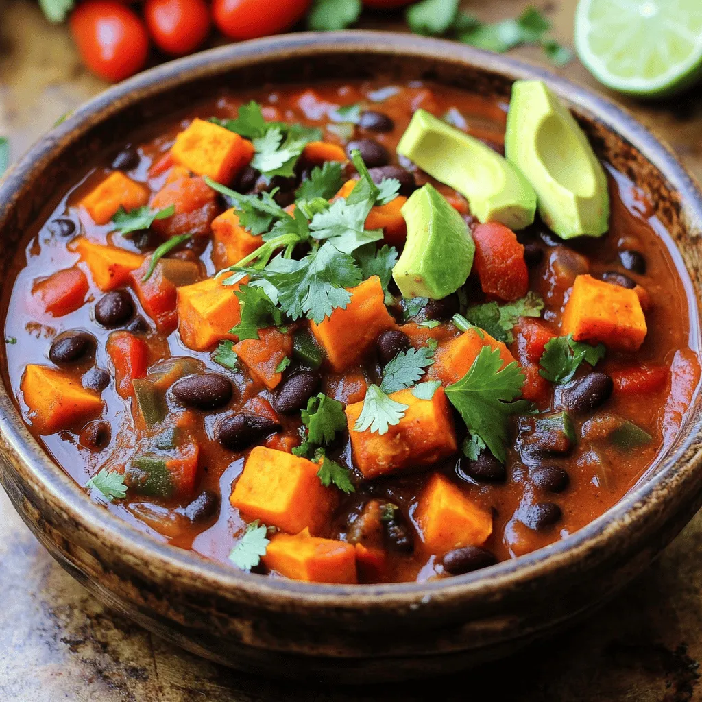 To make a hearty Sweet Potato Black Bean Chili, you will need: - 2 medium sweet potatoes, peeled and cut into ½-inch cubes - 1 can (15 oz) black beans, thoroughly drained and rinsed - 1 large onion, finely diced - 2 cloves garlic, finely minced - 1 red bell pepper, chopped into small pieces - 1 can (14.5 oz) diced tomatoes with their juices - 2 cups vegetable broth (preferably low-sodium) - 1 tablespoon chili powder - 1 teaspoon ground cumin - 1 teaspoon smoked paprika - ½ teaspoon cayenne pepper (adjust according to your spice preference) - Sea salt and freshly cracked black pepper, to taste - 2 tablespoons olive oil Adding toppings can enhance the chili's flavor and look. Here are some tasty options: - Diced avocado for creaminess - Fresh cilantro leaves for a pop of color - Lime wedges for a zesty touch Each ingredient brings unique health benefits: - Sweet potatoes are rich in vitamins A and C. They provide fiber and antioxidants. - Black beans are a great source of protein and fiber. They help keep you full longer. - Onions contain antioxidants and may help reduce inflammation. - Garlic has immune-boosting properties and adds flavor. - Bell peppers are high in vitamin C and help with skin health. This chili is not just filling; it also packs a nutritious punch, making it a well-rounded meal for any day. For the full recipe, check out the recipe section above. Start with a large pot. Heat 2 tablespoons of olive oil over medium heat. Wait until the oil shimmers. Add 1 finely diced onion and 1 chopped red bell pepper. Sauté for about 5 minutes. Stir often until the onion is soft and clear. Next, add 2 minced garlic cloves. Sauté for 1 more minute, just enough to let the garlic smell good. Now, it’s time for the sweet potatoes. Add 2 medium sweet potatoes, cut into ½-inch cubes. Sprinkle in 1 tablespoon chili powder, 1 teaspoon ground cumin, 1 teaspoon smoked paprika, and ½ teaspoon cayenne pepper. Don’t forget salt and pepper to taste! Stir well to coat the sweet potatoes in the spices. Pour in 1 can of diced tomatoes with juices and 2 cups of vegetable broth. Mix everything together and bring it to a boil. Once boiling, lower the heat. Cover the pot and let the chili simmer for 25 to 30 minutes. The sweet potatoes should be soft but not mushy when you poke them with a fork. After the sweet potatoes cook, stir in 1 can of black beans, drained and rinsed. Heat through for another 5 minutes. This gives the beans time to warm up. Taste the chili and add more salt or pepper if you want. - Sauté onion and bell pepper: 5 minutes - Sauté garlic: 1 minute - Simmer chili: 25 to 30 minutes - Heat black beans: 5 minutes - Cut sweet potatoes into even pieces for uniform cooking. - Stir the chili occasionally to prevent sticking. - Adjust the spice levels based on your taste. - Let the chili sit for a few minutes before serving; this helps the flavors blend. For the full recipe, check out [Full Recipe]. Enjoy creating this hearty dish! Many people rush the cooking. Take your time to sauté the onion and pepper. This step builds flavor. If you skip it, your chili may taste flat. Another mistake is adding too much spice at once. Start small, then adjust to your taste. Remember to drain the black beans well. This avoids a watery chili. Use fresh herbs like cilantro or parsley for a burst of freshness. A squeeze of lime juice adds brightness. You can also try adding a splash of soy sauce for depth. If you want more heat, add diced jalapeños or a dash of hot sauce. Lastly, consider a drizzle of olive oil before serving. This adds richness and a nice finish. For this chili, you need a sturdy large pot. A good pot helps with even cooking. A sharp knife and cutting board make prep easy. You also need measuring spoons for spices and a can opener for the beans and tomatoes. A wooden spoon works best for stirring. Having these tools ready will make your cooking smooth and fun. For the full recipe, refer back to the main article. {{image_4}} You can switch up beans in this chili. Try using kidney beans or pinto beans. Both add a different flavor and texture. If you want a creamier chili, use cannellini beans. Mixing beans can make your dish more fun and unique. Feel free to add more veggies. Corn adds sweetness and crunch. Zucchini or carrots can boost nutrition and color. For a protein boost, add cooked quinoa or lentils. You can even throw in some chopped kale or spinach for added greens. These additions can change your chili into a new dish each time. Want more heat? Add extra cayenne pepper or diced jalapeños. For a milder taste, reduce the cayenne or skip it altogether. You can also add a dash of hot sauce when serving for those who like it spicy. If you love smoky flavors, try adding chipotle peppers in adobo sauce. Adjust the spices to fit your taste and make it your own. For the full recipe, check out the Sweet Potato Black Bean Chili section above. To keep your Sweet Potato Black Bean Chili fresh, let it cool first. Once cool, transfer it to an airtight container. It’s best to refrigerate the chili within two hours of cooking. When stored correctly, it lasts in the fridge for about 4 to 5 days. Be sure to label the container with the date. This helps you track how long it has been stored. If you want to keep your chili for a longer time, consider freezing it. First, let the chili cool completely. Then, pour it into freezer-safe bags or containers. Make sure to leave some space for expansion. Seal them tightly to prevent freezer burn. You can freeze the chili for up to 3 months. When you’re ready to enjoy it, just thaw it overnight in the fridge. To reheat your chili, you have a few options. The microwave is quick, but it can heat unevenly. Stir the chili halfway through heating. For the stove, pour the chili into a pot and heat it over medium heat. Stir often until it’s hot. This method helps maintain flavor and texture. If it seems thick, add a splash of vegetable broth or water. Enjoy your chili just like the first time you made it! For the full recipe, check out the details above. You can use pinto beans or kidney beans instead of black beans. They have a similar texture and flavor. If you want a different taste, try chickpeas. They add a nutty flavor and work well in this chili. Just make sure to drain and rinse them, just like you do with black beans. Yes, you can make this chili in a slow cooker! Start by sautéing the onion, garlic, and bell pepper on the stove. Then, add all ingredients to the slow cooker. Cook on low for 6 to 8 hours or on high for 3 to 4 hours. This method lets the flavors blend over time. Leftovers can stay fresh in the fridge for about 4 to 5 days. Make sure to store the chili in an airtight container. This helps keep it flavorful and safe to eat. If you want to keep it longer, you can freeze it! Yes, this chili is perfect for vegans! All ingredients are plant-based and wholesome. You can enjoy it without any worries. It’s full of flavor and nutrients, making it a great choice for everyone. You can find the full recipe [here](#). In this blog post, we explored how to make Sweet Potato Black Bean Chili. We covered the full list of ingredients, cooking steps, and essential tips to avoid common mistakes. Remember to experiment with toppings and variations to make it your own. Proper storage ensures your leftovers stay tasty. This chili is not only delicious but also packed with nutrients. Enjoy this easy recipe that fits many diets, including vegan. Cooking it can be fun and rewarding. Try it out, and discover your new favorite dish!