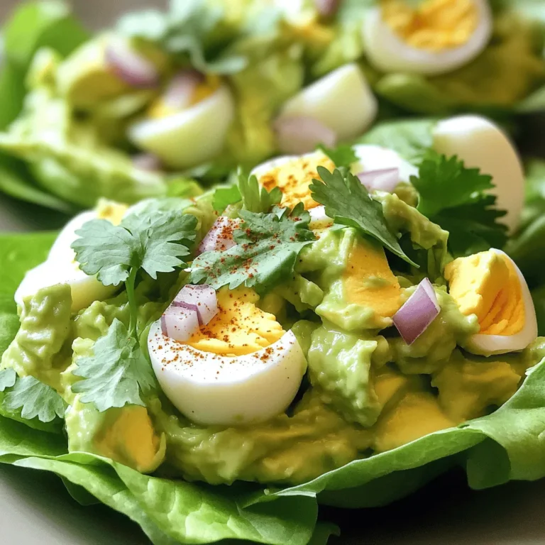 - Hard-boiled eggs - Ripe avocado - Greek yogurt or mayonnaise - Dijon mustard - Fresh lemon juice - Red onion - Fresh cilantro or parsley - Seasonings: salt, black pepper, and smoked paprika - Optional: lettuce leaves for serving Gathering the right ingredients is key. For a tasty avocado egg salad, you need four large hard-boiled eggs. Boil them until they are firm, then cool and peel. Next, grab a ripe avocado; it should feel soft but not mushy. You can choose Greek yogurt for creaminess or mayonnaise if you want a richer taste. Dijon mustard adds a nice tang. Fresh lemon juice brightens the flavors. For crunch, include a small red onion finely diced. Fresh herbs like cilantro or parsley add a pop of color and taste. Finally, season with salt, black pepper, and a pinch of smoked paprika if you like a smoky twist. If you want to serve it in a fun way, you can use crisp lettuce leaves. This simple mix of ingredients creates a creamy, nutritious dish. For the full recipe, check out Avocado Delight Egg Salad. To make this avocado egg salad, start with the eggs. 1. How to boil eggs perfectly: - Place eggs in a pot and cover them with water. - Bring the water to a boil over high heat. - Once boiling, cover the pot and remove it from heat. - Let the eggs sit in hot water for about 9-12 minutes. - After that, drain the water and cool the eggs in cold water. 2. Tips for mashing avocado: - Choose a ripe avocado. It should feel soft but not mushy. - Cut the avocado in half and remove the pit. - Scoop the flesh into a bowl and mash with a fork. - Aim for a creamy texture, leaving some small chunks for flavor. Next, it’s time to mix the salad together. 1. Detailed steps for combining ingredients: - In a large mixing bowl, combine the mashed avocado, Greek yogurt, Dijon mustard, and lemon juice. - Stir until the mixture is smooth and creamy. 2. Proper folding technique to maintain egg texture: - Add the chopped hard-boiled eggs to the bowl. - Use a spatula to gently fold the eggs into the avocado mix. - Be careful not to break the eggs too much; you want some pieces intact. Now, let’s finish up the salad. 1. Adjusting flavors and seasoning before serving: - Add the diced red onion and coarsely chopped cilantro to the mix. - Season with salt, black pepper, and smoked paprika, if using. - Mix gently and taste. Adjust seasoning to your liking. 2. Best practices for presentation: - Spoon the salad onto crisp lettuce leaves for a nice look. - You can also spread it on whole-grain bread or crackers. - For a pretty finish, sprinkle a little smoked paprika on top. This simple avocado egg salad recipe is tasty and colorful. You can find the full recipe above to enjoy this delightful dish! To keep your avocado egg salad fresh, store it in an airtight container. This will help lock in moisture and flavor. You can also place a piece of plastic wrap directly on the salad before sealing the container. To prevent browning of the avocado, add a little extra lemon juice on top. This will slow down oxidation and keep your salad looking bright. You can make this avocado egg salad up to two days in advance. Just store it well in the fridge. If you need to reheat it, do so gently in a microwave. Use a low setting to avoid cooking the eggs again. However, I recommend enjoying it cold for the best taste. This salad pairs well with many sides. You can serve it with fresh veggies like carrots or celery sticks. For a heartier meal, try it with whole-grain bread or crunchy crackers. You can also spoon it onto crisp lettuce leaves for a fun wrap. This adds texture and freshness to your dish. Enjoy making this avocado egg salad your own! Check out the Full Recipe for more details. {{image_4}} You can switch up ingredients for a fresh twist. If you want a lighter base, try using silken tofu instead of Greek yogurt or mayonnaise. It gives a creamy texture without the calories. You can also add a dollop of salsa for a zesty kick. Consider mixing in diced bell peppers or chopped celery. These add crunch and color. If you love heat, a pinch of cayenne or chili powder can spice things up. Boost the nutrition by adding proteins like chickpeas or diced turkey. These options make the salad heartier. You can also mix in seeds, like sunflower or pumpkin seeds, for extra healthy fats. Fresh herbs can elevate flavor. Try dill for a bright taste or chives for a mild onion flavor. These small changes can make your avocado egg salad unique and delightful. If you want a vegan version, skip the eggs and yogurt. Instead, use mashed chickpeas and avocado. This keeps the creamy texture you love while adding plant-based protein. For a gluten-free option, serve the salad in lettuce wraps instead of bread. Adjust the yogurt or mayonnaise to a gluten-free version if needed. Look for low-calorie yogurt for lighter choices. Each small change can help you enjoy a healthier meal without losing flavor. To keep your avocado egg salad fresh, use an airtight container. Glass containers work great. You can also use plastic containers, but make sure they seal well. Store the salad in the fridge right after you make it. This helps keep it cool and safe to eat. Your avocado egg salad will stay fresh in the fridge for about three days. After that, check for signs of spoilage. Look for brown spots on the avocado or a sour smell. If it looks or smells off, it’s best to throw it away. Always trust your senses when it comes to food safety. To make avocado egg salad without dairy, skip the Greek yogurt or mayonnaise. Instead, use an extra ripe avocado. Mash it well to create a creamy base. This keeps the salad rich and smooth. You can add a bit of mustard for flavor. Use fresh lemon juice for a zesty kick. This simple swap makes the dish just as tasty! I do not recommend freezing avocado egg salad. When you freeze it, the texture can change. Avocado may become mushy after thawing. Eggs can also lose their firmness. It’s best to enjoy this salad fresh. If you have leftovers, store them in the fridge for up to three days. Avocados are full of healthy fats. They help with heart health and keep you full. They also give you vitamins like E and C. Eggs are a great source of protein. They support muscle growth and keep energy levels up. Together, they make a nutritious meal. This salad provides a balance of fats and proteins, making it filling and healthy. Enjoy it as a light lunch or snack! This blog post covered how to make a delicious avocado egg salad. We listed the key ingredients, explained how to prepare them, and shared steps for mixing and serving the salad. You learned useful tips for storage, making it ahead, and how to customize the recipe with different ingredients. In summary, this salad is versatile, easy to make, and can fit various diets. Enjoy experimenting with your own twists to make it even better!