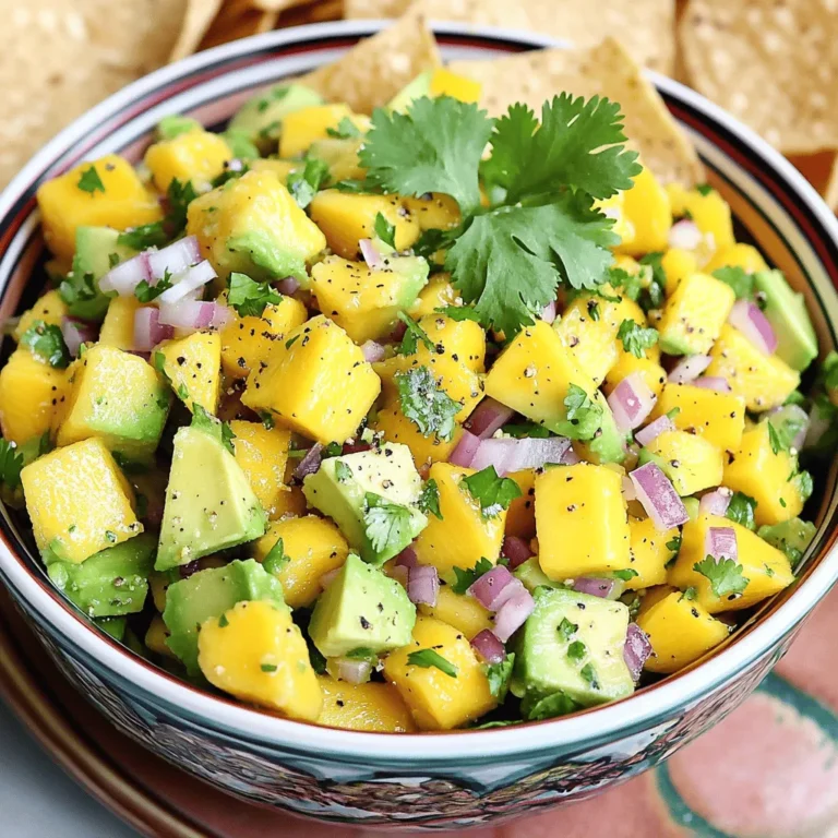 - 1 ripe mango, diced into small cubes - 2 ripe avocados, diced into small cubes - 1 small red onion, finely chopped - 1 jalapeño, minced - 1/4 cup fresh cilantro, finely chopped - Juice of 2 limes - Salt and pepper to taste - Optional: 1/2 teaspoon ground cumin To create a vibrant mango avocado salsa, you need fresh, tasty ingredients. First, pick a ripe mango. A ripe mango should feel slightly soft when you press it. Next, choose ripe avocados. They should also yield slightly to gentle pressure. The red onion adds a nice crunch and color. Finely chop it for the best texture. The jalapeño brings the heat. If you want less spice, remove the seeds. Fresh cilantro adds a bright flavor. Always choose fresh herbs for the best taste. Lime juice helps balance the sweetness of the fruits. It also keeps the avocados from browning. Salt and pepper enhance all the flavors. If you like a warm taste, add ground cumin. You can switch things up based on your taste. Try different types of onions, like white or green. They each bring a unique flavor. You can also add black beans or corn for extra texture and nutrition. If you love spice, add more jalapeño or try other peppers. Each choice lets you make this salsa your own. Explore and enjoy the creative process. Check out the Full Recipe for more details! - Start with a ripe mango. Cut it into small cubes. Place the mango in a large mixing bowl. - Next, take two ripe avocados. Dice them into small cubes, too. Add them gently to the bowl. - Now, grab a small red onion. Finely chop it and mix it into the bowl. - For some heat, use a jalapeño. Deseed it and mince it based on your spice level. - Chop 1/4 cup of fresh cilantro. This herb adds a bright flavor to the salsa. - Finally, squeeze the juice of two limes into the bowl. This keeps the avocados fresh. - Combine all the fresh ingredients carefully. Use a gentle folding motion. - This method keeps the avocados and mango intact. You want a nice texture in your salsa. - Pour in the lime juice and season with salt and pepper. If you like, add 1/2 teaspoon of ground cumin. - Mix everything together until well blended. Make sure not to break the avocado pieces. - Before serving, taste your salsa. Adjust the flavors if needed. - Add a pinch of salt or more lime juice for brightness. - Check the texture. It should be fresh and chunky, not mushy. You can find the Full Recipe for more details. Enjoy this fresh and vibrant salsa! Choosing the best mango and avocado is key. Look for a mango that feels slightly soft when you squeeze it. The skin should be mostly yellow with some red. For avocados, choose ones that yield to gentle pressure. They should feel soft but not mushy. Knowing when fruits are perfectly ripe matters. A ripe mango has a sweet smell at the stem end. The avocado should be dark green or nearly black. Check both fruits daily if you buy them unripe. To store salsa and preserve freshness, cover it tightly with plastic wrap. Press the wrap down to touch the salsa. This limits air exposure, keeping it bright. You can also store it in an airtight container. Best practices for flavor development overnight include letting the salsa sit in the fridge for at least an hour. This allows the flavors to marry. The lime juice helps keep the avocados from browning. Serve the salsa in a vibrant bowl for eye-catching appeal. A colorful dish makes the salsa pop on your table. Garnish with a sprig of cilantro on top for extra flair. Ideal accompaniments include crispy tortilla chips for dipping. You can also serve it with grilled meats like chicken or fish. Mango avocado salsa adds a fresh kick to any meal. Don’t forget to check the [Full Recipe] for more details! {{image_4}} You can change the fruits in this salsa. Try adding diced pineapple or peach for a sweet twist. These fruits bring a bright flavor and can make your salsa unique. If you want a vegan option, you can use black beans or corn. They add protein and make the salsa heartier. Many cultures have their own takes on salsa. You can add ingredients like mango or cilantro to reflect those flavors. For a spicy kick, adjust the jalapeño or add other peppers. For example, try using serrano peppers for more heat. Each region adds a special touch that can excite your taste buds. This salsa shines as a dip or topping. Serve it with crispy tortilla chips for a fun snack. You can also use it on grilled chicken or fish for a fresh meal. It adds color and flavor to your plate. Get creative with how you serve it, and enjoy the burst of flavors. For the full recipe, check out the complete guide above! To keep your Mango Avocado Salsa fresh, store it in the fridge. Place it in an airtight container. This helps prevent exposure to air, which can cause browning. Your salsa will last about 2 to 3 days in the fridge. Look for signs of spoilage, like an off smell or brown color in the avocados. If you see these signs, it's best to toss it out. Can you freeze Mango Avocado Salsa? Yes, but it's not the best option. Freezing can change the texture of avocados. If you choose to freeze it, do so right after making it. Use a freezer-safe container, leaving some space at the top for expansion. When you thaw it, the salsa might be watery. To fix this, drain any excess liquid before serving. Choose the best storage container for your salsa. Glass or BPA-free plastic containers work well. Airtight options are ideal because they keep air out. This helps maintain flavor and freshness. Using the right container can make a big difference in how long your salsa lasts. Mango Avocado Salsa stays fresh in the fridge for about 2 to 3 days. After that, the avocados may turn brown. You can freeze it, but it’s best to eat it fresh. If you freeze it, use it within a month for the best taste. Yes, you can swap ingredients based on your needs. If you're allergic to avocados, try using diced cucumbers instead. If you don’t like cilantro, fresh parsley works too. For a milder taste, skip the jalapeño or use sweet bell peppers. This salsa pairs well with many dishes. Serve it with tortilla chips for a crunchy snack. It’s also great on grilled chicken or fish. Try it on tacos or as a topping for burrito bowls for added flavor. The spice level depends on how much jalapeño you use. If you remove the seeds and ribs, it will be milder. If you like heat, add more jalapeño or try a spicier pepper. Adjusting the amount gives you control over the spice. Yes, you can prep it ahead! If you want to make it a day before, do so. Just add lime juice to keep the avocados bright. Store it in an airtight container in the fridge. This will help the flavors blend nicely. For the best taste, mix in the avocado right before serving. For the full recipe, check out the [Full Recipe]. Mango Avocado Salsa combines fresh ingredients for a tasty dish. We covered how to pick ripe fruits and mix flavors. You learned about variations, storage tips, and serving ideas. This salsa is perfect for gatherings or a light snack. It’s simple to make and adjust to your taste. Enjoy making it and share the joy of fresh flavors with others!