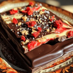 - 1 cup dark chocolate chips - 1 cup white chocolate chips - 1 cup freeze-dried strawberries, crushed - 1/2 cup roasted almonds, roughly chopped (optional) - Sea salt, for a finishing sprinkle To make chocolate covered strawberry bark, you need simple ingredients. Dark chocolate chips form the base, giving a rich taste. White chocolate chips add sweetness and a lovely contrast. Freeze-dried strawberries provide a fruity crunch. If you like, you can add roasted almonds for a nutty flavor. A sprinkle of sea salt at the end really enhances everything. - For chocolate alternatives, you can use milk chocolate or vegan chocolate. - Other nuts and toppings can include walnuts, pecans, or coconut flakes. If you want to switch things up, feel free to use different chocolates. Milk chocolate offers a sweeter note, while vegan chocolate works for plant-based diets. You can also play with toppings. Try different nuts or even dried fruits like apricots or raisins. These changes keep the bark fun and exciting. 1. Lining the baking sheet Start by lining a baking sheet with parchment paper. This paper helps the bark come off easily later. Without it, the chocolate might stick. 2. Melting the dark chocolate Next, take a microwave-safe bowl and add one cup of dark chocolate chips. Microwave the chips in 30-second bursts. Stir well after each round. Keep going until the chocolate is fully melted and smooth. Be careful; you don’t want to overheat the chocolate. 3. Spreading the dark chocolate Once your dark chocolate is melted, pour it onto the lined baking sheet. Use a spatula to spread it into an even layer. Make it as thick or thin as you like. A consistent layer looks great. 4. Melting and drizzling white chocolate In another bowl, melt one cup of white chocolate chips the same way. Use the microwave in 30-second increments until it’s silky smooth. Drizzle the melted white chocolate over the dark chocolate. To create a pretty marbled effect, take a toothpick or spatula and swirl the two chocolates together. 5. Adding toppings and sea salt Now, sprinkle the crushed freeze-dried strawberries on top. If you want, add chopped roasted almonds for crunch. Finally, lightly sprinkle sea salt over everything. This adds a nice balance to the sweetness. 6. Chilling the bark Carefully place the baking sheet in the refrigerator. Chill for about 30 minutes, or until the chocolate is firm. Once set, break the bark into pieces with your hands or a knife. This gives it a rustic look. For the [Full Recipe], check the earlier section. Enjoy your chocolate-covered strawberry bark! To melt chocolate correctly, avoid overheating it. Heat can turn chocolate into a grainy mess. Use short bursts in the microwave, about 30 seconds at a time. Stir well after each interval. If you notice the chocolate starting to seize, stop heating immediately. You can also use a double boiler as an alternative. Fill a pot with a bit of water and place a heat-safe bowl on top. This method helps keep the chocolate at a steady temperature. Stir gently as it melts for a silky smooth finish. For the best texture, aim for a thickness of about 1/4 inch when spreading the chocolate. This thickness will give your bark a nice bite. If you prefer thicker pieces, adjust accordingly. If you have leftover melted chocolate, store it in a sealed container. Keep it in the fridge for up to a week. When you want to use it again, gently reheat it in the microwave. To make your Chocolate Covered Strawberry Bark look stunning, use a decorative platter for serving. Arrange some whole strawberries next to the bark for a pop of color. You can also sprinkle some colorful garnish on top. Consider using edible flowers or nuts for added texture. These small touches make a big difference in presentation. For more creative ideas, check out the Full Recipe for inspiration. {{image_4}} You can easily change the taste of your chocolate bark. Adding flavors like peppermint or orange can make it special. Just mix in a few drops of peppermint extract or some orange zest with your melted chocolate. This twist can really freshen up the bark. You can also add dried fruits. Dried cherries, blueberries, or even mango give great flavor. These fruits add a sweet and chewy bite. Just sprinkle them on top along with the strawberries. If you need gluten-free options, worry not! Both dark and white chocolate can be gluten-free. Just check the labels to be sure. You can also skip the nuts if you have allergies. This bark stays delicious and fun to eat without them. For vegan adaptations, swap the chocolate for vegan chocolate. There are many brands that make dairy-free chocolate. This way, everyone can enjoy this treat! You can create themed bark for holidays, too. For Christmas, add crushed candy canes on top for a festive touch. For Valentine's Day, use pink or red sprinkles along with the strawberries. This can make your bark look lovely and cheerful for any celebration. Check out the Full Recipe for more details on making this delightful treat! To keep your chocolate covered strawberry bark fresh, use airtight containers. This keeps moisture out and prevents the bark from getting soft. The ideal temperature for storage is cool, around 60-70°F. Avoid placing the bark in warm areas, as heat can melt the chocolate. For best taste, enjoy your chocolate covered strawberry bark within two weeks. After that, the quality may decrease. Look for signs of spoilage like a white film or off smell. If you spot these, it’s best to throw it away. Always check for freshness before enjoying this treat. Enjoy your chocolate covered strawberry bark while it’s at its best! How do I make Chocolate Covered Strawberry Bark? Making Chocolate Covered Strawberry Bark is simple! First, gather your ingredients: - 1 cup dark chocolate chips - 1 cup white chocolate chips - 1 cup freeze-dried strawberries, crushed - 1/2 cup roasted almonds, roughly chopped (optional) - Sea salt, for a finishing sprinkle Follow the steps in the Full Recipe for smooth melting and perfect layering. This treat is fun to make and even better to eat! Can I use different types of chocolate? Yes, you can use different types of chocolate! Milk chocolate, dark chocolate, or even vegan chocolate work well. Each type brings its own flavor and sweetness. Feel free to mix and match based on your taste. Where to buy pre-made Chocolate Covered Strawberry Bark If you want to skip the prep, you can find pre-made Chocolate Covered Strawberry Bark at many specialty stores. Check local gourmet shops or online marketplaces for ready-made options. Recommended brands Some popular brands to try include: - Compartés Chocolatier - See's Candies - Godiva These brands offer quality products that can satisfy your chocolate cravings. Ideal pairings with beverages Chocolate Covered Strawberry Bark pairs well with many drinks! Consider serving it with a glass of milk, hot cocoa, or even a fruity tea. The flavors blend nicely and make for a tasty treat. Best occasions for serving this treat This bark is perfect for any occasion! Serve it at birthday parties, holiday gatherings, or as a sweet snack during movie nights. It always brings smiles and joy. In this blog post, we explored how to make Chocolate Covered Strawberry Bark. We discussed the main ingredients, including dark and white chocolate, strawberries, and optional almonds. You learned step-by-step instructions for preparation and assembly. I shared tips for melting chocolate safely and achieving the right texture. We also looked at variations and storage tips for this delightful treat. Enjoy making your own chocolate bark and get creative with flavors! It's simple, fun, and perfect for sharing.