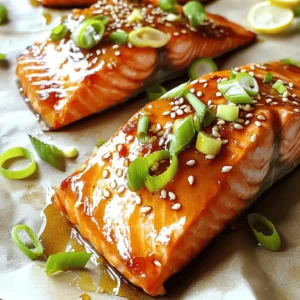 Creating honey garlic glazed salmon is simple and fun. Here’s what you need: - 4 salmon fillets (approximately 6 oz each) - 1/4 cup honey - 3 tablespoons low sodium soy sauce - 4 cloves garlic, finely minced - 1 tablespoon fresh ginger, finely grated - 1 tablespoon rice vinegar - 1 tablespoon sesame oil - 2 green onions, thinly sliced (for garnish) - Sesame seeds (for garnish) - Salt and pepper to taste These ingredients work together to create a sweet and savory glaze. The honey adds a rich sweetness, while the soy sauce gives depth. Garlic and ginger bring warmth and flavor. This blend makes the salmon shine. You can find the full recipe to guide you through each step. To make the marinade, start by mixing honey, low sodium soy sauce, finely minced garlic, grated ginger, rice vinegar, and sesame oil. Take a small mixing bowl and add all these ingredients. Use a whisk to blend them together until smooth. This step brings out the sweet and savory flavors that make this dish shine. Next, place your salmon fillets in a shallow dish. Pour the honey garlic marinade over the salmon, making sure each piece is well-coated. Cover the dish and refrigerate for at least 15 to 30 minutes. This allows the salmon to soak up all the flavors. If you can, turn the fillets halfway through for even marinating. While the salmon is marinating, preheat your oven to 375°F (190°C). Prepare a baking sheet by lining it with parchment paper. Carefully arrange the marinated salmon fillets on the sheet, skin-side down. Lightly sprinkle salt and pepper on top to add extra flavor. Bake the salmon for 15 to 20 minutes. It's done when it turns opaque and flakes easily with a fork. Halfway through baking, baste the salmon with the reserved marinade. This adds more flavor and gives it a shiny finish. Once the salmon is fully cooked, take it out of the oven. You can serve it right away, garnished with sliced green onions and sesame seeds for a nice touch. For the full recipe, check out the previous section. To make the best honey garlic glazed salmon, focus on key cooking temperatures. Preheat your oven to 375°F (190°C). This heat helps the salmon cook evenly without drying out. Bake the salmon for 15 to 20 minutes. It's ready when it turns opaque and flakes easily. Use a fork to check for doneness. Flavor enhancing techniques can elevate your dish. Consider basting the salmon midway through cooking. This adds moisture and extra flavor from the marinade. Also, let the salmon marinate for at least 15 to 30 minutes. This step allows the flavors to soak in deeply. For sides, serve the salmon with steamed broccoli or fluffy rice. Both pair well with the sweet and savory glaze. You can also add a fresh salad with citrus dressing. This contrast brightens the meal. Presentation matters, too. Arrange the salmon on a platter. Garnish with green onions and sesame seeds for color and crunch. This makes the dish inviting for special occasions. You need a few tools for this recipe. A mixing bowl for the marinade is essential. A whisk helps blend the ingredients well. Use a shallow dish for marinating the salmon. A baking sheet lined with parchment paper simplifies cleanup. Quality ingredients matter for flavor. Choose fresh salmon fillets for the best taste. Look for good quality honey and soy sauce. These choices enhance the dish and make it truly memorable. For the full recipe, see above. {{image_4}} You can change the taste of honey garlic glazed salmon easily. Want a kick? Add chili flakes or fresh herbs like parsley or cilantro. They add bright and fresh flavors. For a different twist, use maple syrup instead of honey. You can also try coconut aminos in place of soy sauce for a sweeter taste. These changes can make the dish unique and fun. You can cook your salmon in many ways. Grilling gives a nice smoky flavor. It also adds pretty grill marks. Baking is simple and easy, and it keeps the salmon moist. Pan-searing is another great method. It gives a crispy edge and a nice golden color. Each method brings its own charm to the dish. If you need gluten-free options, swap the soy sauce for tamari. It tastes great and works well in the recipe. For those on low-carb or keto diets, use a sugar-free honey alternative. This keeps the flavor while fitting your diet. These swaps let everyone enjoy this tasty dish. After enjoying your honey garlic glazed salmon, store it properly to keep it fresh. Place any leftover salmon in an airtight container. This helps to keep the salmon moist. If you have a vacuum sealer, use that for even better results. Store the container in the fridge. Enjoy the salmon within three days for the best taste. To reheat the salmon without drying it out, use the oven. Preheat to 275°F (135°C). Place the salmon on a baking sheet, cover it with aluminum foil, and heat for about 15 minutes. This method keeps the salmon juicy. You can also use the microwave. Heat it in short bursts of 30 seconds at medium power. Check it often to avoid overcooking. If you want to freeze marinated salmon, wrap each fillet in plastic wrap. Then, place them in a freezer bag. Remove as much air as possible to prevent freezer burn. For best results, use the salmon within three months. When you’re ready to cook, thaw it in the fridge overnight. This gives you the best texture and flavor for your honey garlic glazed salmon. To keep your salmon juicy, watch the cooking time closely. Bake it for 15 to 20 minutes. The fish should turn opaque and flake easily with a fork. Use the marinade to baste the salmon halfway through cooking. This adds moisture and flavor. Marinading the salmon for at least 30 minutes in the honey garlic mix helps, too. Yes, you can use frozen salmon. First, thaw it in the fridge overnight. If you’re short on time, place it in a sealed bag and submerge in cold water for about an hour. Once thawed, pat it dry and marinate as usual. This helps the flavors soak in. If you need a honey swap, try maple syrup or agave nectar. Both add sweetness but provide different tastes. You can also use brown sugar mixed with water for a similar effect. Adjust the amount based on your taste preference. This way, you can enjoy the dish with your favorite flavors. For the full recipe, check out the details provided above. This blog post covered everything you need for delicious honey garlic glazed salmon. We explored the ingredients, simple steps to cook, and storage tips. Remember, the key to moist salmon is proper marination and cooking times. With these techniques, you can enjoy this tasty dish with various sides or cooking methods. Don't forget to experiment with flavors and dietary needs to make it your own. Enjoy making and sharing this delightful meal!