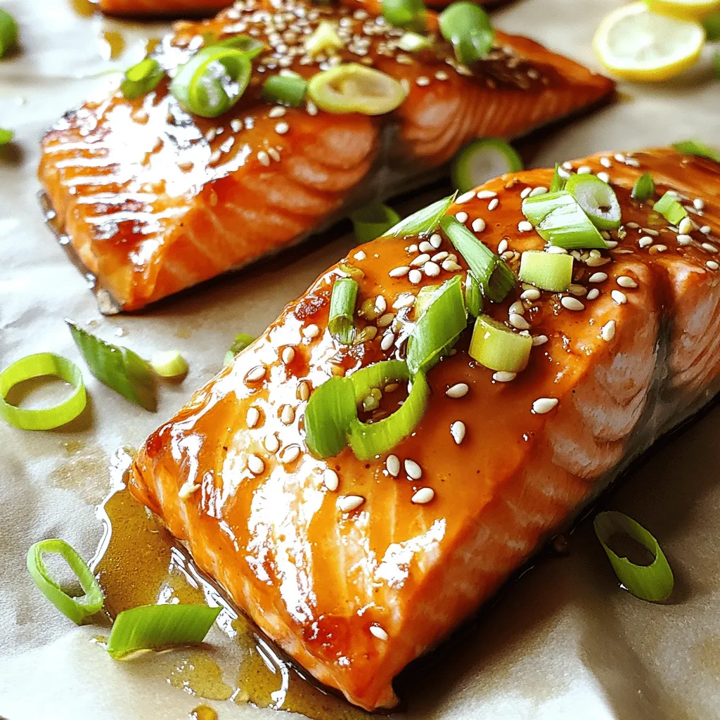 Creating honey garlic glazed salmon is simple and fun. Here’s what you need: - 4 salmon fillets (approximately 6 oz each) - 1/4 cup honey - 3 tablespoons low sodium soy sauce - 4 cloves garlic, finely minced - 1 tablespoon fresh ginger, finely grated - 1 tablespoon rice vinegar - 1 tablespoon sesame oil - 2 green onions, thinly sliced (for garnish) - Sesame seeds (for garnish) - Salt and pepper to taste These ingredients work together to create a sweet and savory glaze. The honey adds a rich sweetness, while the soy sauce gives depth. Garlic and ginger bring warmth and flavor. This blend makes the salmon shine. You can find the full recipe to guide you through each step. To make the marinade, start by mixing honey, low sodium soy sauce, finely minced garlic, grated ginger, rice vinegar, and sesame oil. Take a small mixing bowl and add all these ingredients. Use a whisk to blend them together until smooth. This step brings out the sweet and savory flavors that make this dish shine. Next, place your salmon fillets in a shallow dish. Pour the honey garlic marinade over the salmon, making sure each piece is well-coated. Cover the dish and refrigerate for at least 15 to 30 minutes. This allows the salmon to soak up all the flavors. If you can, turn the fillets halfway through for even marinating. While the salmon is marinating, preheat your oven to 375°F (190°C). Prepare a baking sheet by lining it with parchment paper. Carefully arrange the marinated salmon fillets on the sheet, skin-side down. Lightly sprinkle salt and pepper on top to add extra flavor. Bake the salmon for 15 to 20 minutes. It's done when it turns opaque and flakes easily with a fork. Halfway through baking, baste the salmon with the reserved marinade. This adds more flavor and gives it a shiny finish. Once the salmon is fully cooked, take it out of the oven. You can serve it right away, garnished with sliced green onions and sesame seeds for a nice touch. For the full recipe, check out the previous section. To make the best honey garlic glazed salmon, focus on key cooking temperatures. Preheat your oven to 375°F (190°C). This heat helps the salmon cook evenly without drying out. Bake the salmon for 15 to 20 minutes. It's ready when it turns opaque and flakes easily. Use a fork to check for doneness. Flavor enhancing techniques can elevate your dish. Consider basting the salmon midway through cooking. This adds moisture and extra flavor from the marinade. Also, let the salmon marinate for at least 15 to 30 minutes. This step allows the flavors to soak in deeply. For sides, serve the salmon with steamed broccoli or fluffy rice. Both pair well with the sweet and savory glaze. You can also add a fresh salad with citrus dressing. This contrast brightens the meal. Presentation matters, too. Arrange the salmon on a platter. Garnish with green onions and sesame seeds for color and crunch. This makes the dish inviting for special occasions. You need a few tools for this recipe. A mixing bowl for the marinade is essential. A whisk helps blend the ingredients well. Use a shallow dish for marinating the salmon. A baking sheet lined with parchment paper simplifies cleanup. Quality ingredients matter for flavor. Choose fresh salmon fillets for the best taste. Look for good quality honey and soy sauce. These choices enhance the dish and make it truly memorable. For the full recipe, see above. {{image_4}} You can change the taste of honey garlic glazed salmon easily. Want a kick? Add chili flakes or fresh herbs like parsley or cilantro. They add bright and fresh flavors. For a different twist, use maple syrup instead of honey. You can also try coconut aminos in place of soy sauce for a sweeter taste. These changes can make the dish unique and fun. You can cook your salmon in many ways. Grilling gives a nice smoky flavor. It also adds pretty grill marks. Baking is simple and easy, and it keeps the salmon moist. Pan-searing is another great method. It gives a crispy edge and a nice golden color. Each method brings its own charm to the dish. If you need gluten-free options, swap the soy sauce for tamari. It tastes great and works well in the recipe. For those on low-carb or keto diets, use a sugar-free honey alternative. This keeps the flavor while fitting your diet. These swaps let everyone enjoy this tasty dish. After enjoying your honey garlic glazed salmon, store it properly to keep it fresh. Place any leftover salmon in an airtight container. This helps to keep the salmon moist. If you have a vacuum sealer, use that for even better results. Store the container in the fridge. Enjoy the salmon within three days for the best taste. To reheat the salmon without drying it out, use the oven. Preheat to 275°F (135°C). Place the salmon on a baking sheet, cover it with aluminum foil, and heat for about 15 minutes. This method keeps the salmon juicy. You can also use the microwave. Heat it in short bursts of 30 seconds at medium power. Check it often to avoid overcooking. If you want to freeze marinated salmon, wrap each fillet in plastic wrap. Then, place them in a freezer bag. Remove as much air as possible to prevent freezer burn. For best results, use the salmon within three months. When you’re ready to cook, thaw it in the fridge overnight. This gives you the best texture and flavor for your honey garlic glazed salmon. To keep your salmon juicy, watch the cooking time closely. Bake it for 15 to 20 minutes. The fish should turn opaque and flake easily with a fork. Use the marinade to baste the salmon halfway through cooking. This adds moisture and flavor. Marinading the salmon for at least 30 minutes in the honey garlic mix helps, too. Yes, you can use frozen salmon. First, thaw it in the fridge overnight. If you’re short on time, place it in a sealed bag and submerge in cold water for about an hour. Once thawed, pat it dry and marinate as usual. This helps the flavors soak in. If you need a honey swap, try maple syrup or agave nectar. Both add sweetness but provide different tastes. You can also use brown sugar mixed with water for a similar effect. Adjust the amount based on your taste preference. This way, you can enjoy the dish with your favorite flavors. For the full recipe, check out the details provided above. This blog post covered everything you need for delicious honey garlic glazed salmon. We explored the ingredients, simple steps to cook, and storage tips. Remember, the key to moist salmon is proper marination and cooking times. With these techniques, you can enjoy this tasty dish with various sides or cooking methods. Don't forget to experiment with flavors and dietary needs to make it your own. Enjoy making and sharing this delightful meal!