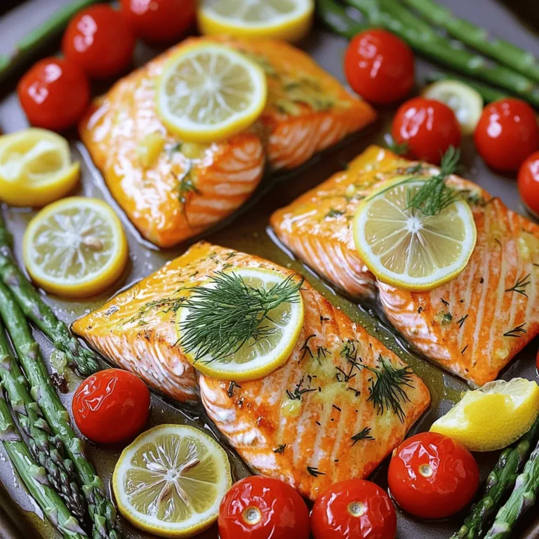 - 4 salmon fillets (6 ounces each) - 2 tablespoons extra virgin olive oil - 4 cloves garlic, finely minced - 1 large lemon (zested and juiced) - 2 teaspoons fresh dill (or 1 teaspoon dried dill) - 1 teaspoon sea salt - ½ teaspoon freshly cracked black pepper - 1 cup cherry tomatoes, halved - 1 bunch fresh asparagus, ends trimmed - Optional: Lemon slices and fresh dill sprigs for garnish When I prepare my sheet pan lemon garlic salmon, I always start with fresh ingredients. The salmon fillets need to be about 6 ounces each for the best cook. Extra virgin olive oil adds depth to the flavors. Minced garlic gives a nice kick, and the bright zest and juice from the lemon add zestiness. I love using fresh dill. It pairs perfectly with the salmon. Sea salt and black pepper bring out the flavors in the fish and veggies. Cherry tomatoes and asparagus not only look good but also add color and taste. I like to keep lemon slices on hand for garnish. Fresh dill sprigs also add a nice touch. They make the dish look fancy and delicious. You can find the full recipe for this meal [here](#). - Preheat the oven to 400°F (200°C). - Line the sheet pan with parchment paper. - Whisk together olive oil, garlic, lemon juice, lemon zest, dill, salt, and pepper. - This mix adds flavor and moisture to your salmon. - Coat salmon fillets with the marinade. - Arrange cherry tomatoes and asparagus on the sheet pan. - Make sure the veggies are spread out for even cooking. - Transfer the pan to the oven and bake for 15-20 minutes. - The salmon will be done when it flakes easily with a fork. - Check that the asparagus is tender but still crisp. - Let the dish rest for a few minutes before serving. - Garnish with lemon slices and optional dill for a fresh look. I love how easy this dish is to prepare. You can find the Full Recipe for more details. To ensure salmon is perfectly cooked, use a fork to test it. When it flakes easily, it’s done. Aim for an internal temperature of 145°F. This way, your salmon will be moist and tender. Resting time is key after cooking. Let the salmon sit for about 5 minutes before serving. This helps the juices redistribute, making each bite more flavorful. Serving directly from the pan gives a cozy feel. It makes the meal feel more relaxed and invites everyone to dig in. For plating, use a large plate. Place a salmon fillet in the center. Arrange the asparagus and tomatoes around it. A touch of fresh dill on top adds color and flavor. To boost flavor, consider adding spices like paprika or smoked sea salt. Fresh herbs like basil or parsley can also work well. For marinades, try mixing honey with soy sauce for a sweet twist. You can also use a splash of white wine to elevate the dish. For the full recipe, check the links above. {{image_4}} You can easily swap salmon for other fish like trout or cod. These fish cook similarly and absorb flavors well. If you want a different protein, try chicken breasts. They work great too. For vegetarian or vegan options, use tofu or tempeh. Both can soak up the lemon garlic marinade and bring great taste. Using seasonal vegetables can brighten your dish. In spring, try green beans or baby carrots. Summer is perfect for zucchini or bell peppers. In fall, consider sweet potatoes or Brussels sprouts. Winter brings root vegetables like parsnips and turnips. If you want to switch out asparagus or tomatoes, don't hesitate. Broccoli or cauliflower can add nice crunch and flavor. Experimenting with herbs and spices opens new doors. Try fresh basil or parsley for a bright twist. If you want a bolder taste, use smoked paprika or cumin. You can also play with sweet and savory. Adding fruits like pineapple or peaches can bring a fun contrast to the dish. Mixing flavors can create a memorable meal! For the full recipe, check out the [Full Recipe]. Store any leftover salmon and veggies in the fridge. Use airtight containers to keep them fresh. Make sure the lid fits tightly. This helps maintain flavor and texture. It's best to eat leftovers within two days for the best taste. To reheat salmon, use low heat to avoid drying it out. You can use the oven or microwave. For the oven, set it to 350°F (175°C) and warm for about 10 minutes. If using the microwave, place salmon on a plate and cover it with a damp paper towel. Heat in short bursts of 30 seconds until warmed through. You can freeze cooked salmon and veggies for later. Wrap each piece tightly in plastic wrap, then place in a freezer bag. Be sure to remove as much air as possible. For thawing, move them to the fridge for a few hours or overnight. This keeps the salmon tasty and moist. How long to bake salmon at different temperatures? For salmon, the general rule is to bake it at 400°F for 15-20 minutes. If you choose 375°F, it may take 20-25 minutes. At 425°F, check it after 12-15 minutes. Cooking time varies with thickness and oven accuracy. Always check for doneness to avoid overcooking. Can I use frozen salmon for this recipe? Yes, you can use frozen salmon. Just be sure to thaw it first. Place it in the fridge overnight or use cold water for quicker thawing. Pat the salmon dry before adding the marinade. This helps it absorb the flavors better. What temperature should salmon be cooked to? Salmon should reach an internal temperature of 145°F. Use a meat thermometer to check. When done, it should flake easily with a fork. The color will change from bright pink to opaque. How can I tell when the salmon is done? You can tell salmon is ready when it flakes easily. Press it gently with a fork. If it breaks apart, it's done. The color should be a light pink with a slightly opaque appearance. What sides pair well with lemon garlic salmon? Great sides include rice, quinoa, or a fresh salad. Roasted potatoes or steamed veggies also work well. These sides complement the salmon's bright flavors. You might want to add a squeeze of lemon on top. Is it okay to substitute any ingredients? Yes, you can substitute ingredients. Use any firm fish if you don't have salmon. For veggies, try broccoli or zucchini. You can swap fresh herbs with dried ones, but use less. Adjust the flavors to suit your taste! For the complete recipe, check out the Full Recipe section. This blog post showed you how to make a delicious lemon garlic salmon dish. We covered the main ingredients, easy steps for cooking, and tips for great results. You learned about variations and storing leftovers for later. Cooking should be fun, and this recipe is simple and tasty. Try it out and enjoy your meal. Once you master this dish, feel free to experiment with your own flavors and sides. Happy cooking!