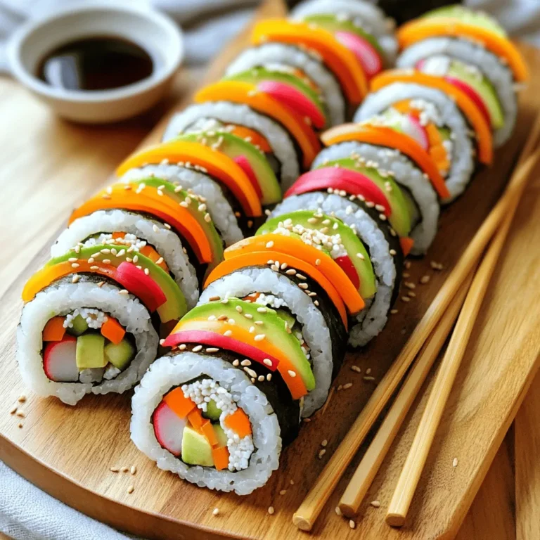 - 2 cups sushi rice - 2 1/2 cups water - 1/4 cup rice vinegar - 1 tablespoon sugar - 1/2 teaspoon salt - 4 sheets nori (seaweed) - 1 carrot, julienned - 1 cucumber, julienned - 1 bell pepper (red, yellow, or orange), julienned - 1 avocado, sliced - 1 small zucchini, julienned - 1 radish, thinly sliced - Sesame seeds (for garnish) - Soy sauce (for serving) Each ingredient in rainbow veggie sushi rolls adds flavor and nutrition. Here’s a closer look: - Sushi Rice: This rice is rich in carbs, providing energy. It also has some protein. - Nori: Seaweed is low in calories but high in vitamins and minerals, like iodine. - Carrot: Carrots are full of beta-carotene, good for eye health. They add crunch, too. - Cucumber: This veggie is hydrating and low in calories. It has some vitamins, too. - Bell Pepper: Bell peppers are rich in vitamin C, boosting your immune system. - Avocado: Avocados provide healthy fats that are good for your heart. They add creaminess. - Zucchini: Low in calories and high in fiber, zucchini helps with digestion. - Radish: Radishes add a peppery flavor and are low in calories. They also help with digestion. Feel free to customize your sushi rolls. Here are some tasty options: - Tofu: Adds protein and absorbs flavors well. - Mango: Offers a sweet and tropical twist. - Spinach: Adds iron and a pop of color. - Pickled Ginger: Provides zing and aids digestion. - Sesame Oil: Drizzle for extra flavor and richness. These ingredients can enhance your rolls and make them even more fun to eat! For more details, check out the Full Recipe. Start by rinsing the sushi rice. Use cold water until it runs clear. This helps remove extra starch. Drain the rice well. Next, place it in a rice cooker with 2 1/2 cups of water. Cook it following the rice cooker’s settings. If you don't have a rice cooker, use a pot. Combine the rinsed rice and water. Bring it to a boil, then lower the heat. Cover and simmer for 20 minutes. After cooking, let it rest for 10 minutes to cool. In a small saucepan, mix rice vinegar, sugar, and salt. Heat this over low heat until the sugar and salt dissolve. Make sure it does not boil. Once mixed, set it aside to cool slightly. This mixture gives the rice a tasty kick. Lay a sheet of nori on a bamboo sushi mat. The shiny side should face down. Wet your hands so the rice does not stick. Grab about 3/4 cup of sushi rice and spread it over the nori. Leave an inch at the top edge. Next, add your veggies. In the center, make a line with julienned carrots, cucumbers, bell peppers, zucchini, radish, and avocado slices. Now, it's time to roll! Start at the edge nearest you. Lift the bamboo mat and roll away from yourself. Press gently but firmly to keep it tight. Roll until you reach the bare edge of the nori. Seal it with a few drops of water. Finally, slice the sushi roll into bite-sized pieces. Use a sharp knife and wipe it between cuts for clean edges. Repeat with the remaining ingredients until all is used. Enjoy this fun making process! For the full recipe, refer to the list above. To roll sushi well, start with the right grip. Use your fingers to hold the bamboo mat in place. As you roll, keep the sushi tight but not too tight. This helps keep the filling inside. Lift the mat gently while rolling. Aim for a firm yet not squished roll. Practice makes perfect, so don’t worry if it’s not right the first time. Wet your hands before handling sushi rice. This simple step helps keep the rice from sticking to your fingers. If your rice does stick, sprinkle a little water on it. It makes it easier to spread. Always use a sharp knife when cutting the rolls. Clean the knife between cuts with a damp cloth. This way, you get nice and clean slices. After rolling, let the sushi rest for a minute. This helps the roll hold its shape. When slicing, use a sharp knife and a gentle sawing motion. Cut through the roll without pressing down hard. If you find the knife sticking, wipe it clean. This keeps the edges neat and pretty. Enjoy slicing and serving your beautiful sushi! For more detailed steps, check the full recipe. {{image_4}} You can swap out the veggies in your sushi rolls. This gives you room to play! Try using sweet potato, asparagus, or spinach. Each one adds a new taste and color. For a crunchy bite, radicchio or jicama also works well. Mix and match to find your favorite blend. If you want a spicy kick, add some sliced jalapeño or pickled ginger. The options are endless! If you want to add protein, consider cooked shrimp, crab, or tofu. These options make your rolls more filling. You can also try adding cream cheese or hummus for a twist. Tempeh or edamame can add a nice texture too. Just remember to balance the flavors. Keep the rolls colorful and fun! Rainbow Veggie Sushi Rolls can easily be made vegetarian or vegan. All the veggies used are plant-based and nutritious. For a vegan option, just skip any dairy-like cream cheese. Use avocado and fresh herbs to keep it creamy and bright. You can also add more plant-based proteins, like chickpeas or lentils. This keeps your meal healthy and satisfying. For the full recipe, check out the Rainbow Veggie Sushi Rolls section. To keep your leftover sushi rolls fresh, wrap them in plastic wrap. This keeps moisture in and prevents them from drying out. Place the wrapped rolls in an airtight container. Store them in the fridge. They can stay fresh for up to 24 hours. Sushi is best enjoyed fresh, but if you have leftovers, this method works well. If you need to reheat sushi rice, use a microwave for best results. Place the rice in a bowl and sprinkle a little water over it. Cover the bowl with a damp paper towel. Heat it in 30-second bursts, stirring in between. This method helps keep the rice moist. Avoid overheating, as this can make it dry and hard. You can freeze sushi rolls for later enjoyment. Wrap each roll tightly in plastic wrap. Place the wrapped rolls in a freezer-safe bag. They can be stored in the freezer for up to a month. When you're ready to eat, let them thaw in the fridge overnight. Avoid refreezing once they are thawed, as it can affect taste and texture. For more details, check the Full Recipe. To make Rainbow Veggie Sushi Rolls, start by cooking sushi rice. You need two cups of sushi rice and two and a half cups of water. Rinse the rice until the water is clear. Then, cook it in a rice cooker or on the stovetop. After cooking, mix rice vinegar, sugar, and salt in a pan until dissolved. Combine this with the warm rice. Next, lay a sheet of nori on a bamboo mat. Spread the seasoned rice on the nori, leaving the top edge bare. Add colorful veggies like carrots, cucumbers, and avocados in a line. Roll it tightly and slice into pieces. For the full process, check the Full Recipe. The best rice for sushi is sushi rice, also known as short-grain rice. This rice is sticky and holds together well. It absorbs water easily, making it perfect for sushi rolls. Avoid long-grain rice, as it does not stick and will not form rolls properly. Yes, you can use other seaweeds like soy paper or brown rice paper. However, nori is the most common choice for sushi. It has a nice flavor and texture. Soy paper is a great alternative for those avoiding seaweed. It’s colorful and adds a unique taste. Homemade sushi rolls are best eaten fresh. They can last in the fridge for about 24 hours. After that, the rice may dry out, and the nori may become chewy. Keep them in an airtight container to maintain freshness. You can serve Rainbow Veggie Sushi Rolls with soy sauce for dipping. Pickled ginger and wasabi add extra flavor. Serve with a light salad or miso soup for a complete meal. Enjoy the colorful sushi with friends and family! You learned about the key ingredients for sushi, their benefits, and how to prepare them. The steps include making sushi rice and rolling your creations perfectly. I shared tips to avoid common mistakes and ways to customize your sushi. Lastly, you now know how to store or freeze leftover rolls. Making sushi is fun, healthy, and allows for great creativity. Enjoy crafting your rolls and sharing them with friends!