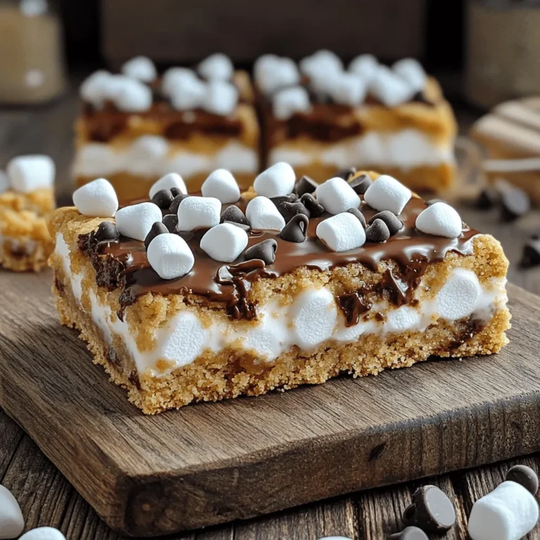 To make S’mores Cookie Bars, gather these key ingredients: - 1 cup unsalted butter, softened - 1 cup packed brown sugar - 1/2 cup granulated sugar - 2 large eggs - 1 teaspoon pure vanilla extract - 2 1/4 cups all-purpose flour - 1 teaspoon baking soda - 1/2 teaspoon salt - 1 cup semi-sweet or milk chocolate chips - 1 cup mini marshmallows - 3/4 cup crushed graham crackers - Additional chocolate chips and mini marshmallows for topping If you need swaps, here are a few ideas: - Use margarine instead of butter if needed. - Coconut sugar can replace brown sugar for a unique taste. - For a dairy-free option, try a plant-based butter and dairy-free chocolate chips. - You can also use large marshmallows cut into smaller pieces if mini ones are not available. When choosing your ingredients, consider these tips: - Select fresh butter for the best flavor. - Look for chocolate chips with a high cocoa content; they taste richer. - Check for freshness on your baking soda and flour. - Choose mini marshmallows that are soft and fluffy for the best texture. - For crushed graham crackers, buy a brand with simple, natural ingredients for the best taste. These ingredient insights will help you create the best S’mores Cookie Bars. Happy baking! 1. Preheat your oven to 350°F (175°C). 2. Prepare a 9x13 inch baking pan. You can grease it or line it with parchment paper for easy removal. 3. In a large bowl, cream 1 cup of softened butter, 1 cup of packed brown sugar, and 1/2 cup of granulated sugar. Beat until light and fluffy. 4. Add 2 large eggs, one at a time, and mix well after each addition. Stir in 1 teaspoon of pure vanilla extract. 5. In another bowl, mix together 2 1/4 cups of all-purpose flour, 1 teaspoon of baking soda, and 1/2 teaspoon of salt. 6. Gradually add the dry mix to the wet mix, stirring gently. Be careful not to overmix. 7. Fold in 1 cup of chocolate chips, 1 cup of mini marshmallows, and 3/4 cup of crushed graham crackers. Make sure they are evenly spread in the dough. 8. Take half of the cookie dough and spread it in the bottom of the pan. Press it down firmly. 9. Add a layer of chocolate chips and mini marshmallows over the dough. This will be your tasty filling. 10. With the remaining dough, dollop it over the filling. Gently spread it out, leaving some gaps for the marshmallows to peek through. 11. Top with extra chocolate chips and mini marshmallows. 12. Bake in the preheated oven for 25-30 minutes. Look for golden edges and a set center. 13. Once baked, let the bars cool in the pan for about 10 minutes. 14. Transfer the bars to a cutting board. Slice them into squares. 15. For the best experience, serve warm for a gooey bite or let them cool for firmer bars. You can even dust them with crushed graham crackers or serve with ice cream. This is a fun and easy way to enjoy S’mores in a cookie bar form. For the full recipe, check out the details above! To get the best texture for your S’mores cookie bars, focus on creaming the butter and sugars well. This step adds air to the dough, making it light. Don't overmix when adding the flour; this keeps the bars soft. Also, make sure to let your bars cool in the pan for a bit. This helps them set perfectly. One common mistake is overbaking. Keep an eye on the timer. The edges should look golden, but the center can be soft. Another mistake is not measuring the ingredients correctly. Use a kitchen scale when you can. Lastly, avoid pressing the dough too hard into the pan. You want a light touch for a better rise. To boost the flavor in your S’mores cookie bars, consider using dark chocolate instead of semi-sweet. It adds a richer taste. You can also mix in some toasted nuts for crunch. If you love a bit of spice, a pinch of cinnamon works wonders. Lastly, consider adding a dash of sea salt on top before baking. It enhances the sweetness and richness beautifully. For the full recipe, click here: [Full Recipe]. {{image_4}} You can elevate your S’mores cookie bars with gourmet ingredients. Try using high-quality chocolate, like dark chocolate or sea salt caramel chocolate. This gives a rich flavor that takes these bars to a new level. You can also add toasted coconut for a tropical twist. Another great idea is to sprinkle flaky sea salt on top right before serving. This adds a nice contrast to the sweetness. If you need a gluten-free option, you can easily adapt this recipe. Use gluten-free flour blends that measure cup-for-cup like regular flour. Make sure to check that your chocolate chips and graham crackers are also gluten-free. This way, everyone can enjoy these tasty bars without worry. For a fun twist, add unique flavors to your S’mores cookie bars. Swirl in Nutella or peanut butter into the dough before baking. You can also mix in chopped nuts for extra crunch. Try adding crushed peppermint candies for a festive touch during the holidays. The possibilities are endless, and you can customize these bars to fit any taste! For the complete recipe, check out [Full Recipe]. To keep your S’mores Cookie Bars fresh, store them in an airtight container. This helps avoid drying out. Place parchment paper between layers to prevent sticking. They will stay good at room temperature for about four days. If you want to keep them longer, refrigeration is a great option. Just remember to bring them to room temperature before serving for the best flavor. You can freeze S’mores Cookie Bars for up to three months. First, let them cool completely. Then, cut them into squares. Wrap each square in plastic wrap tightly. Place the wrapped bars in a freezer bag or container. Label it with the date. When you’re ready to enjoy, thaw them overnight in the fridge or for a few hours at room temperature. To reheat S’mores Cookie Bars, preheat your oven to 350°F (175°C). Place the bars on a baking sheet. Cover them loosely with foil to prevent burning. Heat for about 10 minutes or until warm. This will help restore their gooey texture and melt the chocolate again. Enjoy them warm for the best experience! For the full recipe, check out the recipe section above. S’mores cookie bars last about five days at room temperature. Store them in an airtight container. This keeps them fresh and soft. You can also refrigerate them for up to a week. Just remember to bring them to room temperature for the best taste. Yes, you can make these bars ahead of time. They are great for meal prep or parties. Bake and cool them completely. Then, cut them into squares and store them in an airtight container. You can also freeze them for up to three months. Just thaw them before serving. If you don't have mini marshmallows, you can use large marshmallows. Cut them into smaller pieces to fit. Alternatively, try using marshmallow fluff for a gooey texture. You can also skip marshmallows altogether and use caramel instead. This adds a different kind of sweetness. For the full recipe, visit the recipe section above. In this post, we covered how to make delicious s’mores cookie bars. We looked at the key ingredients and their best substitutes. You learned step-by-step how to prepare, bake, and serve these treats. We shared tips for perfect texture and flavor. You can also explore fun variations for added taste. Remember to store them well for freshness. With these tips, you're ready to create a tasty batch. Enjoy making and sharing your s’mores cookie bars!