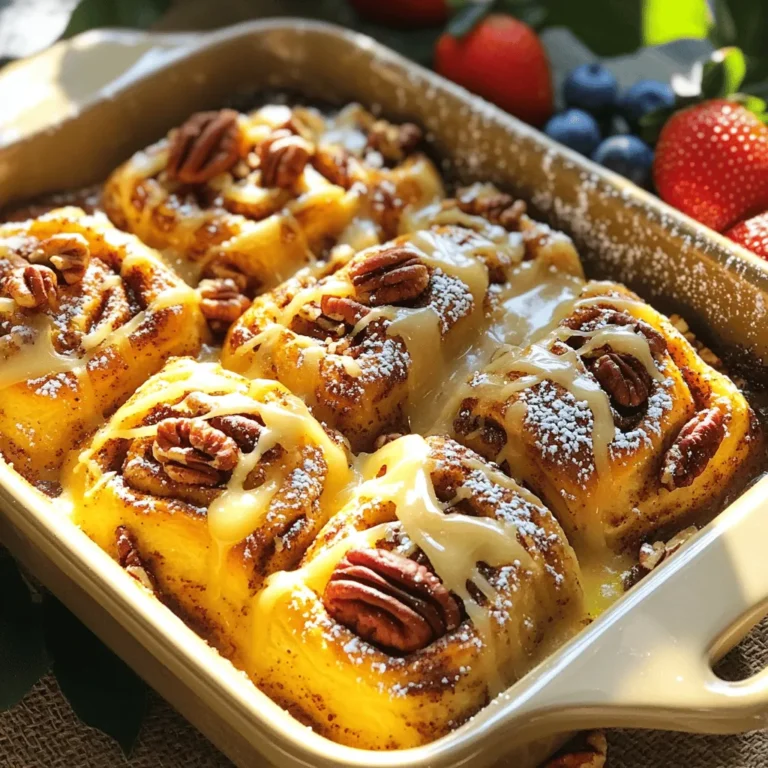 - 2 cans refrigerated cinnamon roll dough (with icing) - 6 large eggs - 1 cup whole milk The main ingredients are key for a great Cinnamon Roll French Toast Bake. First, the cinnamon roll dough gives us that sweet, fluffy base. It comes in a can, making it super easy to use. Next, we need six large eggs. They help bind everything together and give it a nice, rich texture. Finally, one cup of whole milk adds creaminess and helps soak those delicious rolls. - 1 teaspoon pure vanilla extract - 1 teaspoon ground cinnamon - ½ teaspoon ground nutmeg - ¼ cup maple syrup For flavor, we add a few simple yet powerful ingredients. One teaspoon of pure vanilla extract brightens up the dish. Ground cinnamon adds warmth and pairs perfectly with the rolls. Nutmeg, just half a teaspoon, adds a lovely depth of flavor. Lastly, ¼ cup of maple syrup gives a sweet finish that ties everything together. - 1 cup chopped pecans or walnuts - Powdered sugar for dusting If you want to take it up a notch, consider add-ins. One cup of chopped pecans or walnuts brings a nice crunch and nutty flavor. A light dusting of powdered sugar on top adds a touch of sweetness and makes it look pretty. You can customize this dish to your taste with these optional ingredients. For the full recipe, check out the details above! - Preheat oven to 375°F (190°C) - Lightly grease a 9x13 inch baking dish First, I start by preheating the oven to 375°F. This step is key for even baking. Next, I lightly grease a 9x13 inch baking dish. This helps the cinnamon rolls not stick after baking. It makes serving much easier! - Open and cut cinnamon roll dough into quarters - Distribute pieces evenly in the baking dish Now, I open the cans of cinnamon roll dough. I separate each roll and cut them into quarters. It’s fun to see them turn into little pieces! Then, I spread these pieces evenly in the greased baking dish. This ensures that every bite gets the goodness of cinnamon. - Whisk eggs in a bowl with milk and spices - Pour the mixture over cinnamon roll pieces In a big bowl, I crack open the six eggs. I whisk them well. Then, I add in the milk, vanilla extract, ground cinnamon, nutmeg, and maple syrup. Mixing these together gives a rich flavor. Next, I pour this egg mixture over the cinnamon roll pieces. I use a spatula to press them down, soaking them fully. This step is crucial for a tasty bake! - Bake for 25-30 minutes - Check for a golden brown top and set egg mixture I place the baking dish in the oven and set a timer for 25-30 minutes. I check the bake a few times. I look for a golden brown top. The egg mixture should be set and firm. This means it’s ready! - Warm icing for drizzling - Allow cooling before serving and garnishing While it bakes, I warm the icing that comes with the cinnamon rolls in the microwave. Only about 10-15 seconds is needed. Once the bake is out of the oven, I let it cool for a few minutes. Then, I drizzle the warm icing generously over the top. For a pretty touch, I sometimes dust it with powdered sugar. This makes it look as good as it tastes! To make your Cinnamon Roll French Toast Bake just right, start with the egg mixture. Make sure to pour it evenly over the cinnamon roll pieces. This ensures every bite is rich and flavorful. Press the rolls down lightly with a spatula to soak them well. Overbaking can make it dry, so keep an eye on the time. Bake just until the top is golden brown and the egg is set. Once it's baked, serve this treat warm for the best taste. Add fresh fruits like strawberries or blueberries to make it look beautiful. A drizzle of maple syrup adds sweetness and charm. You can also dust it with powdered sugar for a nice finish. These small touches make your dish pop! If you want a dairy-free version, swap whole milk for almond or oat milk. Both are great choices that work well in this recipe. For an egg-free option, use flaxseed meal or chia seeds mixed with water as a substitute. These options help you enjoy this dish, no matter your dietary needs. For more details, refer to the Full Recipe. {{image_4}} You can spice up your Cinnamon Roll French Toast Bake in fun ways. Adding chocolate chips makes it sweeter. Kids and adults love this option! You can also try different spices. Cardamom adds a warm, unique flavor. Mix and match flavors to keep it exciting. Using flavored cinnamon rolls is a great way to switch things up. For example, try apple pie cinnamon rolls. They bring a fruity twist to the dish. You can also change the nuts. Use almonds or sunflower seeds instead of pecans or walnuts. This adds variety and fun textures. Make your bake fit the season! In autumn, add pumpkin puree for a cozy taste. This gives a rich flavor and a lovely color. For winter, toss in cranberries or orange zest. They add a festive touch and brighten the dish. These seasonal changes keep your breakfast fresh and fun. Check out the Full Recipe for all the details! To keep your Cinnamon Roll French Toast Bake fresh, store leftovers in an airtight container in the fridge. This dish tastes best when eaten within 3-4 days. The flavors stay rich and delicious during this time. When you're ready to enjoy your leftovers, warm them up in the oven or microwave. If using the oven, set it to a low temperature. This helps keep the texture nice. For the microwave, heat in short bursts. Add a splash of milk or a bit of butter to restore moisture. This keeps the dish from drying out. You can freeze either a pre-baked or fully baked dish. For pre-baked, cover it tightly in foil or plastic wrap. If baked, let it cool completely before freezing. To thaw, place it in the fridge overnight. Reheat it in the oven or microwave as before. This way, you can enjoy this tasty treat anytime! Look for a golden brown top. The egg mixture should be set. You can check this by gently shaking the dish. If it wobbles a lot, it needs more time. It usually takes about 25-30 minutes at 375°F. Yes, you can prep this dish the night before. Just follow the steps, but do not bake it. Cover it tightly and place it in the fridge. Bake it the next morning. This saves time and makes breakfast easy. You can serve this bake with fresh fruit, like strawberries or bananas. A side of crispy bacon or sausage pairs well too. For drinks, try coffee, milk, or even a fruity smoothie. These sides enhance the meal and add variety. Absolutely! You can use homemade cinnamon rolls instead of store-bought ones. Just make sure they are cut into quarters like the store-bought ones. The baking time may vary slightly, so keep an eye on it. This dish is perfect for brunch! It feeds a crowd and is easy to share. The sweet flavors delight everyone. Plus, it looks great on the table. Guests will love the warm, gooey goodness of this bake. This article covered how to make a tasty Cinnamon Roll French Toast Bake. We reviewed ingredients, tips, and variations to suit your taste. Remember to serve it warm, and feel free to try new flavors. With these steps, you'll impress your friends and family at brunch. You can store leftovers easily and even freeze them for later. Enjoy this fun dish on any occasion. Happy baking!