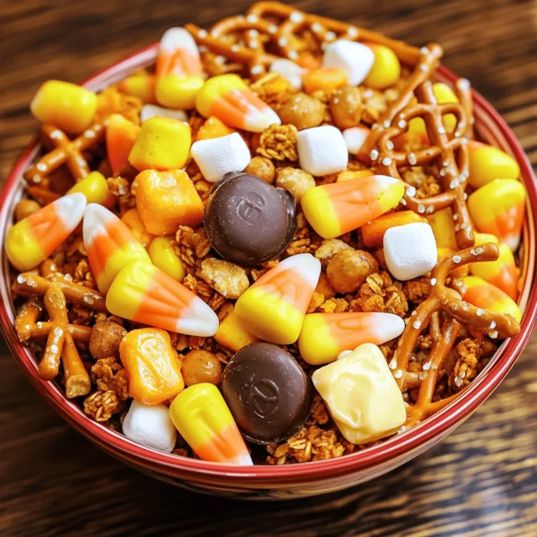 - 2 cups candy corn - 2 cups pretzel sticks - 1 cup roasted peanuts - 1 cup chocolate-covered candies (M&Ms) - 1 cup pumpkin spice granola - ½ cup mini marshmallows - 2 tablespoons unsalted butter, melted - 1 teaspoon cinnamon sugar (optional for extra sweetness) This mix brings together sweet, salty, and crunchy flavors. You need candy corn for that festive fall taste. Pretzel sticks add a nice crunch that balances the sweetness. Roasted peanuts give a nutty flavor that complements the other ingredients. Chocolate-covered candies, like M&Ms, bring in a burst of color and richness. Pumpkin spice granola adds warmth and a hint of spice, making it perfect for fall. Mini marshmallows provide a soft, sweet touch that kids love. You can use unsalted butter to bring all the flavors together. If you want extra sweetness, cinnamon sugar is a great addition. This mix is a fun treat for parties, gatherings, or just a cozy night in. For the full recipe, check out the detailed instructions to create this delightful snack! - Mixing the dry ingredients Start by gathering a large mixing bowl. Add the candy corn, pretzel sticks, roasted peanuts, chocolate-covered candies, pumpkin spice granola, and mini marshmallows. Use a spatula to gently fold the mix together. This helps spread out the flavors evenly. Make sure everything is well combined. - Creating the buttery mixture In a small bowl, melt the unsalted butter. If you want extra sweetness, add the cinnamon sugar to the melted butter. Stir until smooth. This buttery blend adds richness to the snack mix. - Baking the snack mix Preheat your oven to 350°F (175°C). Spread the snack mix from the large bowl onto a baking sheet lined with parchment paper. Keep it in an even layer for best results. Bake for about 10 minutes. Remember to stir the mix halfway through. This keeps the flavors mixed and prevents burning. Once done, take it out and let it cool on the baking sheet. - Oven temperature guide Always preheat your oven. This helps the snack mix bake evenly. A steady 350°F (175°C) works best for this recipe. - Stirring methods Use a spatula to stir the mix gently. Be careful not to crush the pretzels or marshmallows. This will keep the pieces whole and crunchy. - Cooling process Let the baked snack mix cool completely on the baking sheet. This helps it clump together into tasty bites. Don’t rush this step; it makes a big difference! Feel free to check the Full Recipe for more details and tips! To make your Candy Corn Snack Mix really shine, focus on fun presentations. Use bright, festive bowls for serving. You can sprinkle extra candy corn on top for a pop of color. For gatherings, consider using clear treat bags. Fill them with mix and tie with cute ribbons. This makes great gifts for Halloween or fall parties. Want to boost the flavor? Try adding seasonal spices! A pinch of nutmeg or allspice can add warmth. You can also add a dash of pumpkin pie spice for an extra fall kick. Think about other mix-ins too. Dried fruits like cranberries or apple bits can add chewiness. You could even use different nuts for a crunch. The options are endless! {{image_4}} You can make fun themed mixes with candy corn for different occasions. For Halloween, try adding chocolate bats or ghost-shaped candies. This adds a spooky touch to your mix. You can also use orange and black sprinkles. It makes the mix bright and festive. For a holiday-inspired mix, swap candy corn with red and green candies. Add festive nuts and dried fruit for a nice crunch. If you have allergies, there are great swaps. Use sunflower seeds instead of peanuts. This keeps the crunch while being nut-free. For a lower-calorie option, try using air-popped popcorn instead of pretzel sticks. Popcorn is lighter and can add more volume. You can also consider using dark chocolate candies for a healthier treat. These changes still keep your Candy Corn Snack Mix tasty and fun! To keep your candy corn snack mix fresh, store it in an airtight container. Glass jars or plastic bins work well. Avoid using bags that do not seal tightly, as air can make it stale. The mix can last for up to two weeks in a cool, dry place. If you notice any moisture, it is best to throw it away. Can you freeze candy corn snack mix? Yes, you can freeze it! Freeze it in an airtight container or heavy-duty freezer bag. This can extend its life for up to three months. For thawing, take the mix out of the freezer and let it sit at room temperature. This may take a few hours. Once thawed, use it for snacks or as a fun topping for desserts. Remember, the texture may change slightly after freezing, but it will still taste great! You can find the Full Recipe to make this yummy treat and enjoy it fresh! Can I make this snack mix ahead of time? Yes, you can make this snack mix ahead of time. I often prepare it a day before a party. Store it in an airtight container to keep it fresh. This way, you save time on the day of your event. How do I prevent the mix from becoming soggy? To keep your mix crunchy, avoid adding wet ingredients. If using butter, make sure to use it sparingly. Baking helps, too. The heat will dry out any moisture. Let it cool completely before storing it. What can I substitute for candy corn? If you want alternatives to candy corn, try using gummy candies or chocolate-covered treats. You can also use dried fruits for a healthier option. The flavors will change, but it will still taste great. For the full recipe, check out the detailed steps to make this fun snack mix! This blog post outlined how to create a fun snack mix with candy corn and other tasty ingredients. You learned about the steps for preparation, cooking tips, and serving ideas. I shared ways to customize your mix and how to store it for later. Remember, the right mix of flavors saves time and pleases everyone. Keep exploring and enjoy making this snack at home!