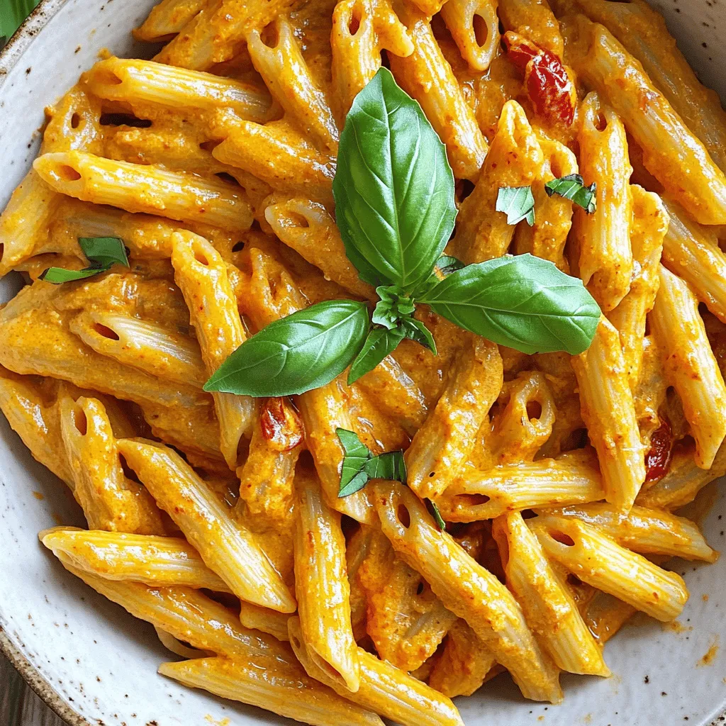 - 12 oz pasta (penne, fusilli, or preferred variety) - 2 large red bell peppers - 1 cup raw cashews (soaked in water) - 1 tablespoon olive oil - 3 cloves garlic, minced - 1 cup vegetable broth - 1 tablespoon nutritional yeast - 1 tablespoon freshly squeezed lemon juice - Salt and pepper to taste - Fresh basil leaves for garnish For this vegan creamy roasted red pepper pasta, I love using red bell peppers. They bring sweetness and a lovely color. Start with 12 ounces of your favorite pasta. I prefer penne or fusilli, but any shape you like works. Next, grab two large red bell peppers. These will be roasted to bring out their flavor. Don’t forget the cashews! Use one cup of raw cashews. Soak them in water for at least two hours. This step makes them creamy when blended. Now, let’s talk about the extra ingredients. You’ll need one tablespoon of olive oil for cooking. Garlic adds great taste, so use three cloves, minced. For a nice base, use one cup of vegetable broth. We also need one tablespoon of nutritional yeast for a cheesy flavor. Add one tablespoon of freshly squeezed lemon juice to brighten the sauce. Season with salt and pepper to taste. Finally, fresh basil leaves will make a beautiful garnish. This recipe is easy to follow and packed with flavor. Check out the Full Recipe for more details and instructions! - Preheat your oven to 425°F (220°C). - Slice the red bell peppers in half and remove seeds and stems. - Place them cut side down on a baking sheet. - Roast for 20-25 minutes until the skins blister and char. - Let the peppers cool for a few minutes. - Peel off the skins and chop the peppers into small pieces. - In a large pot, bring salted water to a boil. - Add your pasta and cook until al dente, following package instructions. - Before draining, reserve about 1 cup of the pasta water. - Drain the pasta and set it aside for later. - In a blender, add the roasted peppers, soaked cashews, and garlic. - Pour in the vegetable broth, nutritional yeast, and lemon juice. - Season with a pinch of salt and pepper. - Blend until smooth and creamy, scraping the sides if needed. - Adjust the sauce consistency with reserved pasta water as desired. - Add the cooked pasta back into the pot. - Pour the creamy sauce over the pasta and mix well. - Gently heat the mixture on low for 2-3 minutes. - Taste and adjust seasoning with more salt and pepper if needed. This simple guide helps you create a delightful vegan creamy roasted red pepper pasta that bursts with flavor. For the complete recipe, check the [Full Recipe]. Enjoy cooking! To achieve perfect pasta texture, follow these simple steps. Always cook your pasta in salted water. This enhances flavor and ensures the pasta cooks evenly. Aim for al dente, which means firm to the bite. It should not be mushy. Reserve a cup of pasta water before draining. This water helps to adjust your sauce later. For roasting peppers effectively, preheat your oven to 425°F. Slice the red bell peppers in half and remove the seeds. Place them cut side down on a baking sheet. Roast them for about 20 to 25 minutes. You want the skins to blister and char lightly. This caramelizes their sugars and boosts sweetness. Adjusting seasoning is key for a balanced dish. Start with a pinch of salt and pepper, then taste your sauce. If it needs more flavor, add more salt or lemon juice. For creaminess, you can also add a splash of vegetable broth. Using fresh or dried herbs can elevate your dish. Fresh basil adds brightness. Dried oregano or thyme brings depth. Add these herbs during the blending process for a more integrated flavor. Garnishing can transform your dish. Fresh basil leaves add a pop of color and freshness. Sprinkle some nutritional yeast on top for a cheesy flavor. Crushed red pepper flakes can add a nice kick. For visual appeal, plate your pasta with care. Swirl the noodles for a nice shape. You can also arrange extra basil leaves artfully around the dish. Serve your Vegan Creamy Roasted Red Pepper Pasta hot for the best experience. Enjoy your meal! For the full recipe, check out the details above. {{image_4}} For the sauce base, you can swap the cashews with other nuts. Almonds or macadamia nuts work well. If you want a nut-free option, try using sunflower seeds. They blend into a creamy texture too. If you need gluten-free pasta, use brown rice pasta or chickpea pasta. Both these options taste great and keep the dish healthy. They also add a unique flavor to your pasta. You can make this dish even heartier by adding proteins. Chickpeas or lentils are great choices. They cook quickly and blend well with the sauce. Just stir them in after mixing the pasta with the sauce. If you prefer something meatier, try vegan sausage or tofu. Cook them separately, then mix in with the pasta. This adds a nice texture and extra flavor. This pasta pairs well with side salads or crusty bread. A simple green salad adds freshness and crunch. Garlic bread is a great choice to soak up the creamy sauce. For meal prep, store the pasta in airtight containers. You can make it ahead and reheat it for quick lunches. Just warm it gently on the stove or in the microwave. This dish stays delicious for days! For the full recipe, check out the complete guide. To store leftovers, let the pasta cool down first. Place it in an airtight container. This keeps it fresh for up to four days. When you want to eat it again, take out the amount you need. For reheating, I recommend using the stove. Add a splash of water or vegetable broth. Heat it gently over low heat. Stir often to avoid burning. You can also use the microwave. Just cover it and heat in short bursts. Stir in between to heat evenly. For freezing, I suggest separating the sauce from the pasta. Store the sauce in a freezer-safe container. It will last up to three months in the freezer. You can freeze the pasta too, but it may change texture. If you freeze it, store it in a separate bag. When you're ready to use, thaw the sauce in the fridge overnight. Reheat on the stove, adding a splash of broth if needed. For frozen pasta, boil it for a few minutes until warm. This keeps your vegan creamy roasted red pepper pasta delightful and fresh! For the full recipe, check out the previous sections. Yes, you can use different types of pasta. Here are some suggestions: - Penne: This shape holds sauce well. - Fusilli: The spirals trap sauce nicely. - Spaghetti: Classic choice that works with creamy sauces. - Gluten-free options: Look for rice or chickpea pasta. Feel free to choose your favorite! To add heat, try these tips: - Red pepper flakes: Sprinkle them in the sauce for a kick. - Cayenne pepper: Add a pinch to the blended sauce. - Hot sauce: Mix in your favorite brand to taste. These options let you control the spice level. No, this recipe contains cashews. However, you can make it nut-free. Here are some alternatives: - Sunflower seeds: They blend smoothly and add creaminess. - Pumpkin seeds: A great nut-free option with a slightly different flavor. - Silken tofu: This gives a creamy texture without nuts. These substitutes work well and keep the dish tasty. To make it nut-free, simply substitute the cashews. Here’s how: 1. Choose a nut-free base: Use sunflower seeds or silken tofu. 2. Blend the new ingredient: Just like the cashews, blend them smooth. 3. Adjust seasoning: You may need to tweak the flavors to balance the change. This way, you can enjoy the dish without nuts. For the full recipe, check out the details above. This blog covers a tasty, creamy pasta dish using roasted peppers and cashews. You learned about the ingredients, step-by-step cooking, and tips for best results. Variations give you flexibility with proteins and flavors. Plus, I shared easy storage methods for leftovers. Remember, cooking can be fun and creative! Try different ingredients to make it your own. Enjoy making this flavorful recipe and make it a family favorite. Your kitchen adventures await!