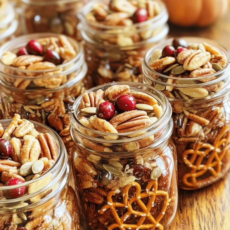 To make the Maple Pecan Snack Mix, gather these ingredients: - 2 cups unsalted pecans - 1 cup raw almonds - 1 cup dried cranberries - 1 cup mini pretzels - 1/2 cup pumpkin seeds - 1/4 cup pure maple syrup - 1 tablespoon coconut oil, melted - 1 teaspoon ground cinnamon - 1/4 teaspoon sea salt - 1/8 teaspoon cayenne pepper (optional for a spicy twist) This mix is not just tasty; it's also packed with nutrients. One serving provides a good source of protein and healthy fats. The nuts and seeds offer fiber and vitamins. Dried cranberries add natural sweetness and antioxidants. The maple syrup gives a touch of natural sugar. Each serving is about 200 calories, making it a great snack choice. You can easily change some ingredients to suit your taste. Here are a few ideas: - Pecans: Swap for walnuts or cashews if you prefer. - Almonds: Use hazelnuts or pistachios for a different flavor. - Dried Cranberries: Raisins or dried cherries work well too. - Pumpkin Seeds: Sunflower seeds are a great choice as an alternative. - Maple Syrup: Honey or agave syrup can replace maple syrup if needed. First, preheat your oven to 350°F (175°C). This will help the snack mix bake evenly. Next, get a large baking sheet. Line it with parchment paper. This makes cleanup easy and helps prevent sticking. In a big mixing bowl, add the following dry ingredients: - 2 cups unsalted pecans - 1 cup raw almonds - 1 cup dried cranberries - 1 cup mini pretzels - 1/2 cup pumpkin seeds Stir these ingredients together. Make sure they are mixed well. This blend gives your snack mix a crunchy and tasty base. In a separate small bowl, combine your wet ingredients. Add: - 1/4 cup pure maple syrup - 1 tablespoon coconut oil, melted - 1 teaspoon ground cinnamon - 1/4 teaspoon sea salt - 1/8 teaspoon cayenne pepper (if you want some heat) Whisk these together until smooth. Drizzle this mixture over your dry ingredients. Use a spatula to stir gently. Ensure every piece is coated. This step adds sweetness and flavor. You can find the full recipe at the end of this article. For the Maple Pecan Snack Mix, preheat your oven to 350°F (175°C). This temperature helps the mix bake evenly. Bake it for 15 to 20 minutes. The time may vary, so keep an eye on it. To get even browning, stir the mix halfway through baking. This action helps all parts of the snack mix brown well. Spread the mix out on the baking sheet. Avoid big clumps, as they may bake unevenly. You will know it's done when the mix turns golden brown. It should smell nutty and sweet. If you notice burning, take it out right away. Let the mix cool completely on the baking sheet. It will become crisp as it cools. Enjoy the tasty crunch! {{image_4}} Toasting nuts adds depth and flavor. Start with raw nuts. Spread them out on a baking sheet. Bake at 350°F (175°C) for 8 to 10 minutes. Keep an eye on them, as they can burn quickly. When they smell nutty and are lightly golden, they are ready. Let them cool before adding to your mix. Proper storage keeps your Maple Pecan Snack Mix fresh. Use an airtight container to block moisture. You can keep it on the counter for up to two weeks. For longer freshness, store it in the fridge. This helps maintain crunchiness. Just let it come to room temperature before serving. You can customize the spice in your mix. If you like heat, add more cayenne pepper. Start with a pinch, then taste and adjust as needed. If you prefer it mild, skip the cayenne altogether. You can also play with other spices, like smoked paprika or nutmeg, to find your favorite flavor. You can change up the Maple Pecan Snack Mix by using different nuts and seeds. Try walnuts or cashews for a new taste. Sunflower seeds add a nice crunch too. Use what you like best! Each nut brings its own flavor and texture. Feel free to mix and match to find your favorite blend. Dried fruits can make your snack mix even better. Consider adding dried apricots, raisins, or even banana chips. Each fruit gives a sweet burst that makes each bite exciting. You can also experiment with flavors by adding vanilla extract or even a splash of orange juice. This can brighten up the whole mix. If you love chocolate, you can make a chocolate version of this mix. Simply add chocolate chips or cocoa powder to the maple coating. This will give it a rich, sweet taste. The chocolate pairs well with the nuts and pretzels. It’s a great way to satisfy your sweet tooth while enjoying a crunchy snack. For the full recipe, check out the Maple Pecan Snack Mix! The Maple Pecan Snack Mix can last about two weeks in an airtight container. Store it in a cool, dry place to keep it fresh. If you want it to last longer, you can freeze it. Freezing keeps the mix tasty and crunchy for up to three months. Yes, you can make this snack mix vegan by using a different sweetener. Maple syrup is already vegan. You can replace coconut oil with another plant-based oil. This keeps the mix creamy and delicious without any animal products. You can serve this snack mix with many things. It pairs well with fresh fruit like apples or bananas. You can also mix it with yogurt for a tasty breakfast. For kids, it makes a great after-school snack. Feel free to get creative! For the full recipe, check the details above. This blog post covered everything you need for the Maple Pecan Snack Mix. We looked at key ingredients, their nutrition, and substitutions. I shared step-by-step instructions, tips for even baking, and ways to store your mix. We also explored fun variations and answered common questions. In closing, this snack mix is easy to make and great for any occasion. Enjoy creating your own delicious blend!