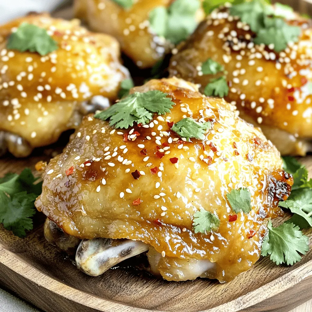 - 4 chicken thighs, bone-in and skin-on - 1/4 cup honey - 3 tablespoons low sodium soy sauce - 4 cloves garlic, minced - 1 teaspoon red pepper flakes - 1 tablespoon fresh ginger, finely grated - 1 tablespoon olive oil - Salt and pepper, to taste - Fresh cilantro, finely chopped - Toasted sesame seeds The main ingredients create a lovely balance of sweet and savory. The chicken thighs are perfect because they stay juicy and tender. Honey adds sweetness, while soy sauce gives depth. Garlic and ginger provide a fresh kick. You can adjust the heat with red pepper flakes. If you love spice, add more! Salt and pepper help enhance the flavors. For garnishes, fresh cilantro adds brightness. Toasted sesame seeds add crunch and nuttiness. Together, these ingredients make your dish pop. You can find the full recipe to make this delightful meal. To start, mix honey, soy sauce, minced garlic, red pepper flakes, and grated ginger in a bowl. This blend creates a sweet and spicy marinade that packs a punch. Reserve two tablespoons of this mix for later. Place the chicken thighs in a plastic bag or dish. Pour the marinade over them, ensuring they are well-coated. Seal the bag or cover the dish, then refrigerate for at least one hour. Letting it sit overnight gives the best flavor. Next, set your oven to 425°F (220°C). While waiting for it to heat, line a baking sheet with parchment paper or aluminum foil. This step makes cleanup easy and keeps the chicken from sticking. After marinating, take the chicken out and let excess marinade drip off. Season both sides with salt and pepper. In a large, oven-safe skillet, heat olive oil over medium-high heat. Carefully add the chicken thighs skin-side down. Sear them for about 5-7 minutes. Look for a nice golden brown color on the skin. Once the skin is crispy, flip the chicken thighs over. Now pour the reserved marinade over the top. Move the skillet to the preheated oven. Bake for 25-30 minutes. The chicken should reach an internal temperature of 165°F (75°C) to ensure it’s fully cooked. To keep the chicken juicy and flavorful, baste it with the pan juices during the last 10 minutes of baking. This extra step helps lock in all the delicious flavors. When the chicken is done, carefully remove the skillet from the oven. Let the chicken rest for a few minutes. Before serving, sprinkle with chopped cilantro and toasted sesame seeds for a fresh touch. This makes the dish not only tasty but also beautiful. For the full recipe, check the details above. To get the best flavor from your spicy honey garlic chicken thighs, adjust the spice level with red pepper flakes. If you like more heat, add extra flakes. For a milder taste, use less. The key is to find what suits your palate. Marinating the chicken is also very important. Aim for at least one hour in the fridge. If you can, let it marinate overnight. This allows the flavors to soak in deeply, making your dish more tasty. For that perfect crispiness, heat your skillet to medium-high before adding the chicken. The oil should shimmer but not smoke. This high heat helps the skin get golden and crispy. To avoid sticking, make sure your skillet is well-oiled. When placing the chicken, don't move it around. Let it sear for about 5 to 7 minutes before flipping. This forms a nice crust and helps keep the juices inside. These chicken thighs pair well with many side dishes. Try serving them with fluffy rice or crispy roasted veggies. A fresh salad also adds a nice crunch and balance. For beverages, a cold iced tea or a light beer works great. Both help cut through the sweetness and spice of the dish. Enjoy your meal with flavors that complement each other beautifully! {{image_4}} You can change the chicken thighs to chicken breast. Chicken breast is leaner and cooks faster. This swap works well if you prefer a lighter dish. Just watch the cooking time to prevent dryness. For a sweet alternative to honey, try maple syrup or agave. Both bring a rich sweetness. They also add a different flavor profile. Maple syrup gives a warm touch, while agave is more neutral. You have options for how to cook your spicy honey garlic chicken thighs. Grilling adds a smoky flavor. Preheat your grill and cook until the chicken is golden brown. Baking is easier and keeps the chicken moist. If you own an Instant Pot, you can use it too. Just marinate the chicken as usual. Then, cook on high pressure for 10 minutes. Let the steam release naturally for the best texture. Want to amp up the flavor? Add citrus, like lime or lemon, to the marinade. Citrus brightens the dish and cuts through the sweetness. It makes every bite burst with flavor. You can also use herbs like rosemary or thyme. These herbs add depth and earthiness. Add them to your marinade or sprinkle on top before cooking. This small change can elevate your dish to new heights. For the full recipe, check out the detailed instructions provided earlier. To keep your spicy honey garlic chicken thighs fresh, store them in the fridge. Place the chicken in an airtight container. It will stay good for about 3 to 4 days. When you reheat, use the oven or microwave. If you use the oven, set it to 350°F (175°C). This helps keep the skin crispy. If using a microwave, cover the chicken to prevent drying out. You can freeze leftover chicken thighs too! Wrap them tightly in plastic wrap or aluminum foil. Place them in a freezer bag for extra protection. They can last up to 3 months in the freezer. When you’re ready to eat, thaw the chicken in the fridge overnight. This keeps the texture nice. You can also use the microwave for quick thawing. Just use the defrost setting and check often. Understanding how long your chicken stays fresh is key. In the fridge, spicy honey garlic chicken thighs last about 3 to 4 days. In the freezer, they can last up to 3 months. Always check for signs of spoilage, like off smells or changes in color. If it looks or smells bad, it’s best to toss it. Enjoy your flavorful dish safely! For the full recipe, check back to ensure you recreate these tasty thighs just right. Yes, you can use boneless chicken thighs. They cook faster than bone-in thighs. Boneless thighs usually take about 20-25 minutes in the oven. The texture will be different, too; they tend to be more tender. Just remember to check for doneness. The internal temperature should reach 165°F (75°C). The spice level is adjustable. I use red pepper flakes for heat. You can add more or less to match your taste. If you want it milder, just use a little. Want more kick? Add a bit more. The honey and garlic balance the heat well. You can use extra marinade safely. Just set aside some before adding chicken. You can use it to baste while baking. Leftover marinade can also be used as a sauce. Keep it in the fridge for up to a week. Always heat it before using. Absolutely! Spicy honey garlic chicken thighs are great for meal prep. Cook a big batch and store them in containers. They keep well in the fridge for up to four days. You can also freeze them for later. Just thaw overnight in the fridge before reheating. Enjoy the full recipe for more details! In this blog post, we covered how to make spicy honey garlic chicken thighs using simple ingredients and steps. You learned to marinate, sear, and bake the chicken for great flavor. I shared tips for adjusting spice levels and suggested side dishes. In conclusion, try this recipe for a delightful meal. Don't forget to explore variations and storage tips. With a bit of practice, you can master this dish and impress your friends and family. Cooking can be fun and rewarding, so enjoy every step!