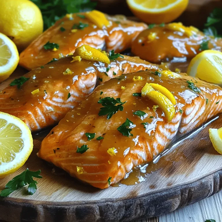 Here’s what you need for your maple glazed salmon: - 4 salmon fillets (approximately 6 oz each) - 1/4 cup pure maple syrup - 2 tablespoons soy sauce (use tamari for a gluten-free option) - 1 tablespoon Dijon mustard - 1 teaspoon garlic powder - 1/2 teaspoon smoked paprika - 1/2 teaspoon salt - 1/2 teaspoon black pepper - Zest of 1 orange - Zest of 1 lemon - Fresh parsley, chopped, for garnish These ingredients work together to create a sweet and savory glaze that makes your salmon shine. The maple syrup gives a rich sweetness, while the soy sauce adds depth. Dijon mustard and garlic powder bring a nice kick, and smoked paprika adds a hint of warmth. The citrus zests brighten up the dish, making it fresh and vibrant. With these ingredients, you can whip up a tasty dinner in no time. You can find the full recipe to guide you through the cooking process. Feel free to get creative with these flavors! To make the maple glaze, first grab a medium bowl. Combine the following ingredients: - 1/4 cup pure maple syrup - 2 tablespoons soy sauce - 1 tablespoon Dijon mustard - 1 teaspoon garlic powder - 1/2 teaspoon smoked paprika - 1/2 teaspoon salt - 1/2 teaspoon black pepper Whisk these ingredients together until smooth. This glaze will give your salmon a sweet and savory flavor. Next, preheat your oven to 400°F (200°C). This step is key for cooking the salmon evenly. To make cleanup easy, line a baking sheet with parchment paper. Now, take your salmon fillets and arrange them on the baking sheet with the skin side down. Make sure to leave space between each fillet. This helps them cook well. Coat each fillet generously with the maple glaze. Remember to save a bit of glaze for later. Place the salmon in the oven and bake for 12-15 minutes. The salmon should flake easily with a fork when it is done. It's also important that the center is no longer pink. Halfway through baking, take the reserved glaze and baste the salmon. This adds flavor and makes it shiny. Once the salmon is done, remove it from the oven. Let it rest for a minute to keep the juices inside. For a final touch, sprinkle fresh parsley on top before you serve. This adds color and freshness to your dish. For a full recipe, refer to the earlier sections. Cooking salmon at the right temperature is key. I recommend baking it at 400°F (200°C). This heat cooks the fish evenly. The salmon should be flaky and tender when done. Always check that it is no longer translucent in the center. Basting the glaze during cooking adds so much flavor. It keeps the salmon moist and gives it a nice shine. I suggest basting halfway through the bake. This step enhances the taste of the maple glaze. Garnishing with fresh parsley makes your dish pop. The bright green color adds freshness and appeal. Lemon wedges on the side give a zesty touch. They also offer a nice bite when squeezed over the fish. For a complete meal, serve the salmon with steamed asparagus or a crisp green salad. These sides balance the sweetness of the maple glaze. They also create a visually stunning plate. Find the full recipe to get all the details you need. {{image_4}} You can easily change the flavor of your maple glazed salmon. Adding herbs makes a big difference. Try fresh dill or thyme. These herbs add a nice, herbal note to the glaze. You can also mix in some crushed red pepper for a hint of heat. Using different citrus can enhance the flavor too. Lime or grapefruit can add a fun twist. The bright citrus plays well with the sweetness of maple syrup. Experiment with these options to find your favorite. You have options when cooking salmon. Grilling is a great way to get a smoky flavor. It gives a nice char and crisp skin. Just brush the salmon with the glaze before grilling. Keep an eye on the cooking time to avoid overcooking. Baking is another easy method. It cooks the salmon evenly and keeps it moist. Follow the steps in the Full Recipe for perfect results. You can also use a stovetop skillet. Just heat oil in the pan and sear the salmon. Finish it with the glaze for a delicious crust. A broiler works well too. It cooks quickly and gives a nice caramelization. Choose your favorite method for a tasty meal! To store leftover maple glazed salmon, place it in an airtight container. Make sure to let the salmon cool to room temperature first. This helps keep it fresh. You can keep it in the fridge for up to three days. If you want to enjoy it later, make sure to reheat it gently. If you want to freeze maple glazed salmon, wrap each piece tightly in plastic wrap. Then, place the wrapped salmon in a freezer bag. This way, it stays safe from freezer burn. It can last up to three months in the freezer. When you're ready to eat it, thaw it overnight in the fridge. To reheat, place the salmon in the oven at 350°F. Bake for about 10 minutes or until heated through. This keeps the salmon moist and tasty. Enjoy your meal! For the full recipe, check out the details above. The best way to cook salmon is to bake it. Baking gives even heat, making it tender. You can also grill salmon for a smoky flavor. Pan-searing is great for a crispy skin. Always preheat your oven or grill for the best results. Aim for a temperature of 400°F (200°C) when baking. This helps the salmon cook evenly without drying out. Yes, you can substitute ingredients in this recipe. For example, use honey instead of maple syrup. This gives the dish a different sweetness. You can swap soy sauce for coconut aminos for a lighter flavor. Dijon mustard can be replaced with yellow mustard if you prefer. These changes can alter the taste but keep it delicious. You can check if salmon is fully cooked by looking for a few signs. First, the salmon should flake easily with a fork. Second, the center should not be translucent. It should look opaque and firm. The internal temperature should reach 145°F (63°C) for safety. Use a meat thermometer for the best accuracy. You now have a simple, tasty recipe for maple glazed salmon. Remember, quality ingredients matter. With the right prep and techniques, you’ll impress everyone at dinner. You can try different herbs or cook methods to keep it fresh. Store leftovers correctly for the best taste later. Enjoy this dish again and again. Happy cooking!