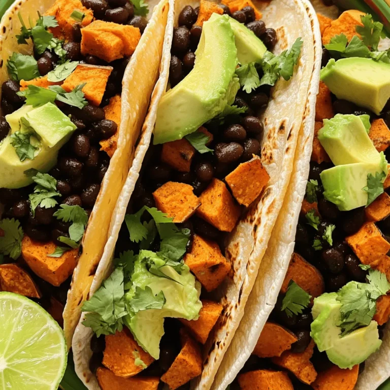 To create these tasty tacos, you need a few key items: - 2 medium sweet potatoes, peeled and cut into small cubes - 1 can (15 oz) black beans, thoroughly rinsed and drained - 1 tablespoon extra virgin olive oil - 1 teaspoon ground cumin - 1 teaspoon smoked paprika - 1 teaspoon garlic powder - Salt and freshly cracked pepper to taste - 8 small corn tortillas These ingredients combine to make a flavorful filling that is both healthy and satisfying. The sweet potatoes give a nice sweetness while the black beans add protein and fiber. You can elevate your tacos with these optional toppings: - 1 ripe avocado, sliced into wedges - Fresh cilantro, finely chopped (for garnish) - Lime wedges (for serving) Each topping brings its own flavor. The avocado adds creaminess, while cilantro gives a fresh burst. The lime adds a zesty twist that brightens the dish. These tacos are not just delicious; they're also nutritious! Here’s a quick look at the benefits: - Sweet potatoes are high in vitamins A and C. - Black beans provide protein and fiber. - This dish is mostly plant-based, making it great for your health. Enjoy these tacos knowing they support your well-being. For the full recipe, check out the complete guide to making Savory Sweet Potato Black Bean Tacos. Start by peeling the sweet potatoes. After peeling, cut them into small cubes. This helps them cook evenly. In a large bowl, add the sweet potato cubes. Drizzle with olive oil, then sprinkle cumin, smoked paprika, garlic powder, salt, and pepper. Mix well until they are coated with the spices. This step adds great flavor. Next, preheat your oven to 425°F (220°C). Once it’s hot, spread the sweet potatoes in a single layer on a baking sheet. Roast them for 25 to 30 minutes. Remember to stir them halfway through cooking. This helps them caramelize nicely. You want them to be tender and slightly crispy on the outside. While the sweet potatoes roast, heat the black beans. In a small saucepan over medium heat, add the rinsed black beans. Stir them occasionally until hot. Season with salt and pepper to taste. Now, warm the corn tortillas in a dry skillet over medium heat. Heat each for about 30 seconds on both sides. This makes them soft and ready for filling. Now, it’s time to build your tacos! Take a warm tortilla and add a scoop of roasted sweet potatoes in the center. Top it with a spoonful of heated black beans. Then, add a few slices of avocado. Finish with a sprinkle of fresh cilantro. Serve with lime wedges on the side for extra zest. Enjoy your tasty creation! For detailed cooking steps, check the Full Recipe. To get sweet potatoes just right, cut them into small, even cubes. This helps them cook evenly. Use olive oil to coat the cubes well. Olive oil adds flavor and helps with roasting. Don’t forget to season them with cumin, smoked paprika, and garlic powder. These spices really enhance the sweet potatoes’ taste. Roast them at 425°F (220°C) for 25-30 minutes. Stir them halfway to ensure they brown nicely. The goal is a tender inside with a crispy outside. Warming tortillas is easy! Use a dry skillet over medium heat. Place one tortilla in the skillet for about 30 seconds. Flip it over and heat the other side for another 30 seconds. This method makes them soft and flexible. You can also stack warmed tortillas in a clean kitchen towel to keep them warm while you finish the rest. Avoid the microwave; it can make tortillas tough. When you serve your tacos, arrange them on a bright platter. This makes the dish pop! Add extra cilantro sprigs and lime wedges for color. The lime adds a zesty touch that brightens the flavors. For a fun twist, serve with a side of salsa or guacamole. This adds more flavor and variety. Remember, how you present food can make it more enjoyable! For the full recipe, check out the earlier section. {{image_4}} You can boost the protein in your tacos easily. Try adding grilled chicken or shrimp. For a plant-based option, add quinoa or tofu. These choices make the meal more filling. Simply cook your chosen protein and add it to the tacos. This change gives a new twist to the original recipe. If you enjoy spice, consider adding jalapeños or hot sauce. You can also mix in red pepper flakes or diced chipotles. These ingredients bring a kick to your tacos. Just add them to the sweet potatoes or black beans. Adjust the amount to suit your taste. To keep your meal vegan, all ingredients in the recipe are already plant-based. For gluten-free options, stick to corn tortillas. You can also explore using lettuce wraps instead of tortillas. This change keeps the dish light and fresh. It’s an easy way to cater to different diets while still enjoying great flavors. For more ideas, check the Full Recipe for additional ways to customize your tacos. Store any leftover tacos in an airtight container. This keeps them fresh and tasty. You can place them in the fridge for up to three days. If you have leftover filling, store it separately. This helps keep the tortillas from getting soggy. When you are ready to eat, simply reheat the filling and assemble your tacos. To freeze sweet potatoes and beans, let them cool first. Place the cooled sweet potatoes and black beans in separate freezer bags. Squeeze out any air before sealing. You can freeze them for up to three months. When you want to enjoy them, thaw them overnight in the fridge. This way, they stay fresh and ready for cooking. Reheat the sweet potatoes and beans on the stove for best results. Use low heat and stir occasionally to warm them through. You can also use a microwave. Place the filling in a microwave-safe bowl and cover it. Heat for one to two minutes, stirring halfway. Warm the tortillas in a dry skillet for a few seconds. This makes them soft again and ready to hold your tasty filling. For the full recipe, check out the complete cooking guide. I recommend using small corn tortillas. They have a nice flavor and texture. They hold up well with the filling. You can also use flour tortillas if you prefer. Look for ones that are soft and pliable. Yes, you can prepare the sweet potatoes and black beans ahead. Roast the sweet potatoes and store them in the fridge. You can also heat the black beans and keep them warm. Just warm the tortillas right before serving. This makes taco night easy and fun! You can adjust the spices to fit your taste. Add chili powder for heat or lime zest for brightness. Try fresh herbs like oregano or thyme for more flavor. Taste the filling before serving and adjust as needed. These tacos pair well with a fresh salad or simple rice. You might also enjoy a side of guacamole or chips. A creamy sauce can add extra flavor as well. For drinks, try fresh lemonade or a light beer. For the full recipe, check out the details above! Sweet potato black bean tacos offer a tasty and healthy meal option. We covered essential ingredients like sweet potatoes and beans. The steps for prepping, roasting, and assembling are simple. Tips ensure perfect results every time. Variations allow for added protein or spice. Storing and reheating are quick and easy. You are ready to enjoy these delicious tacos. Try different toppings and sides to make it your own. Enjoy your cooking journey!