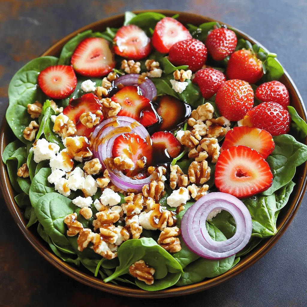 - 5 cups fresh baby spinach - 2 cups ripe strawberries - 1/2 cup creamy feta cheese - 1/4 cup walnuts - 1/4 cup balsamic glaze - 2 tablespoons honey - Sea salt and freshly ground black pepper Spinach strawberry salad bursts with flavor. Fresh baby spinach provides a crisp base. Ripe strawberries add sweetness and brightness. The colors pop, making your salad look amazing. Feta cheese brings a creamy touch. It pairs well with the tartness of strawberries. Walnuts add crunch, making every bite exciting. For the dressing, combine balsamic glaze and honey. This mix gives the salad a sweet and tangy taste. Season with sea salt and black pepper. This simple dressing elevates the entire dish. You can find the full recipe at the end. It's easy to make and perfect for any meal. Enjoy this salad as a healthy side or a light main dish! Start your salad by placing 5 cups of fresh baby spinach in a large mixing bowl. The spinach serves as the vibrant base for this dish. Next, scatter 2 cups of sliced strawberries atop the spinach. Their bright red color and sweet taste bring life to the salad. Now, sprinkle 1/2 cup of crumbled feta cheese over the salad. The creamy feta adds a rich texture that balances the fresh flavors. Then, add 1/4 cup of thinly sliced red onion. This gives your salad a nice pop of sharpness. Finally, toss in 1/4 cup of roughly chopped walnuts. They provide a satisfying crunch that contrasts beautifully with the soft ingredients. For the dressing, whisk together 1/4 cup of balsamic glaze and 2 tablespoons of honey in a small bowl. This mixture creates a sweet and tangy flavor that enhances your salad. Drizzle the dressing over the salad, then toss gently to combine everything. Make sure each ingredient gets coated in the dressing. Season with sea salt and freshly ground black pepper to taste. This step brings all the flavors together. Enjoy your Spinach Strawberry Delight Salad for a fresh and tasty meal. If you want, you can check the Full Recipe for more details. - For a stunning look, serve in a large, shallow bowl. - You can also use individual plates for a personal touch. - Garnish with extra strawberries to enhance the color. - Drizzle some balsamic glaze on top for added flair. - Try different nuts, like pecans or almonds, for variety. - You can use goat cheese instead of feta for a new taste. - Adjust the sweetness of the dressing with more or less honey. - A splash of lemon juice can brighten the flavors, too. - Spinach is full of vitamins A, C, and K, plus iron. - Strawberries offer fiber and antioxidants, which support health. - Walnuts provide healthy fats and protein, making them a great choice. - Feta cheese adds calcium and a creamy texture to the salad. This salad is not just tasty; it’s also a great way to enjoy healthy ingredients. For more details, check the Full Recipe for the perfect balance of flavors and textures. {{image_4}} You can boost your salad with proteins. Adding grilled chicken gives a hearty touch. Simply slice the chicken and layer it on top. Tofu is a great plant-based option. Just cube it and lightly sauté before adding. Another quick fix is to toss in beans. Chickpeas or black beans add protein and texture. They also make the salad filling and satisfying. Dressing can change the whole vibe of your salad. Try a citrus vinaigrette for a bright twist. Mix fresh orange juice, olive oil, and a pinch of salt. It brings a light, zesty flavor. If you prefer something sweeter, use balsamic glaze. You can also explore creamy dressings. A yogurt-based ranch or a lemon tahini dressing adds richness. These options cater to varied tastes and preferences. Seasonal ingredients can enhance your salad's flavor. In summer, swap strawberries for blueberries. They provide a sweet burst and a fun color. You can also add seasonal herbs like basil or mint. These herbs bring freshness and aromatic notes. Feel free to mix and match based on what’s in season. Experimenting lets you enjoy new flavors in your Spinach Strawberry Salad. For the full recipe, check out the details above! To keep your salad fresh, store ingredients separately. This way, the spinach stays crisp, and the strawberries stay juicy. If you dress the salad, it will become soggy over time. Always dress the salad just before serving. Store the spinach, strawberries, and nuts in airtight containers in the fridge. How long does the salad last in the fridge? If you store it correctly, the undressed salad can last for about three days. Dressed salad, however, should be eaten within a day for the best taste. To revive leftovers, add a splash of balsamic glaze or a bit of fresh honey to perk up the flavors. Can you freeze prepared or dressed salad? No, freezing a dressed salad can ruin its texture and flavor. Instead, you can freeze individual components. For example, wash and freeze spinach in a freezer bag. Strawberries can also be frozen once sliced. Just ensure they’re dry before freezing to avoid clumping. To make a Spinach Strawberry Salad, follow these quick steps: 1. Gather your ingredients: You need fresh spinach, strawberries, feta cheese, red onion, walnuts, balsamic glaze, honey, sea salt, and black pepper. 2. Prepare the spinach: Place 5 cups of spinach in a large bowl. 3. Add strawberries: Slice 2 cups of strawberries and scatter them over the spinach. 4. Include feta: Crumble 1/2 cup of feta cheese on top. 5. Add onions and nuts: Thinly slice 1/4 cup of red onion and add it. Then, chop 1/4 cup of walnuts and sprinkle them in. 6. Make the dressing: In a small bowl, whisk 1/4 cup of balsamic glaze with 2 tablespoons of honey. 7. Dress the salad: Drizzle the dressing over the salad. Toss gently to mix. 8. Season and serve: Add sea salt and black pepper to taste. Serve immediately or chill for 15 minutes. This salad is ready in just 15 minutes! You can find the Full Recipe above. If you need a substitute for feta cheese, here are some great options: - Goat cheese: It has a similar tangy flavor. - Ricotta cheese: Creamy and mild, a great texture alternative. - Cottage cheese: A lower-fat option that still adds creaminess. - Vegan feta: Made from nuts or tofu, perfect for dairy-free diets. These choices suit various dietary needs. Yes, Spinach Strawberry Salad is healthy! Here’s why: - Spinach: Rich in vitamins A, C, and K. It’s also high in iron and antioxidants. - Strawberries: Low in calories and packed with vitamin C. They also have fiber for digestion. - Walnuts: Provide healthy fats and protein, good for heart health. - Feta cheese: Adds calcium and healthy protein to the mix. Together, these ingredients create a nutrient-rich dish. You can meal prep this salad! Here are some tips: - Keep ingredients separate: Store spinach, strawberries, and dressing in different containers. This keeps everything fresh. - Prepare ahead: You can wash and chop the spinach and strawberries a day before. - Assemble when ready: Mix everything together just before eating. This ensures the salad stays crisp. This way, you can enjoy a fresh salad any time! The taste of Spinach Strawberry Salad depends on a few key factors: - Ingredient quality: Fresh, ripe strawberries and crisp spinach make a big difference. - Seasoning: Proper seasoning with salt and pepper enhances flavors. - Dressing balance: The right amount of sweetness from honey and acidity from balsamic glaze is vital. - Texture variety: The crunch from walnuts and creaminess from feta add depth to each bite. These elements all contribute to a delicious salad experience! This guide covers how to make a delicious Spinach Strawberry Salad. We discussed fresh ingredients, creamy feta, and crunchy walnuts. You learned step-by-step instructions for preparing the salad and its dressing. You also found tips for serving and enhancing flavors. Remember, feel free to adapt the salad to your taste. Explore new ingredients, try different dressings, and enjoy the health benefits. With these ideas, you can make a great meal every time. Enjoy your cooking adventure!