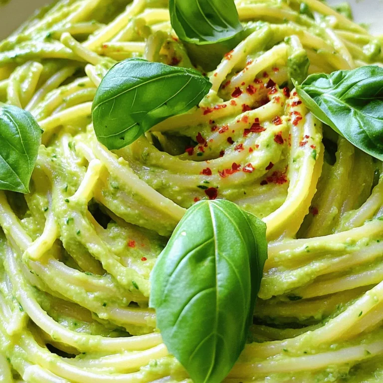 - 2 ripe avocados - 2 cloves garlic - 1 tablespoon lemon juice - 1/4 cup fresh basil leaves - 1/4 cup grated Parmesan cheese (or nutritional yeast) - 1/2 teaspoon crushed red pepper flakes (optional) - Salt and black pepper to taste - 12 oz spaghetti or preferred pasta - 1/4 cup reserved pasta cooking water - 1 tablespoon extra virgin olive oil To make creamy avocado pasta, you need simple, fresh ingredients. Start with two ripe avocados. These give the sauce its rich creaminess. Next, grab two cloves of garlic. Mince them to add flavor. You will also need some lemon juice. One tablespoon brightens the dish. Fresh basil leaves bring a lovely aroma. You need a quarter cup for a fragrant touch. For added richness, use Parmesan cheese or nutritional yeast for a vegan option. The recipe calls for a quarter cup. If you want a bit of heat, add crushed red pepper flakes. Half a teaspoon is enough for a gentle kick. Don't forget salt and black pepper for seasoning. For the pasta, twelve ounces of spaghetti works well, but you can use any pasta you like. Finally, remember to save a quarter cup of the starchy pasta cooking water. This will help create a smooth sauce. A tablespoon of extra virgin olive oil adds a lovely finish. These ingredients come together to make a dish that tastes amazing and is easy to enjoy. For a full list of instructions, check out the Full Recipe. To start, fill a large pot with water. Add a generous pinch of salt. This helps flavor the pasta. Bring the water to a rolling boil. Once boiling, add the spaghetti. Cook it according to the package instructions, usually around 8 to 10 minutes. You want it al dente, which means it should still have a slight bite. Before you drain the pasta, remember to reserve about 1/4 cup of that starchy water. This water helps make the sauce creamy. Now, let’s create the avocado sauce. Grab your food processor and add the ripe avocados, minced garlic, lemon juice, fresh basil leaves, and grated Parmesan cheese. If you want a vegan version, swap the cheese for nutritional yeast. Add the optional red pepper flakes for a spicy kick. Blend everything on high until the mixture is smooth and creamy. If it seems too thick, slowly add a tablespoon of the reserved pasta water. Blend again until you reach the right texture. Taste your sauce and season with salt and black pepper as needed. In a large mixing bowl, combine the drained spaghetti with the creamy avocado sauce. Use tongs or a large spoon to toss the pasta. Make sure every strand gets coated in that rich sauce. If you want it creamier, add more reserved pasta water, a little at a time. This step is key for that perfect texture. Your creamy avocado pasta is almost ready to enjoy! - Choosing ripe avocados for the best flavor: Look for avocados that feel slightly soft when you press them. They should yield just a bit under gentle pressure. If they are hard, they are not ripe yet. - Balancing flavors with garlic and lemon juice: Use fresh garlic for a strong taste. Fresh lemon juice adds a bright note and prevents the avocado from browning. Start with one clove, then adjust to your liking. - Customizing spice levels with red pepper flakes: If you enjoy heat, add red pepper flakes to your sauce. Start with a pinch and taste. You can always add more if you want it spicier. - Plating ideas for a beautiful presentation: Serve your creamy avocado pasta in shallow bowls. Twirl the pasta with a fork for a lovely shape. Drizzle olive oil on top for shine. - Optional toppings for enhanced flavor: Add grated Parmesan cheese or nutritional yeast for a cheesy bite. Fresh basil leaves also add color and taste. - Pairing suggestions for side dishes: This pasta pairs well with a light salad or garlic bread. A simple green salad keeps it fresh and adds crunch. - Health benefits of avocados: Avocados are rich in healthy fats, vitamins, and minerals. They can help keep your heart healthy and boost your mood. - Dietary alternatives (vegan options): To make this dish vegan, use nutritional yeast instead of Parmesan cheese. It gives a cheesy flavor without dairy. - Serving sizes and calorie information: This recipe serves four. Each serving has about 400 calories, depending on your toppings and pasta type. Adjust portions as needed based on your diet. For the full recipe, check out Creamy Avocado Pasta Extravaganza! {{image_4}} You can boost your creamy avocado pasta with protein. Adding chicken or shrimp gives it a nice touch. Simply grill or sauté the chicken or shrimp and mix it in with the pasta. You can also use chickpeas for a vegan option. Just toss canned or cooked chickpeas into the mix for extra texture and protein. If you need gluten-free options, you can choose gluten-free pasta made from rice or quinoa. These pastas taste great and cook well. When preparing, check for any added ingredients that may contain gluten. Additionally, ensure your utensils and pots are clean to avoid cross-contamination. To change up the flavors, try adding fresh herbs like cilantro or parsley. These herbs can brighten the dish and add freshness. You can also experiment with spices like cumin or paprika. A sprinkle of either can give your pasta a unique twist. Explore different combinations to find your favorite mix! For the full recipe, check out the detailed instructions and ingredient list for this delightful dish! To keep creamy avocado pasta fresh, follow these tips: - Use airtight containers to store your leftovers. - Place the pasta in the fridge within two hours of serving. - Avoid metal containers, as they can react with the avocado. The best time to consume leftovers is within two days. The longer it sits, the more it may brown. If you see brown spots, just stir the pasta. When reheating creamy avocado pasta, aim to maintain its rich texture. Here’s how: - Microwave: Place pasta in a microwave-safe bowl. Heat in short bursts of 30 seconds. Stir after each burst to warm evenly. - Stovetop: Add a splash of water or olive oil to the pan. Heat on low, stirring often. This keeps the sauce creamy and prevents burning. Can you freeze creamy avocado pasta? Yes, but there are some caveats: - The texture may change after thawing. The avocado might not stay as creamy. - If you plan to freeze it, do so before mixing in the sauce. For freezing: - Place the cooled pasta in a freezer-safe container. - Seal tightly and label with the date. Store for up to three months. - To thaw, let it sit in the fridge overnight. Reheat as mentioned above. To keep your avocado fresh, use these tips: - Lemon Juice: The acid in lemon juice slows browning. Add it to your avocado right away. - Cover Tight: Store cut avocado in an airtight container. This limits air exposure. - Use Water: Submerge the cut avocado in water. This keeps it fresh for longer. These methods work well to maintain that beautiful green color. Yes, you can prep this dish in advance. Here are some recommendations: - Make the Sauce: Blend the avocado sauce a few hours before serving. Store it in the fridge. - Cook Pasta: You can cook the pasta, but store it separately. Mix it with the sauce before serving. - Combine Later: Mix the sauce with the pasta just before you eat. This keeps everything fresh and tasty. Doing this helps you enjoy a quick meal later. You have many options for pasta types. Here are some great suggestions: - Spaghetti: Classic choice that pairs well with the sauce. - Fettuccine: Wider noodles hold the creamy sauce nicely. - Penne: The hollow shape catches the sauce for a flavorful bite. - Zucchini Noodles: For a low-carb option, use spiralized zucchini. Feel free to choose any shape you like! Creamy avocado pasta is great for meal prep. Here are a few reasons: - Quick to Assemble: It's easy to make in a short time. - Healthy: Avocados are packed with good fats and nutrients. - Versatile Storage: Store the sauce and pasta separately to keep freshness. This dish can be a delicious meal ready for busy days! This blog post shows you how to make creamy avocado pasta. You learned about essential ingredients and how to combine them. I shared tips to perfect your sauce and ideas for serving. Plus, I explored variations for protein and flavor. Lastly, you got handy storage tips to keep your dish fresh. I hope you try this simple and tasty recipe. It's healthy, quick, and easy to love. Enjoy your cooking!