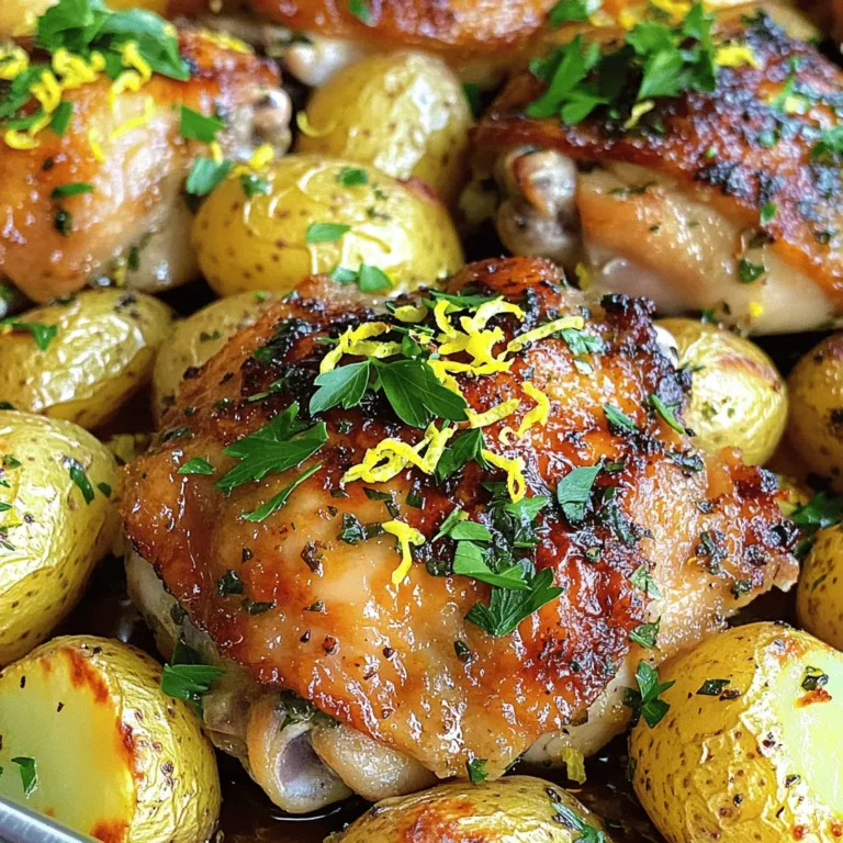 Cooking this sheet pan lemon herb chicken and potatoes is simple, and all you need are a few key ingredients. Here’s a complete list to get you started. - Chicken and Potatoes - 4 bone-in, skin-on chicken thighs - 1.5 pounds baby potatoes, halved - Marinade Components - 3 tablespoons extra virgin olive oil - Zest and juice of 2 fresh lemons - 4 cloves garlic, finely minced - Seasonings and Garnishes - 2 teaspoons dried oregano - 1 teaspoon dried thyme - Salt and freshly cracked black pepper to taste - Fresh parsley, finely chopped (for garnishing) Using fresh ingredients makes a big difference in flavor. I love how the lemon brightens the dish. The chicken stays juicy, and the potatoes soak up all the tasty marinade. When you combine all these elements, you set the stage for a delightful meal. For the full recipe, check the details above. Enjoy cooking! Preheating the Oven Start by preheating your oven to 425°F (220°C). This high heat helps the chicken and potatoes cook evenly and get a nice crispy finish. Preparing the Marinade In a big bowl, mix together the olive oil, lemon zest, lemon juice, minced garlic, oregano, thyme, salt, and pepper. Stir until all the flavors blend well. This marinade adds a bright and zesty flavor to the chicken. Marinating the Chicken Next, add the chicken thighs to the marinade. Make sure each piece gets a good coat. Cover the bowl and let the chicken marinate for at least 20 minutes. This step infuses the chicken with flavor while you prep the potatoes. Seasoning the Potatoes In another bowl, take your halved baby potatoes. Add a tablespoon of olive oil, salt, pepper, and some extra lemon juice if you like. Toss until the potatoes are well coated. This seasoning brings out their natural sweetness. Arranging Ingredients on the Sheet Pan Grab a large baking sheet. Place the marinated chicken thighs in the center, skin side up for that crispy finish. Scatter the seasoned potatoes around the chicken. Make sure they are in a single layer for even cooking. Cooking Time and Temperature Now, put the baking sheet in your preheated oven. Roast everything for about 35 to 40 minutes. This helps the chicken reach an internal temperature of 165°F (74°C) and makes the potatoes tender with a golden crust. Checking for Doneness After roasting, check the chicken's temperature with a meat thermometer. Make sure it hits that 165°F mark. The potatoes should be soft when pierced with a fork. Once done, take the baking sheet out and let it rest for a few minutes before serving. For the full recipe, check out the detailed steps and tips. Oven Techniques To get that perfect, crispy skin on your chicken, start by placing it skin-side up on the baking sheet. This helps the heat circulate around the chicken. Make sure your oven is hot. Preheat it to 425°F (220°C). The high heat makes the skin sizzle and turn golden. Broiling for Extra Crispiness For an extra crunch, broil the chicken for the last few minutes. Just watch it closely to avoid burning. Broiling gives the skin a nice, crispy finish that makes the dish even more delicious. Fresh Herb Additions Adding fresh herbs can brighten the dish. Try using basil or rosemary alongside your lemon and garlic. They add depth and make each bite more exciting. Fresh herbs also add a pop of color to your plate. Substituting Ingredients You can swap out the chicken for other proteins like pork or tofu. If you want a different taste, use lime instead of lemon. This simple change can give a fresh twist to the flavor profile. Presentation Tips When serving, lay the chicken and potatoes on a big platter. Garnish with lemon wedges and fresh parsley for a colorful look. This makes the dish more inviting and appetizing. Side Dishes That Complement Pair this dish with a light salad or steamed vegetables. A crisp green salad with a simple vinaigrette balances the meal well. You can also serve some crusty bread to soak up the tasty juices. For the full recipe, check out the complete guide. {{image_4}} You can switch out the chicken if you like. Chicken breasts work well. They cook faster, so reduce the roasting time to around 25-30 minutes. You can also try other cuts of chicken. Drumsticks or wings add a fun twist. Their skin crisps up nicely, and they soak up flavors well. Adding different veggies gives your dish a fresh look. Seasonal vegetables are great. Try zucchini, bell peppers, or carrots. Just cut them to similar sizes for even cooking. Each veggie has its own roasting time. For example, root vegetables like carrots take longer. Aim for about 40 minutes. Softer veggies, like bell peppers, need only about 25 minutes. Get creative with the marinade. You can use herbs like rosemary or basil. Mix them with the olive oil and lemon for a new taste. Don’t forget to try different citrus fruits. Lime or orange juice can change the flavor a lot. Each option adds a unique zing to your chicken and potatoes. For more ideas, check the Full Recipe for inspiration! To keep your leftover sheet pan lemon herb chicken and potatoes fresh, follow these steps: - Refrigeration Guide: Place the leftovers in an airtight container. They will stay good in the fridge for up to 3 days. Be sure to cool them to room temperature before sealing the container. - Freezing Techniques: For longer storage, freeze the chicken and potatoes. Wrap them tightly in plastic wrap or aluminum foil. Then place them in a freezer-safe bag. They can last up to 3 months in the freezer. Thaw in the fridge overnight before reheating. - Best Methods to Reheat Chicken and Potatoes: The best way to reheat is in the oven. Preheat your oven to 350°F (175°C). Place the chicken and potatoes on a baking sheet. Cover with foil to keep them moist. Heat for about 20 minutes or until warmed through. You can also use a microwave, but the oven keeps the chicken crispy. - Maintaining Texture and Flavor: To keep the flavor and texture, avoid overheating. If using a microwave, use medium power and heat in short bursts. Check often to avoid drying them out. A splash of fresh lemon juice can also brighten the flavors when serving. This way, you can enjoy your delicious meal again without losing any taste! For the full recipe, check out the link. You should marinate the chicken for at least 20 minutes. This helps the flavors soak in well. If you have more time, marinate the chicken for one to two hours. This extra time makes the chicken even tastier. Yes, you can use boneless chicken. If you choose boneless thighs or breasts, adjust the cooking time. Boneless chicken cooks faster, so check it after 25 minutes. Always make sure it reaches 165°F (74°C) for safety. I love serving this meal with a simple green salad or steamed veggies. You can also pair it with rice or quinoa for extra carbs. These sides balance the dish and add more color to your plate. Yes, this recipe is gluten-free. All the ingredients used, like chicken, potatoes, and herbs, contain no gluten. Always check labels if you use any new products to ensure they are gluten-free. To check the chicken, use a meat thermometer. The internal temperature should be 165°F (74°C). You can also cut into the thickest part of the chicken. The juices should run clear, not pink. These steps ensure your chicken is cooked and safe to eat. This post covered a full recipe for chicken and potatoes. We looked at ingredients, step-by-step cooking, and helpful tips. You learned how to achieve crispy skin and enhance flavors. I gave options for variations and storage advice too. Cooking can be simple and fun. Use this recipe as a guide to create your meals. Enjoy experimenting with flavors, and share your tasty results. Your kitchen adventures await!